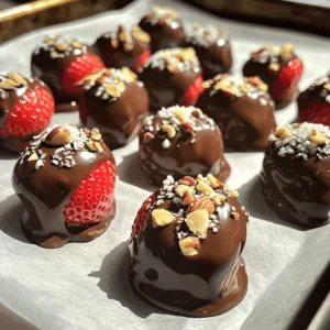 - 1 pound fresh strawberries, thoroughly washed and gently dried - 8 ounces dark chocolate chips (or milk chocolate chips for a sweeter option) - 2 tablespoons coconut oil for a smooth melting texture Fresh strawberries are key for this treat. Choose ripe, firm berries for the best flavor. The chocolate chips you select can change the taste. Dark chocolate gives a rich flavor, while milk chocolate offers sweetness. - 1/4 cup crushed nuts (options: almonds, walnuts, or hazelnuts for crunch) - 1/4 cup shredded coconut (optional, for a tropical twist) - Sea salt for a touch of flavor (optional, to taste) Nuts add a nice crunch and flavor. Almonds are great, but walnuts or hazelnuts work well too. Shredded coconut brings a tropical feel. A sprinkle of sea salt can enhance the taste, balancing the sweetness of chocolate. - Fresh mint leaves for decoration - Drizzled chocolate for added flair When serving, fresh mint leaves add a pop of color. Drizzling some leftover melted chocolate on top can make your bites look even more fancy. These small touches can impress your guests and make the treat more enjoyable. Start by getting your space ready. Line a baking sheet with parchment paper. This helps the chocolate-covered strawberries not stick. It also makes clean-up a breeze. Make sure you have all your tools close by. You will need a microwave-safe bowl and a spatula or spoon. Grab your chocolate chips and coconut oil. Place them in the microwave-safe bowl. Heat them in the microwave for 30 seconds. After each time, stir the mixture. Keep heating and stirring until the chocolate is smooth and shiny. Be careful not to overheat it. Chocolate can burn easily, and burnt chocolate does not taste good. Hold a strawberry by its green leaves. Dip it into the melted chocolate. Make sure to coat it well, but leave the top part dry. After dipping, roll the chocolate part in crushed nuts or shredded coconut if you want. This step adds crunch and flavor. Place each coated strawberry on the baking sheet. Make sure they don’t touch each other. Once all your strawberries are coated, it’s time to chill. Put the baking sheet in the fridge for about 30 minutes. This helps the chocolate harden. After the chocolate sets, take them out. Transfer the strawberries to a serving platter. For a fancy touch, sprinkle a little sea salt on top. Enjoy your tasty chocolate-covered strawberry bites! To get the best chocolate, use a mix of chocolate chips and coconut oil. The coconut oil helps the chocolate melt smoothly. Heat the mixture in short bursts. This keeps the chocolate from burning. Stir it well after each burst. You want a nice, glossy finish. If the chocolate is too thick, add a bit more coconut oil. This will make dipping much easier. After dipping, place your strawberries on parchment paper. This paper keeps them from sticking together. Make sure each strawberry has space around it. If they touch, they may stick when they cool. It’s also a good idea to chill them in the fridge. This helps the chocolate harden quickly and keeps them looking nice. Adding a sprinkle of sea salt can make a big difference. It balances the sweetness of the chocolate. Just a tiny pinch on each strawberry works well. The salt brings out the chocolate’s rich flavor. Plus, it adds a nice touch to each bite. Feel free to experiment with the amount of salt to find your perfect taste. {{image_4}} You can choose different types of chocolate for your bites. Dark chocolate offers a rich taste. It pairs well with the sweetness of strawberries. Milk chocolate is sweeter and loved by many. You can even use white chocolate for a creamy twist. Each type gives a unique flavor. Feel free to mix chocolates for fun. Try half dark and half milk for a balanced treat. Toppings make your chocolate-covered bites even better. Crushed nuts add a nice crunch. You can use almonds, walnuts, or hazelnuts. Shredded coconut brings a tropical feel. If you want something special, use sprinkles or crushed cookies. You can also drizzle more melted chocolate on top. This adds flair and extra sweetness. Experiment with toppings to find your favorites. Mix flavors for exciting bites. For a nutty twist, dip strawberries in dark chocolate and roll in crushed almonds. Add sea salt for a sweet-salty combo. If you love tropical flavors, try milk chocolate with shredded coconut. You can also make a berry burst by using white chocolate and adding crushed freeze-dried strawberries. Each combination creates a new taste experience. Have fun and enjoy the process! To keep your chocolate-covered strawberry bites fresh, store them in an airtight container. Place a piece of parchment paper between layers to avoid sticking. Keep the container in the refrigerator. This method helps maintain their flavor and texture. Do not leave them at room temperature for too long. Warm temperatures can make the chocolate soft. You can freeze chocolate-covered strawberries for later enjoyment. First, place them on a baking sheet in a single layer. Freeze them until firm, about 1-2 hours. Once frozen, transfer them to an airtight container or a freezer bag. This way, they stay fresh for up to 2 months. When you crave a treat, you can enjoy them straight from the freezer or let them thaw in the fridge. - In the refrigerator: Chocolate-covered strawberries last about 3-5 days. - In the freezer: They can last up to 2 months. - Check for any signs of spoilage, like off smells or changes in texture. Enjoy your bites while they are still fresh! Homemade chocolate-covered strawberry bites last about 2-3 days in the fridge. Keep them in an airtight container. The strawberries stay fresh, and the chocolate stays firm. After that, the strawberries may get mushy. Yes, you can use white chocolate! It gives a sweet and creamy flavor. The process is the same as with dark or milk chocolate. Just remember to melt it gently, as white chocolate can burn easily. For parties, arrange the strawberry bites on a colorful platter. Add fresh mint leaves for a pop of green. You can also drizzle extra melted chocolate over the top for flair. Serve them with toothpicks for easy eating! You can find ready-made chocolate-covered strawberry bites at many grocery stores. Look in the dessert or bakery section. Some specialty stores or online shops also offer them. Check for freshness and quality before buying! You learned how to make delicious chocolate-covered strawberries in this post. We covered ingredients, step-by-step instructions, and helpful tips for success. You now know how to enhance flavors and store your treats. Remember, use fresh strawberries and quality chocolate for the best taste. Enjoy experimenting with different chocolates and toppings. Whether for a party or a special treat, these bites are sure to please. Get creative and have fun as you make your own unique versions!