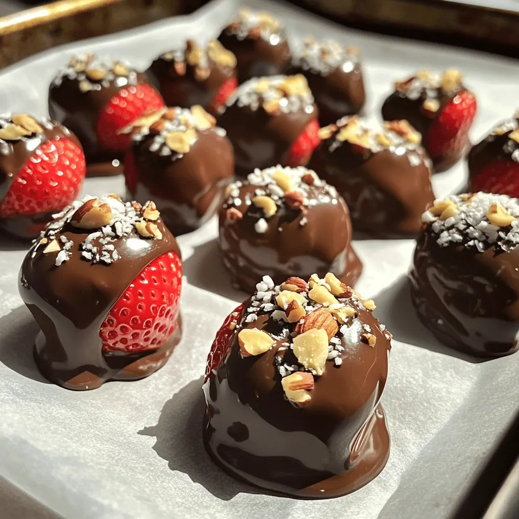 - 1 pound fresh strawberries, thoroughly washed and gently dried - 8 ounces dark chocolate chips (or milk chocolate chips for a sweeter option) - 2 tablespoons coconut oil for a smooth melting texture Fresh strawberries are key for this treat. Choose ripe, firm berries for the best flavor. The chocolate chips you select can change the taste. Dark chocolate gives a rich flavor, while milk chocolate offers sweetness. - 1/4 cup crushed nuts (options: almonds, walnuts, or hazelnuts for crunch) - 1/4 cup shredded coconut (optional, for a tropical twist) - Sea salt for a touch of flavor (optional, to taste) Nuts add a nice crunch and flavor. Almonds are great, but walnuts or hazelnuts work well too. Shredded coconut brings a tropical feel. A sprinkle of sea salt can enhance the taste, balancing the sweetness of chocolate. - Fresh mint leaves for decoration - Drizzled chocolate for added flair When serving, fresh mint leaves add a pop of color. Drizzling some leftover melted chocolate on top can make your bites look even more fancy. These small touches can impress your guests and make the treat more enjoyable. Start by getting your space ready. Line a baking sheet with parchment paper. This helps the chocolate-covered strawberries not stick. It also makes clean-up a breeze. Make sure you have all your tools close by. You will need a microwave-safe bowl and a spatula or spoon. Grab your chocolate chips and coconut oil. Place them in the microwave-safe bowl. Heat them in the microwave for 30 seconds. After each time, stir the mixture. Keep heating and stirring until the chocolate is smooth and shiny. Be careful not to overheat it. Chocolate can burn easily, and burnt chocolate does not taste good. Hold a strawberry by its green leaves. Dip it into the melted chocolate. Make sure to coat it well, but leave the top part dry. After dipping, roll the chocolate part in crushed nuts or shredded coconut if you want. This step adds crunch and flavor. Place each coated strawberry on the baking sheet. Make sure they don’t touch each other. Once all your strawberries are coated, it’s time to chill. Put the baking sheet in the fridge for about 30 minutes. This helps the chocolate harden. After the chocolate sets, take them out. Transfer the strawberries to a serving platter. For a fancy touch, sprinkle a little sea salt on top. Enjoy your tasty chocolate-covered strawberry bites! To get the best chocolate, use a mix of chocolate chips and coconut oil. The coconut oil helps the chocolate melt smoothly. Heat the mixture in short bursts. This keeps the chocolate from burning. Stir it well after each burst. You want a nice, glossy finish. If the chocolate is too thick, add a bit more coconut oil. This will make dipping much easier. After dipping, place your strawberries on parchment paper. This paper keeps them from sticking together. Make sure each strawberry has space around it. If they touch, they may stick when they cool. It’s also a good idea to chill them in the fridge. This helps the chocolate harden quickly and keeps them looking nice. Adding a sprinkle of sea salt can make a big difference. It balances the sweetness of the chocolate. Just a tiny pinch on each strawberry works well. The salt brings out the chocolate’s rich flavor. Plus, it adds a nice touch to each bite. Feel free to experiment with the amount of salt to find your perfect taste. {{image_4}} You can choose different types of chocolate for your bites. Dark chocolate offers a rich taste. It pairs well with the sweetness of strawberries. Milk chocolate is sweeter and loved by many. You can even use white chocolate for a creamy twist. Each type gives a unique flavor. Feel free to mix chocolates for fun. Try half dark and half milk for a balanced treat. Toppings make your chocolate-covered bites even better. Crushed nuts add a nice crunch. You can use almonds, walnuts, or hazelnuts. Shredded coconut brings a tropical feel. If you want something special, use sprinkles or crushed cookies. You can also drizzle more melted chocolate on top. This adds flair and extra sweetness. Experiment with toppings to find your favorites. Mix flavors for exciting bites. For a nutty twist, dip strawberries in dark chocolate and roll in crushed almonds. Add sea salt for a sweet-salty combo. If you love tropical flavors, try milk chocolate with shredded coconut. You can also make a berry burst by using white chocolate and adding crushed freeze-dried strawberries. Each combination creates a new taste experience. Have fun and enjoy the process! To keep your chocolate-covered strawberry bites fresh, store them in an airtight container. Place a piece of parchment paper between layers to avoid sticking. Keep the container in the refrigerator. This method helps maintain their flavor and texture. Do not leave them at room temperature for too long. Warm temperatures can make the chocolate soft. You can freeze chocolate-covered strawberries for later enjoyment. First, place them on a baking sheet in a single layer. Freeze them until firm, about 1-2 hours. Once frozen, transfer them to an airtight container or a freezer bag. This way, they stay fresh for up to 2 months. When you crave a treat, you can enjoy them straight from the freezer or let them thaw in the fridge. - In the refrigerator: Chocolate-covered strawberries last about 3-5 days. - In the freezer: They can last up to 2 months. - Check for any signs of spoilage, like off smells or changes in texture. Enjoy your bites while they are still fresh! Homemade chocolate-covered strawberry bites last about 2-3 days in the fridge. Keep them in an airtight container. The strawberries stay fresh, and the chocolate stays firm. After that, the strawberries may get mushy. Yes, you can use white chocolate! It gives a sweet and creamy flavor. The process is the same as with dark or milk chocolate. Just remember to melt it gently, as white chocolate can burn easily. For parties, arrange the strawberry bites on a colorful platter. Add fresh mint leaves for a pop of green. You can also drizzle extra melted chocolate over the top for flair. Serve them with toothpicks for easy eating! You can find ready-made chocolate-covered strawberry bites at many grocery stores. Look in the dessert or bakery section. Some specialty stores or online shops also offer them. Check for freshness and quality before buying! You learned how to make delicious chocolate-covered strawberries in this post. We covered ingredients, step-by-step instructions, and helpful tips for success. You now know how to enhance flavors and store your treats. Remember, use fresh strawberries and quality chocolate for the best taste. Enjoy experimenting with different chocolates and toppings. Whether for a party or a special treat, these bites are sure to please. Get creative and have fun as you make your own unique versions!