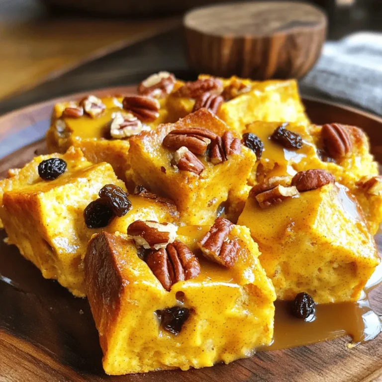 - 6 cups stale bread (preferably challah or brioche) - 2 cups pumpkin puree - 1 cup heavy cream - 1 cup whole milk - 3 large eggs - 3/4 cup packed brown sugar - 1/2 cup chopped pecans - 1/2 cup raisins - 1 teaspoon pure vanilla extract - 1 teaspoon ground cinnamon - 1/2 teaspoon ground nutmeg - 1/2 teaspoon ground ginger - 1/4 teaspoon salt I love using stale bread like challah or brioche for this recipe. It soaks up the pumpkin custard perfectly. The pumpkin puree gives the dish a smooth texture and rich flavor. I always add heavy cream and whole milk for creaminess. The eggs help bind everything together and add a nice rise. Brown sugar adds sweetness and a hint of caramel flavor. Sometimes, I toss in chopped pecans or raisins. They add a lovely crunch and sweetness. You can skip these if you prefer a simpler pudding. I never forget the spices! Pure vanilla extract gives depth to the flavor. Ground cinnamon, nutmeg, and ginger fill the kitchen with warm scents. A little salt balances the sweetness and enhances all the flavors. With these ingredients, you create a cozy and delicious dessert. It’s perfect for fall gatherings or any sweet craving. First, grab a large mixing bowl. Add 2 cups of pumpkin puree, 1 cup of heavy cream, and 1 cup of whole milk. Next, crack in 3 large eggs. Pour in 3/4 cup of packed brown sugar and 1 teaspoon of pure vanilla extract. Whisk everything together until it's smooth and well mixed. Now, let’s add some warmth. Sprinkle in 1 teaspoon of ground cinnamon, 1/2 teaspoon of ground nutmeg, and 1/2 teaspoon of ground ginger. Don’t forget 1/4 teaspoon of salt! Whisk again to blend in those spices evenly. Take 6 cups of cubed stale bread, like challah or brioche. Gently fold the bread into the pumpkin mixture. Make sure each piece gets coated in that creamy custard. Let this sit for 10-15 minutes. Stir occasionally so the bread can soak up all the flavors. If you want some extra crunch, you can add 1/2 cup of chopped pecans or 1/2 cup of raisins now. Fold them in gently to spread them throughout. Prepare your slow cooker by greasing the insert. You can use cooking spray or a bit of butter. Pour the bread mixture into the cooker. Spread it evenly across the bottom. Cover the slow cooker and set it to cook on low. Let it cook for 4-5 hours. You will know it’s done when a knife inserted in the center comes out clean. Now, let it rest for 10 minutes before serving. This helps it firm up a bit for easier slicing. Using stale bread is key for great bread pudding. Fresh bread gets too soggy. Stale bread holds its shape and soaks up the custard well. Aim for bread that is a few days old. If your bread is fresh, leave it out for a day to dry. Soaking time is also important. Let the bread sit in the custard for 10-15 minutes. This gives it time to absorb the mixture. Stir occasionally to coat every piece. You want each bite to be rich and creamy. Spices make this dish special. If you want a stronger flavor, add more cinnamon or nutmeg. You can also try a pinch of allspice or cloves for warmth. Pair the spices with sweetness. Adding maple syrup or brown sugar brings out the pumpkin's natural sweetness. You can also mix in some chopped apples or pears for a fruity twist. Presentation matters. Serve warm bread pudding on dessert plates. Top it with whipped cream or a scoop of vanilla ice cream. A sprinkle of cinnamon adds a nice touch. For garnishes, use chopped pecans or a drizzle of caramel sauce. This adds texture and flavor. You can also serve with fresh fruit, like berries. It makes the dish look colorful and inviting. {{image_4}} You can play with flavors in many ways. First, try different types of bread. While I love challah or brioche, you can use sourdough or even whole wheat bread. Each type adds its own twist to the taste. Next, think about adding chocolate or caramel swirls. Swirling in chocolate chips or caramel sauce can give your pudding a rich touch. This addition makes every bite even more exciting. If you need gluten-free options, you can use gluten-free bread. Just make sure it's stale to get the right texture. You can also mix in gluten-free oats for added nutrition. For dairy-free alternatives, swap heavy cream and milk with coconut milk or almond milk. You can use flax eggs instead of regular eggs. This keeps your dish creamy and delicious, even without dairy. To store leftovers, let the bread pudding cool first. Then, place it in an airtight container. This helps keep it fresh. I suggest using glass containers since they are safe and easy to clean. To reheat in the slow cooker, just place the leftover pudding back in. Set it to low and heat for about 30 minutes. This keeps it moist and tasty. You can also use a microwave. Cut a piece, place it on a plate, and heat it for 30-45 seconds. This is quick and works well if you want a fast treat. Using stale bread is best for bread pudding. Stale bread holds more moisture. It absorbs the pumpkin mixture well. Fresh bread may become too soggy. The texture will not be the same. Always choose stale bread for this recipe. Pumpkin bread pudding can last 3 to 4 days in the fridge. Store it in an airtight container. If you want to keep it longer, freeze it. It can stay good for up to 3 months in the freezer. To reheat, use the slow cooker or oven. Yes, you can make it ahead. Prepare the mixture and store it overnight. Just wait to cook it until you are ready. This way, the flavors blend better. Cook it in your slow cooker the next day. In this blog post, we explored how to make a delicious pumpkin bread pudding. We covered the key ingredients, like stale bread and pumpkin puree, as well as optional add-ins. I shared tips for achieving the best texture and enhancing flavor. You also learned about variations for dietary needs and storage tips. I hope you feel ready to try this recipe. It’s easy, tasty, and perfect for any occasion. Enjoy your cooking!