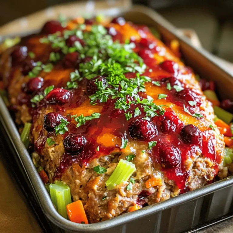 - 1 lb ground turkey - 1/2 cup fresh cranberry sauce - 1/4 cup fresh orange juice - 1 large egg - 1 cup breadcrumbs - 1/2 cup onion, finely chopped - 1/2 cup carrot, grated - 1/4 cup celery, finely chopped - 2 cloves garlic, minced - 1 tsp dried thyme - 1 tsp salt - 1/2 tsp black pepper - 1/2 cup shredded mozzarella cheese - Fresh parsley for garnish I love using ground turkey because it is lean and full of flavor. The fresh cranberry sauce adds a sweet and tart touch. Orange juice brightens the dish and makes it feel fresh. The egg helps bind everything together. I often add finely chopped onion, grated carrot, and celery. These veggies not only add taste but also moisture. Garlic gives it a nice kick. I use breadcrumbs to keep the meatloaf light. Thyme, salt, and pepper are my go-to seasonings. They bring out the best in the turkey. If you want an extra layer of flavor, try adding shredded mozzarella cheese. It melts nicely and keeps the meatloaf moist. Finally, I love to garnish with fresh parsley. It adds color and a fresh taste. - Preheat oven to 350°F (175°C). - In a large mixing bowl, combine: - 1 lb ground turkey - 1 cup breadcrumbs - 1/2 cup finely chopped onion - 1/2 cup grated carrot - 1/4 cup finely chopped celery - 2 cloves minced garlic - 1/2 cup fresh cranberry sauce - 1/4 cup fresh orange juice - 1 large egg - 1 tsp dried thyme - 1 tsp salt - 1/2 tsp black pepper - Mix well with your hands or a spatula. Avoid overmixing for a tender loaf. - If using, fold in 1/2 cup shredded mozzarella cheese. - Shape the mixture into a neat loaf and pack it into a loaf pan. - In a small bowl, whisk together: - Additional cranberry sauce - A splash of orange juice - Brush this glaze over the top of the meatloaf for extra flavor. - Place the loaf pan in the preheated oven. - Bake for 45-55 minutes. Use a meat thermometer to check for doneness. It should reach 165°F (75°C). - Once done, let the meatloaf rest for 10 minutes to keep it juicy. To keep your meatloaf juicy, don't overmix the meat mixture. Mixing too much makes it tough. Just combine until everything is blended. After baking, let your meatloaf rest for about 10 minutes. This resting time helps the juices stay inside when you slice it. You can boost the taste by adding herbs. Fresh thyme or rosemary works well. You might also try garlic powder or onion powder for extra flavor. If you like cheese, fold in some shredded mozzarella. It adds creaminess and moisture to the meatloaf. The glaze should be thick but spreadable. If it is too runny, add more cranberry sauce. For a twist, try mixing in a bit of honey or mustard. This adds new flavors to your glaze and keeps it exciting. {{image_4}} You can switch up the meat for a new taste. Ground beef or chicken both work well. This change can add richer flavors or a lighter touch. If you have a gluten allergy, use gluten-free breadcrumbs. These breadcrumbs hold the meatloaf together without the gluten. You can still enjoy a delicious meal without worry. Want a little heat? Add red pepper flakes to the mix. This spice brings warmth and a kick to every bite. You can also add seasonal items like diced sweet potatoes or chopped apples. These ingredients add a sweet twist that pairs well with the glaze. Try a slow cooker for this recipe. It makes the meatloaf tender and juicy. Just mix the ingredients as usual and place them in the slow cooker. Cook on low for about six hours. Another fun idea is cooking the meatloaf in muffin tins. This gives you cute, individual servings. Plus, they cook faster and are perfect for kids! To store leftover meatloaf, wrap it tightly in plastic wrap or foil. Place it in an airtight container. This keeps the meatloaf fresh. You can store it in the fridge for up to four days. If you want to keep it longer, consider freezing it. To freeze meatloaf, let it cool completely. Slice it into portions if you like. Wrap each slice in plastic wrap, then in foil. This prevents freezer burn. You can freeze the meatloaf for up to three months. When ready to eat, take it out of the freezer. Place it in the fridge overnight to thaw. For reheating, bake it in the oven at 350°F (175°C) until warm. This usually takes about 20-30 minutes. Leftover meatloaf can be used in many ways. Chop it up and add it to pasta for a quick meal. You can also make meatloaf sandwiches. Just add your favorite toppings. Another idea is to crumble it over a salad for extra protein. These options make meal prep easy and fun! To bake your Cranberry Orange Glazed Turkey Meatloaf, set your oven to 350°F (175°C). Cook it for 45 to 55 minutes. The meatloaf is ready when it reaches an internal temperature of 165°F (75°C). Use a meat thermometer to check this. This ensures you enjoy a safe and tasty meal. Yes, you can use ground beef instead of turkey. Ground beef offers a richer flavor. It may also be juicier, but it can be higher in fat. If you want a leaner option, turkey is better. Both will work well with the cranberry orange glaze. Pair your meatloaf with fresh sides for balance. Here are some great options: - Mashed potatoes - Steamed green beans - Roasted Brussels sprouts - A crisp garden salad These sides will complement the sweet and tangy flavors of the meatloaf. Enjoy the variety! In this blog post, we explored how to make a flavorful Cranberry Orange Glazed Turkey Meatloaf. We covered main and optional ingredients that enhance taste. The step-by-step instructions guide you to bake it perfectly. I shared tips to avoid dryness and add flavor. Different variations and storage tips make it easy to customize. Try this recipe for a tasty meal that’s simple and satisfying. It’s a great dish for family dinners or meal prep. Enjoy your cooking!