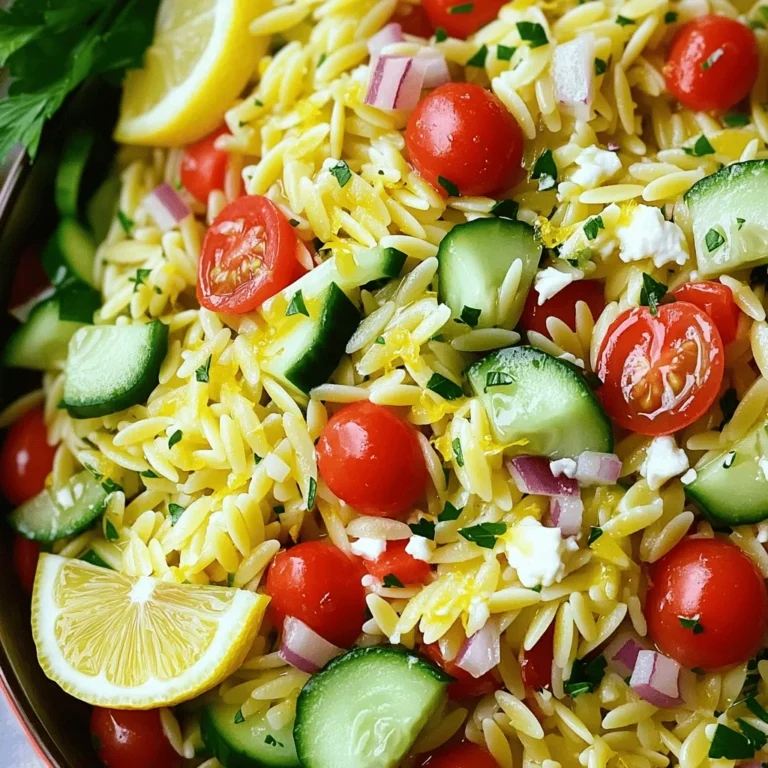 To make this zesty salad, you need these main ingredients: - 1 cup orzo pasta - 2 tablespoons extra virgin olive oil - 3 cloves garlic, finely minced - Zest of 1 fresh lemon - 1/4 cup freshly squeezed lemon juice - 1/2 cup cherry tomatoes, halved - 1/2 cucumber, diced - 1/4 cup red onion, finely chopped - 1/4 cup fresh parsley, roughly chopped - 1/4 cup feta cheese, crumbled - Salt and freshly ground black pepper to taste These ingredients bring fresh and bright flavors to your orzo salad. The garlic and lemon create a lovely base. The vegetables add crunch and color. Feta cheese gives a creamy, salty touch. If you want to kick up the flavor, consider these optional ingredients: - 1/4 teaspoon crushed red pepper flakes This spice adds a nice heat to the dish. Adjust based on your taste. You can also add other herbs or nuts for a twist. You can swap some ingredients for a different taste: - Use whole wheat or gluten-free orzo if needed. - Substitute olive oil with avocado oil for a milder flavor. - Change the feta to goat cheese for a tangy taste. - Add bell peppers or spinach for more veggies. These changes can help you customize the salad to fit your needs. Feel free to explore different flavors and textures! Start by boiling a large pot of water. Add a good amount of salt to the water. Once it boils, add 1 cup of orzo pasta. Cook the pasta for about 9-12 minutes until it is al dente. Drain the orzo in a colander and rinse it with cold water. This stops the cooking and keeps the pasta firm. Set it aside while you work on the other ingredients. In a small skillet, pour in 2 tablespoons of extra virgin olive oil. Heat the oil over medium heat. Once the oil is warm, add 3 cloves of finely minced garlic. Sauté the garlic for 1-2 minutes. Stir it often until it smells great and turns a light golden color. Watch closely to avoid burning it, as burnt garlic tastes bitter. In a large mixing bowl, add the cooled orzo pasta. Pour in the sautéed garlic and olive oil mixture. Add the zest of 1 lemon and 1/4 cup of fresh lemon juice. Use a spatula to mix everything well. Next, fold in 1/2 cup of halved cherry tomatoes, 1/2 diced cucumber, and 1/4 cup of finely chopped red onion. Toss in 1/4 cup of roughly chopped parsley and 1/4 cup of crumbled feta cheese. Mix gently until all the ingredients are evenly spread. Season with salt, freshly ground black pepper, and crushed red pepper flakes if you want some heat. Cover the bowl and refrigerate for at least 30 minutes. This helps the flavors blend well. Before serving, taste it and adjust the seasoning if needed. To get the best texture for your orzo, cook it just right. Follow the package directions carefully. Aim for al dente, which means it should be firm when you bite into it. This usually takes about 9 to 12 minutes. After draining, rinse the orzo with cold water. This stops the cooking and keeps it from getting mushy. You can boost the flavor in this salad in a few simple ways. Adding fresh herbs is a great choice. Try using basil, dill, or mint for a twist. If you like a kick, add crushed red pepper flakes. This will give your salad a spicy touch. You can also mix in some olives for a briny contrast. These additions will make your dish even more delicious. Make your Lemon Garlic Orzo Salad look as great as it tastes. Use a large, colorful bowl to serve it. This adds a pop of color to your meal. For an extra touch, sprinkle more chopped parsley on top. You can also add a lemon wedge on the side. This not only looks nice, but it gives a fresh burst of flavor when squeezed over the salad. {{image_4}} You can easily make this salad more colorful and tasty with vegetables. Try adding bell peppers for crunch and sweetness. You can also include olives for a briny flavor. Roasted zucchini or broccoli adds great texture. Toss in fresh spinach or arugula for a boost of greens. Each of these choices will enhance the salad's flavor while keeping it vegetarian. For extra protein, consider adding chickpeas or cannellini beans. They blend well with the orzo and add heartiness. Grilled tofu also works great for a plant-based option. If you enjoy meat, diced grilled chicken or shrimp makes a delicious addition. These proteins turn the salad into a more filling meal. Using seasonal ingredients can elevate your dish. In summer, ripe heirloom tomatoes are juicy and sweet. In fall, add roasted butternut squash for a warm touch. Spring brings fresh asparagus, which pairs well with lemon. Winter might call for citrus segments like oranges or grapefruits. These seasonal swaps keep your salad fresh and exciting year-round. Store your Lemon Garlic Orzo Salad in an airtight container. This helps keep it fresh and tasty. Place the salad in the fridge right after you make it. It stays good for about 3 days. Make sure to keep it covered to avoid drying out. If the salad looks dry, you can add a bit more olive oil or lemon juice. Freezing this salad is not the best idea. Pasta can get mushy when thawed. If you still want to freeze it, leave out the fresh veggies and feta. Just freeze the orzo and garlic mix. When you are ready to eat, thaw it in the fridge overnight. Then, mix in fresh veggies and cheese before serving. To revive leftover salad, add a dash of olive oil and lemon juice. This brings back the flavors and freshness. Toss it well to mix everything. If it seems too dry, you can add more chopped veggies or herbs. This will make it taste like new again! Enjoy your salad with a burst of flavor. Lemon Garlic Orzo Salad stays fresh for about three to five days in the fridge. Store it in an airtight container to keep it safe from air and moisture. After a few days, the salad can lose its crunch, but it still tastes good! You can serve this salad either warm or cold. Serving it warm brings out the garlic flavor. If you want it cold, chill it in the fridge for at least 30 minutes. Both ways are tasty! No, this salad is not gluten-free because it uses orzo pasta, which is made from wheat. If you need a gluten-free option, try using gluten-free pasta instead. You can find many types that work well in this salad. Lemon Garlic Orzo Salad is fresh and quick to make. We covered key ingredients, like orzo and garlic, and optional add-ins for more taste. I shared simple steps to cook the orzo and sauté the garlic. Using tips helped make it look great and taste amazing. Variations let you customize it to your liking and still keep it healthy. Proper storage helps keep leftovers tasty. Try this salad at your next meal for a delicious update!