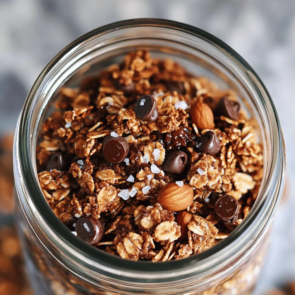 - 2 cups old-fashioned rolled oats - 1 cup chopped nuts (like almonds, walnuts, or your favorite blend) - 1/2 cup unsweetened cocoa powder - 1/2 cup pure maple syrup - 1/3 cup coconut oil, melted (plus a little more for greasing) - 1/2 cup dark chocolate chips (70% cocoa or higher for a rich flavor) - 1/4 teaspoon sea salt (plus more for garnish) - 1 teaspoon pure vanilla extract - Optional: 1/2 cup dried fruit (like dried cranberries, cherries, or raisins) When I make this granola, I grab the old-fashioned rolled oats first. They give the granola its hearty base. Next, I chop my favorite nuts. Almonds or walnuts work best, but use what you love. Then I mix in unsweetened cocoa powder. This adds a rich chocolate flavor. After that, I measure out pure maple syrup. It adds sweetness and binds everything. I also melt coconut oil, which makes the granola crispy. Then I combine dark chocolate chips. They are key for that melty, chocolatey goodness. I sprinkle in sea salt for a nice contrast. Lastly, I add pure vanilla extract for depth. If I want some chewiness, I toss in dried fruit. Using these ingredients, you create a tasty snack. This granola is great on its own, or you can enjoy it with yogurt or milk. The mix of flavors and textures makes it special. - Preheat your oven to 350°F (175°C). - Line a baking sheet with parchment paper. Lightly grease it to help with cleanup. - In a large bowl, combine 2 cups of old-fashioned rolled oats, 1 cup of chopped nuts, and 1/2 cup of unsweetened cocoa powder. - Stir them well to mix all dry ingredients. - In another bowl, whisk together 1/2 cup of pure maple syrup, 1/3 cup of melted coconut oil, 1 teaspoon of pure vanilla extract, and 1/4 teaspoon of sea salt. - Make sure the mixture is smooth and well combined. - Pour the wet mixture over the dry ingredients. - Stir until the oats and nuts are well coated. - Spread the mixture on the prepared baking sheet. Press it down a bit to help it clump. - Bake in the preheated oven for 20-25 minutes. - Stir the granola halfway through to ensure even browning. Keep an eye on it to avoid burning. - Once baked, take the granola out and let it cool on the baking sheet. - As it cools, it will get crispier. - While warm, mix in 1/2 cup of dark chocolate chips. You can also add 1/2 cup of optional dried fruit. - Break the cooled granola into clusters for serving. To get those perfect clusters, press the granola mixture down before baking. This simple step helps the granola stick together better. Use a spatula to flatten it out. Watch the granola closely while it bakes. Overbaking can lead to a burnt taste, so keep an eye on it. Choosing quality dark chocolate chips makes a big difference. Aim for chips that have at least 70% cocoa. This adds richness and depth to your granola. You can also add a bit more sea salt. This contrast brings out the chocolate flavor and makes each bite special. Get creative with how you serve your granola. Mason jars make a fun and rustic display. You can layer it with yogurt and fruit for a tasty breakfast. Or, simply enjoy it with milk for a satisfying snack. {{image_4}} You can change the nuts in this recipe. Try pecans or hazelnuts. These nuts add a new flavor. You can also mix different nuts for more crunch. Simply replace the chopped nuts in the recipe with your choice. Just keep the same amount. This way, you still enjoy that great texture. Want to spice things up? Add cinnamon or nutmeg to the mix. These spices pair well with chocolate. Just a pinch can make a big difference. You can sprinkle them in when mixing the dry ingredients. Feel free to experiment with other spices too. If you need a different sweet taste, use agave syrup or honey. Both options work well in this granola. They can add a unique flavor twist. Just swap them in for the maple syrup. Remember to keep the same amount to ensure the right sweetness. To keep your dark chocolate sea salt granola fresh, use an airtight container. This will stop air and moisture from making it soggy. Glass jars or plastic containers work well. Make sure to seal it tightly after each use. When stored right, this granola stays fresh for about two weeks. After that, its flavor and crunch may fade. To enjoy it longer, follow the freezing options below. You can freeze granola for up to three months. To do this, place the granola in a freezer bag. Squeeze out as much air as you can before sealing. When you want to eat it, just thaw it in the fridge overnight. Enjoy your tasty snack anytime! Yes, you can make this granola gluten-free. Just use certified gluten-free oats. These oats ensure that you avoid any cross-contamination with gluten. Check the label when you buy them to be safe. This way, everyone can enjoy this tasty snack without worry. You can replace coconut oil with other oils. Vegetable oil works well and has a neutral flavor. If you prefer a richer taste, butter is a great choice too. Just melt it before mixing it with the other wet ingredients. You can serve this granola in many ways. Enjoy it as a snack straight from the jar. It also makes a great breakfast when mixed with milk. Try it as a topping on yogurt for added crunch and flavor. Get creative with your serving ideas! To lower the sugar in your granola, use less maple syrup. You can also try using unsweetened applesauce as a substitute. Another option is to add more cocoa powder for a rich taste without the extra sugar. Experiment until you find the perfect balance! This granola recipe is simple, tasty, and full of healthy ingredients. You learned about the key items needed and step-by-step instructions to create it. I shared tips for perfect clusters and flavor boosts, along with fun serving ideas. You can switch ingredients for your taste or storage preferences. Enjoy your homemade dark chocolate sea salt granola as a snack or breakfast, and remember to store it properly for freshness!