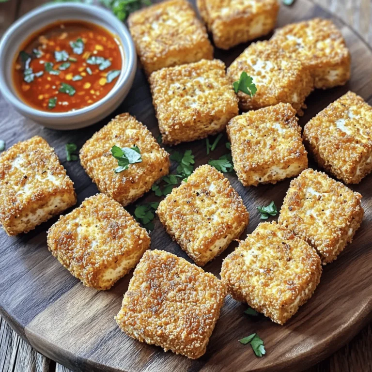 - 14 oz firm tofu, well-pressed and cubed - 1 cup panko breadcrumbs - 1/2 cup cornstarch - 2 tablespoons soy sauce - 1 tablespoon olive oil - 1 teaspoon garlic powder - 1 teaspoon onion powder - 1 teaspoon smoked paprika - 1/2 teaspoon freshly ground black pepper - 1/2 teaspoon salt - Dipping sauce suggestions: sweet chili sauce, vegan ranch dressing These ingredients make crispy air fryer tofu nuggets that are simple and tasty. Firm tofu gives a great base. Pressing the tofu removes moisture. This step is key for crispiness. Panko breadcrumbs add crunch. Cornstarch helps form a nice crust. Soy sauce and olive oil bring flavor and moisture. The spices are simple yet effective. Garlic powder adds depth. Onion powder enhances sweetness. Smoked paprika gives a nice smoky touch. Black pepper and salt round out the taste. For extra fun, you can pick dipping sauces. Sweet chili sauce is sweet and spicy. Vegan ranch dressing is creamy and cool. These sauces make the nuggets even better. Enjoy experimenting with flavors! Pressing the tofu First, you need to press the tofu. This step is crucial. Pressing removes excess moisture, which helps the tofu get crispy. Wrap the tofu block in a clean kitchen towel. Place something heavy on top, like a cast-iron skillet. Let it sit for about 20 minutes. This process makes a big difference in texture. Cutting into cubes Once the tofu is pressed, take it out of the towel. Cut the tofu into bite-sized cubes. Aim for pieces about 1 inch in size. This size helps them cook evenly. Even cooking means perfect crispiness! Mixing dry ingredients In a large bowl, mix the dry ingredients. Combine cornstarch, garlic powder, onion powder, smoked paprika, black pepper, and salt. This mix adds great flavor to the tofu. Make sure to blend it well. Coating tofu and marinating Now, add the tofu cubes to the bowl. Toss them gently in the dry mixture. Ensure each piece is coated evenly. Next, drizzle soy sauce and olive oil over the tofu. Use a spatula or your hands to mix it well. Let the tofu marinate for about 10 minutes. This allows the flavors to soak in. Dredging in panko breadcrumbs Take each marinated tofu cube and dredge it in panko breadcrumbs. Press down slightly. This helps the breadcrumbs stick better to the tofu. The more coating, the crunchier the nuggets! Air frying process Preheat your air fryer to 400°F (200°C). Arrange the breaded tofu nuggets in a single layer in the air fryer basket. If needed, cook in batches to avoid overcrowding. Air fry for 10-12 minutes. Shake the basket halfway through. This ensures even crispiness. When they are golden brown and crunchy, they are ready to enjoy! To get super crispy tofu nuggets, start by removing as much moisture as possible. Moisture makes it hard for the nuggets to crisp up. Press the tofu for at least 20 minutes. Use a clean towel and a heavy weight to help. Next, use panko breadcrumbs for that crunchy texture. They are light and airy, making your nuggets extra crispy. When coating the tofu, make sure to press the breadcrumbs firmly onto each piece. This helps them stick better. Set your air fryer to 400°F (200°C) for the best results. This high heat makes the nuggets golden and crispy. Cook for 10 to 12 minutes. Remember to shake the basket halfway through. This helps the nuggets cook evenly. Do not overcrowd the basket. If you add too many nuggets at once, they will steam instead of crisping up. Cook in batches if needed. You can spice things up by adding extra flavors. Try a pinch of cayenne pepper for heat or some Italian seasoning for a twist. Mix these into your dry coating for added taste. If you want to marinate, use soy sauce and olive oil as your base. Let the tofu sit for 10 minutes after coating. This helps the flavors soak in before you bread the tofu. You can also try using teriyaki sauce for a sweet touch. {{image_4}} You can switch up the breadcrumbs for your tofu nuggets. Here are some fun ideas: - Gluten-free breadcrumbs: If you need a gluten-free option, use gluten-free breadcrumbs. They work just as well. - Seasoned breadcrumbs: Use seasoned breadcrumbs for extra flavor. This adds a tasty twist to your nuggets. Not a fan of regular tofu? Try these options: - Using different types of tofu: Extra-firm tofu gives a nice, chewy bite. It holds its shape well and is great for frying. - Other protein alternatives: Tempeh is a great choice too. It has a nutty flavor and can be prepared the same way. Changing the spices can really enhance your tofu nuggets. Here’s how: - Adding different spices: Experiment with spices like cumin or chili powder. This can give your nuggets a unique kick. - Incorporating herbs or citrus zest: Fresh herbs like basil or a touch of lemon zest can brighten the flavor. It’s a simple way to make them feel fresh and exciting. To store your crispy tofu nuggets, let them cool down first. Once cool, place them in an airtight container. Keep the container in the fridge. These nuggets will stay fresh for about 3 to 4 days. If you want to keep them crispy, avoid stacking them. Use parchment paper between layers to help with airflow. You can freeze tofu nuggets for long-term storage. First, let them cool completely. Then, place them in a single layer on a baking sheet. Freeze for about an hour until firm. After that, transfer the nuggets to a freezer bag or airtight container. They can last up to 3 months in the freezer. For reheating, preheat your air fryer to 400°F (200°C). Place the frozen nuggets in the basket and cook for 8-10 minutes. Shake the basket halfway through to ensure even cooking. This will help them regain their crispy texture. To keep your tofu nuggets crispy, avoid using moisture-heavy storage methods. If you must cover them, use a loose cover to allow steam to escape. When reheating, always use the air fryer instead of a microwave. This will help restore the crunch. Enjoy your nuggets as fresh as possible for the best taste and texture! To achieve crispy tofu nuggets, start by pressing the tofu well. Remove excess moisture by wrapping it in a towel and placing something heavy on top. Let it sit for about 20 minutes. This step is vital for crispiness. After pressing, cut the tofu into 1-inch cubes. Coat the cubes in cornstarch and spices, then dredge them in panko breadcrumbs. Using panko gives a crunchier texture than regular breadcrumbs. Yes! You can use many sauces for dipping. Sweet chili sauce works great for a sweet kick. Vegan ranch dressing is another tasty choice. You can also try sriracha or soy sauce for a spicy twist. Feel free to mix and match sauces to find your favorite flavor. You can store leftover nuggets in the fridge for up to 3 days. Place them in an airtight container to keep them fresh. Reheat them in the air fryer for a few minutes to regain that crispy texture. Avoid microwaving, as it can make them soggy. - For extra tips, consider using silken tofu for a softer bite. - If you like a little heat, add cayenne pepper to your breadcrumb mix. - You can also double the recipe to have tasty snacks ready for later! You learned how to make tasty air-fried tofu nuggets. We covered essential ingredients, step-by-step instructions, and great tips for crispness. You can even try different toppings or tofu types for unique flavors. Remember, practice makes perfect. Enjoy experimenting with these ideas to find your favorite version. Happy cooking!