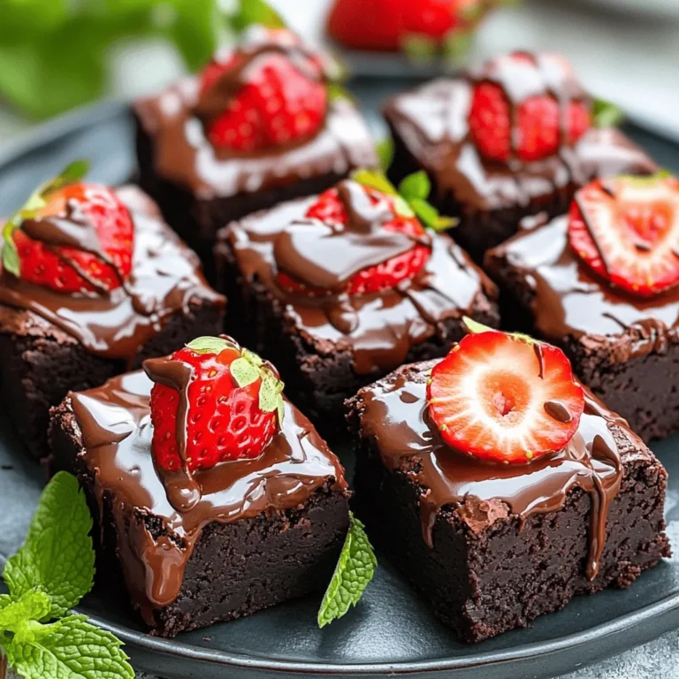 To make chocolate dipped strawberry brownies, you need these key ingredients: - 1 cup unsweetened cocoa powder - 1 cup granulated sugar - 1/2 cup brown sugar, packed - 1/2 cup unsalted butter, melted - 1/4 cup vegetable oil - 4 large eggs - 1 teaspoon vanilla extract - 1 cup all-purpose flour - 1/2 teaspoon baking powder - 1/4 teaspoon salt - 1 cup fresh strawberries, hulled and halved - 1 cup semi-sweet chocolate chips - 1 tablespoon coconut oil (for melting chocolate) These ingredients create a rich, chocolaty base for the brownies. The strawberries add a fruity touch. Using fresh strawberries is key. Look for bright red berries with a shiny skin. They should feel firm, not mushy. The flavor will be sweet and juicy. If possible, buy organic strawberries. They often taste better and are better for the planet. If you need substitutes, here are some options: - Butter alternatives: You can use coconut oil or applesauce in place of butter. - Flour: If you want a gluten-free option, try almond flour or oat flour. - Sugar: You can use coconut sugar or maple syrup to replace granulated sugar. These swaps can still give you tasty brownies. First, preheat your oven to 350°F (175°C). Use a 9x13-inch baking pan. Grease the pan with cooking spray or line it with parchment paper. This makes it easy to take out the brownies later. In a large mixing bowl, sift together the unsweetened cocoa powder, granulated sugar, and brown sugar. Pour in the melted butter and vegetable oil. Mix until smooth. Crack in the eggs one by one. Stir well after each egg. Finally, add the vanilla extract and mix until combined. In another bowl, whisk together the all-purpose flour, baking powder, and salt. Add this dry mix to your wet mix gradually. Stir gently until just combined. Overmixing can make the brownies tough. Fold in half of the halved strawberries for added flavor. Pour the brownie batter into your prepared pan. Spread it evenly. Bake for 25-30 minutes. Check for doneness by inserting a toothpick into the center. If it comes out with a few moist crumbs, your brownies are ready. While the brownies cool, melt the chocolate chips with coconut oil. Use a microwave-safe bowl. Heat in 30-second bursts, stirring in between. Keep going until smooth. Dip the remaining halved strawberries into the melted chocolate. Make sure to coat them evenly. Let any extra chocolate drip off. Place the dipped strawberries on a parchment-lined tray to cool. Once the brownies are fully cool, slice them into squares. Top each brownie with a chocolate-dipped strawberry. Enjoy your delicious creation! To get that perfect brownie texture, focus on mixing. Do not overmix your batter. When adding the dry ingredients, stir gently until just combined. This keeps your brownies soft and chewy. You want a rich, fudgy texture, which is achieved with a higher cocoa powder ratio. Keep in mind that every oven is different. So, check for doneness early to avoid drying them out. For even baking, always preheat your oven to 350°F (175°C). Use a 9x13-inch baking pan and grease it well or line it with parchment paper. This helps the brownies bake evenly and makes for easy removal. Place the pan in the center of the oven. This ensures hot air circulates around your brownies. Rotate the pan halfway through baking for better results. When melting chocolate, use a microwave-safe bowl. Add semi-sweet chocolate chips and a tablespoon of coconut oil. Heat in 30-second bursts, stirring in between. This method helps prevent seizing. If the chocolate gets too hot, it can clump. If that happens, try adding a small amount of vegetable oil to smooth it out. Always let melted chocolate cool slightly before dipping strawberries to ensure a nice coat. {{image_4}} You can boost flavor by adding nuts or other fruits. Chopped walnuts or pecans add crunch. You can also use raspberries, blueberries, or bananas. Just remember to fold them in gently. This keeps the brownies soft and rich. Switching chocolate types can change the taste. Dark chocolate gives a deeper flavor. White chocolate adds creaminess and sweetness. You can mix different chocolates too. This will create a unique taste that everyone will love. You can make these brownies vegan or gluten-free. For vegan, replace eggs with flax eggs or applesauce. Use coconut oil instead of butter. For gluten-free, swap all-purpose flour for almond or oat flour. These changes keep the brownies tasty and accessible for all. To keep your chocolate dipped strawberry brownies fresh, store them properly. Place the brownies in an airtight container. This helps keep them moist and prevents them from drying out. If you have extra strawberries, store them separately in the fridge. They can stay fresh for about two days. Avoid stacking brownies on top of each other. This way, they won't stick and lose their shape. Freezing brownies is a great way to save leftovers. To freeze, first, let the brownies cool completely. Then, wrap each brownie tightly in plastic wrap. Place the wrapped brownies in a freezer-safe bag or container. You can freeze them for up to three months. When you're ready to enjoy them, let them thaw in the fridge overnight. This keeps them nice and soft. When stored correctly, brownies can last for about a week at room temperature. If you keep them in the fridge, they may last a bit longer, up to ten days. Remember, the fresher the brownies, the better they taste! Enjoy your treat while it's still soft and delicious. Yes, you can use frozen strawberries. However, fresh strawberries taste better. If using frozen, thaw them first. Pat them dry to remove excess moisture. This helps keep the brownies from getting soggy. To make brownies fudgier, add an extra egg or reduce flour slightly. Use more butter for richer taste. For cakey brownies, add more flour and bake a bit longer. You can also mix less to keep air in the batter. You can use Dutch-processed cocoa for a smoother taste. Unsweetened chocolate is another option. Melt it and replace it in equal parts. Adjust sugar levels if using sweetened chocolate. To reheat brownies, use the microwave for quick warming. Heat for 10-15 seconds at a time. Check to avoid drying them out. For a crispier edge, warm them in the oven at 350°F for about 5-10 minutes. You've learned how to make chocolate dipped strawberry brownies step-by-step. We covered key ingredients, like fresh strawberries and butter substitutes. I shared tips to get that perfect brownie texture and avoid common mistakes. We explored fun variations, like adding nuts or trying different chocolates. Lastly, I provided storage solutions for keeping your brownies fresh. Baking these brownies is simple and fun. Enjoy making them for yourself or to share with friends. Happy baking!