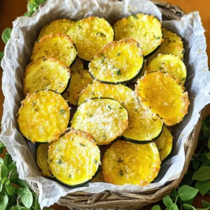 - 2 medium zucchinis - 1 cup grated Parmesan cheese - 2 tablespoons extra virgin olive oil - 1 teaspoon garlic powder - 1 teaspoon onion powder - ½ teaspoon sea salt - ¼ teaspoon freshly ground black pepper - ½ teaspoon dried oregano - Cooking spray Fresh zucchinis make a big difference in taste. Look for firm, bright green zucchinis. They should feel heavy for their size. Avoid any that are soft or have blemishes. Choosing the right Parmesan cheese is also key. Grated cheese gives a nice melt and flavor. I recommend using real Parmesan, not the cheap stuff. Freshly grated cheese adds a richer taste and better texture. If you can, get it from the deli or a specialty store. Start by setting your oven temperature to 225°F (110°C). This low heat helps the chips become crispy. Next, line your baking sheet with parchment paper. This step makes for easy cleanup and prevents sticking. Rinse the zucchinis under cool water. This removes dirt and ensures freshness. Slice the zucchinis into thin rounds, about 1/8 inch thick. Keep the slices even; this helps them cook uniformly and get crispy. In a large mixing bowl, pour in 2 tablespoons of extra virgin olive oil. Add 1 teaspoon of garlic powder, 1 teaspoon of onion powder, ½ teaspoon of sea salt, ¼ teaspoon of black pepper, and ½ teaspoon of dried oregano. Stir well until the spices mix fully with the oil, creating a fragrant blend. Carefully place the zucchini slices into the bowl with the oil and spices. Toss them gently until each slice is well-coated. Arrange the seasoned zucchini slices flat on the baking sheet. They should be in a single layer with no overlapping. This ensures they become perfectly crispy. Next, generously sprinkle 1 cup of grated Parmesan cheese over the zucchini slices. Make sure each piece gets some cheese for maximum flavor. Lightly mist the tops of the zucchini chips with cooking spray. This helps them brown and become crisp during baking. Now, place the baking sheet in the oven. Bake for 2 to 2.5 hours or until the chips turn golden brown and crispy. Check them halfway through. Rotate your baking sheet to ensure even cooking. Once your chips are crispy, take the baking sheet from the oven. Let the zucchini chips cool for about 5 minutes. Cooling them increases their crunchiness. Enjoy your tasty snack! To get your zucchini chips crispy, arrange the slices in a single layer. This step is key. Overlapping slices trap moisture and create sogginess. Keep them flat and evenly spread on the baking sheet. Using cooking spray also helps. A light mist on top of the chips promotes browning. It allows the cheese to crisp up nicely. Don't skip this step if you want that perfect crunch. To add a kick, try adding chili flakes. They give your chips a nice heat without overpowering the garlic and cheese. Adjust the amount to match your taste. You can also experiment with other herbs. Basil or thyme can add a fresh twist. Feel free to play around and find your favorite mix of flavors. For a fun presentation, serve your chips in a rustic basket. Line it with parchment paper to catch crumbs. Add a sprig of fresh oregano on top. This not only looks good but also adds a nice aroma. Pair your garlic Parmesan zucchini chips with dips. A tangy yogurt dip or a zesty salsa works great. They complement the savory nature of the chips perfectly. Enjoy your tasty creation! {{image_4}} You can change the flavor of your chips by using different cheeses. Cheddar adds a sharp taste. Gouda gives a rich, smoky flavor. You can also try spice blends. Italian seasoning adds herbs and depth. Cajun spices bring heat and zest. Mix and match to find your favorite. If you want to switch up the vegetables, try sweet potatoes or carrots. Both add natural sweetness and color. Slice them thin, just like zucchini. Adjust the cooking time based on the vegetable. Sweet potatoes may take a little longer to crisp. Keep an eye on them while baking. To make these chips gluten-free, ensure your spices are certified gluten-free. This snack can be vegan, too. Use nutritional yeast instead of Parmesan. It gives a cheesy flavor without dairy. You can also find vegan cheese options that melt well. Enjoy delicious snacks that fit your diet! To keep your zucchini chips fresh, store them in a cool place. Use an airtight container. This will help keep them crispy. You can layer the chips with paper towels to absorb moisture. Avoid stacking too many chips on top of each other. If you have a lot of chips, consider using multiple containers. This prevents them from getting soggy. To enjoy your zucchini chips again, reheating is key. Use an oven or an air fryer for the best results. Set the oven to 350°F (175°C). Place the chips on a baking sheet. Heat them for about 5-10 minutes. This will help bring back their crunch. If using an air fryer, cook them at 350°F for about 3-5 minutes. Avoid using the microwave, as it can make them soft. Enjoy your crispy snacks as if they were just made! To get crispy zucchini chips, focus on slice thickness and oil amount. Cut the zucchini into even slices, about 1/8 inch thick. This helps them cook evenly. If slices are too thick, they may not crisp up. Use just enough olive oil to coat all the pieces without drowning them. If you see pools of oil, your chips will be soggy. Yes, you can use other cheeses. Cheddar adds a nice sharpness. Gouda brings a smoky flavor. You can also try nutritional yeast for a dairy-free option. Each cheese offers unique tastes, so feel free to get creative. Just remember to adjust the amount based on how strong the flavor is. Soggy chips often come from moisture. Start with fresh zucchinis, as old ones can have extra water. Slice them evenly to help them dry out. Make sure to arrange them in a single layer when baking. If they overlap, they will steam instead of crisping. Using cooking spray lightly can also help them crisp up. You can pair these chips with many dips. Try a creamy ranch or a tangy yogurt dip. For something spicy, go for sriracha or a spicy mayo. Hummus also works well for a healthy option. These dips will add more flavor and make your chips even more enjoyable. You now know how to make tasty garlic Parmesan zucchini chips. We covered the best ingredients, like fresh zucchini and quality cheese. You learned the steps to prepare, bake, and serve these snacks. Remember, using the right techniques ensures crispiness. Feel free to mix things up with different veggies or flavors. Follow these tips to impress family or friends. Enjoy your homemade snacks, and don’t forget to share and try new ideas!