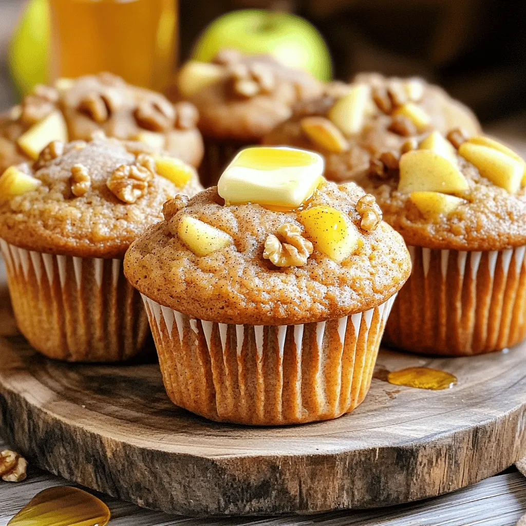 - 2 cups all-purpose flour - 1 cup granulated sugar - 1 tablespoon baking powder - 1 teaspoon baking soda - 1 teaspoon ground cinnamon - ½ teaspoon salt - ½ cup unsalted butter, melted - 2 large eggs - 1 cup buttermilk (or substitute with milk mixed with 1 tablespoon vinegar) - 1 teaspoon vanilla extract - 2 cups apples, peeled and diced - ½ cup chopped walnuts or pecans (optional) - For topping: 1 tablespoon granulated sugar mixed with ½ teaspoon ground cinnamon When I make these muffins, I start with the dry ingredients. I find it helps to mix them well. I use a large bowl for this. I blend the flour, sugar, baking powder, baking soda, cinnamon, and salt. This helps avoid clumps. Next, I prepare the wet ingredients. I melt the butter and let it cool a bit. Then, I whisk it with eggs, buttermilk, and vanilla. This simple mix creates a smooth base. The apples are key to flavor. I peel and dice them into small pieces. This way, they cook well and add sweetness. If I want a nutty crunch, I add walnuts or pecans. They are optional, but they taste great! Finally, I prepare for the topping. I mix sugar with cinnamon. This sprinkle gives a nice crunch. The mixture adds a sweet touch. Using these ingredients gives you muffins that taste like they came from a bakery! - Preheat your oven to 350°F (175°C). - Prepare a muffin pan with paper liners or grease each cup lightly. - In a large bowl, combine: - 2 cups all-purpose flour - 1 cup granulated sugar - 1 tablespoon baking powder - 1 teaspoon baking soda - 1 teaspoon ground cinnamon - ½ teaspoon salt Mix these ingredients well. Use a whisk to break up any clumps. This ensures an even bake and great texture. - In another bowl, whisk together: - ½ cup melted unsalted butter - 2 large eggs - 1 cup buttermilk - 1 teaspoon vanilla extract Make sure the mixture is smooth. The warm butter will blend nicely with the other wet ingredients. - Pour the wet mixture into the dry ingredients. - Stir it gently until just combined. It's okay if there are small lumps. Overmixing can make the muffins tough, and we want them light and fluffy. - Gently fold in: - 2 cups diced apples - ½ cup chopped walnuts or pecans (optional) Make sure to distribute the apples and nuts evenly throughout the batter without overworking it. - Spoon the batter into the muffin cups. Fill each about ¾ full. - Sprinkle the tops with a cinnamon sugar mixture for a sweet crunch. Bake in the preheated oven for 18-20 minutes. Check if a toothpick comes out clean from the center. The tops should be golden brown. Once done, let them cool in the pan for about 5 minutes. Then, move them to a wire rack. This keeps them from getting soggy. Enjoy your baking! To make great muffins, avoid overmixing. Mix just until the wet and dry ingredients combine. A few lumps are okay. This keeps your muffins light and fluffy. Also, use room temperature ingredients. This helps the batter mix more easily and rise better. You can add spices like nutmeg or ginger for more flavor. Extracts like almond or maple can also change the taste. If you want sweeter muffins, adjust the sugar amount. A little less or more can make a difference in taste. Serve your muffins warm for the best experience. Top them with a pat of butter or a drizzle of honey. This adds extra flavor and makes them look nice. For a pretty touch, garnish with fresh apple slices. They add color and freshness to your serving plate. {{image_4}} You can add fun twists to your apple cinnamon muffins. Dried fruits like raisins or cranberries can bring a new flavor. Try adding a dash of nutmeg or ginger for extra warmth. You can also swap in nuts like almonds or hazelnuts. If you love chocolate, toss in some chocolate chips. Each variation can change the taste and make it unique. If you need gluten-free muffins, use a gluten-free flour blend. These blends work well and keep the muffins fluffy. For a dairy-free option, replace buttermilk with almond milk or oat milk. Just add a little vinegar to sour it. This way, everyone can enjoy your muffins without worry. These muffins are great on their own, but pairing makes them even better. Spread some butter or cream cheese on top for a rich taste. You can also drizzle honey or maple syrup for added sweetness. They taste great with coffee or tea, too. Enjoy them warm for the best flavor! To keep your bakery-style apple cinnamon muffins fresh, follow these tips: - Cool Completely: Let your muffins cool on a wire rack before storing. This helps prevent sogginess. - Use Airtight Containers: Store the muffins in an airtight container. This keeps them moist and soft. - Counter Storage: You can keep muffins at room temperature for up to 3 days. Just ensure they are sealed well. When it’s time to enjoy your muffins again, here’s how to reheat them: - Oven Method: Preheat your oven to 350°F (175°C). Place muffins on a baking sheet and heat for about 10 minutes. This keeps them warm and crispy. - Microwave Method: For a quick option, microwave a muffin for 10-15 seconds. This warms it up but may make it a bit soft. Freezing is a great way to store muffins for longer: - Cool and Wrap: After cooling, wrap each muffin in plastic wrap. This prevents freezer burn. - Use a Freezer Bag: Place wrapped muffins in a freezer bag. Squeeze out the air before sealing. - Thawing Instructions: To thaw, take muffins out and leave them at room temperature for about 1 hour. You can also reheat them in the oven or microwave after thawing. These storage tips help keep your muffins tasting fresh and delicious! To keep your muffins moist, use these tips: - Don’t overmix: Mix until just combined. A few lumps are okay. - Use fresh ingredients: Check your baking powder and flour for freshness. - Add apples: Diced apples bring moisture and flavor. - Monitor baking time: Remove muffins when a toothpick comes out clean. These steps will help you enjoy soft, tasty muffins every time. Yes, you can! Here are some great apple choices for baking: - Granny Smith: Tart and firm, they hold their shape well. - Honeycrisp: Sweet and crunchy, adding great flavor. - Fuji: Juicy and sweet, perfect for a sweeter muffin. Experiment with different apples to find your favorite flavor mix! If you don't have buttermilk, try these easy swaps: - Milk and vinegar: Mix 1 cup of milk with 1 tablespoon of vinegar. Let it sit for 5 minutes. - Yogurt: Use the same amount of plain yogurt. Thin it with a bit of milk if needed. - Sour cream: Use an equal amount of sour cream for a rich taste. These substitutes work well in recipes and keep your muffins moist! This blog post covered how to make delicious apple muffins. We discussed each ingredient, from flour to apples and nuts. The step-by-step instructions made the baking process simple. Tips helped avoid dry muffins and enhance flavors. Plus, we shared ideas for variations and storage. Overall, baking can be fun and rewarding. Enjoy your fresh muffins warm, or store them for later. Experiment with flavors to keep it exciting. Your tasty creations can delight anyone who tries them. Happy baking!