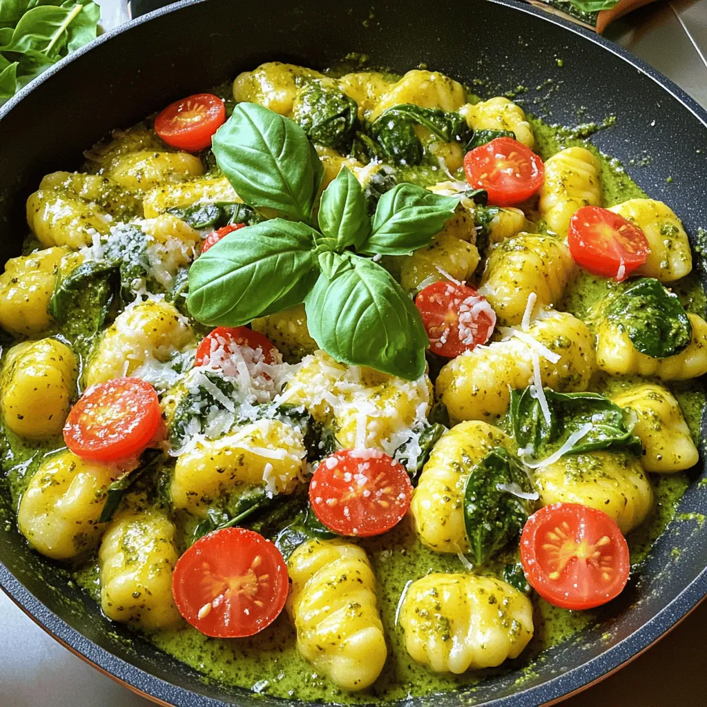 - 16 ounces potato gnocchi - 2 tablespoons olive oil - 4 cloves garlic, minced - 1 cup heavy cream - 1 cup freshly prepared basil pesto - 1 cup cherry tomatoes, halved - 1 cup baby spinach - 1/2 cup grated Parmesan cheese - Salt and black pepper to taste - Fresh basil leaves for garnish To make my creamy pesto gnocchi skillet, I focus on fresh ingredients. The potato gnocchi forms the base of this dish. I love using high-quality gnocchi for that soft, pillowy texture. Next, I add olive oil. It gives a rich flavor and helps cook the garlic. Garlic is key to this recipe. I use four cloves, minced, for a strong aroma and taste. Heavy cream follows, making the sauce rich and smooth. Fresh basil pesto is a must. I always opt for homemade pesto when I can. It brings a bright, fresh flavor. Cherry tomatoes add a burst of sweetness. Halving them helps release their juices. Baby spinach is a great way to sneak in some greens. It wilts quickly, adding color and nutrients. For a cheesy finish, I use grated Parmesan. It melts beautifully into the sauce. Lastly, I season with salt and black pepper. Fresh basil leaves make a lovely garnish. They provide a pop of color and extra flavor. With these ingredients, you will create a delicious and easy weeknight meal. Each bite is creamy, flavorful, and satisfying. To cook the gnocchi, start with a big pot of water. Add salt to the water. Bring it to a boil. Once boiling, add the potato gnocchi. Cook them until they float to the top, which takes about 2-3 minutes. This means they are done. Drain the gnocchi and set them aside. In a large skillet, heat 2 tablespoons of olive oil over medium heat. Once the oil is hot, add 4 cloves of minced garlic. Sauté the garlic for about 1 minute until it smells great. Be careful not to burn it. Next, pour in 1 cup of heavy cream. Bring this mixture to a gentle simmer. Stir in 1 cup of freshly prepared basil pesto. Keep stirring for 2-3 minutes, making sure it does not stick to the pan. Now it’s time to add some color and nutrients. Toss in 1 cup of halved cherry tomatoes and 1 cup of baby spinach. Cook until the spinach wilts, which takes about 2 minutes. Gently mix in the drained gnocchi. Stir until the gnocchi are well coated in the creamy sauce. Finally, add 1/2 cup of grated Parmesan cheese and season with salt and black pepper to taste. To make a great creamy pesto sauce, keep these tips in mind: - Use fresh basil pesto. It packs more flavor than jarred options. - Add the heavy cream slowly. This helps you control the sauce's thickness. - Stir constantly while cooking. This prevents the sauce from sticking and burning. You can enhance flavors by adding a pinch of red pepper flakes. This brings a subtle heat to the dish. A squeeze of lemon juice also brightens the sauce, making it taste fresh and vibrant. Garnishing your dish can elevate its look. Here are some ideas: - Top with extra grated Parmesan cheese. It adds richness and flavor. - Add fresh basil leaves for a pop of color and freshness. - Drizzle with high-quality olive oil before serving. This adds a nice shine. For sides, serve with a simple green salad. A crusty bread also pairs well, perfect for soaking up extra sauce. Watch out for these pitfalls while cooking: - Don’t overcook the gnocchi. They should float and be tender, not mushy. - Avoid high heat when cooking garlic. It can burn quickly and taste bitter. - Don’t skip seasoning. A little salt and pepper make a big difference in flavor. {{image_4}} You can make this dish lighter by using low-fat cream. Also, try substituting the gnocchi with zucchini noodles for a veggie twist. If you're gluten-free, look for gluten-free gnocchi. For dairy-free options, coconut cream works great instead of heavy cream. Nutritional yeast can replace cheese for a vegan choice. Adding protein can boost flavor and make this meal heartier. Grilled chicken or shrimp are great choices. Cook them in the pan before adding garlic. You can also toss in cooked sausage for more richness. For a veggie boost, add mushrooms, bell peppers, or broccoli. These options add texture and color, making your dish more appealing. You can serve this dish in many ways. For a fun twist, bake it in a casserole dish topped with breadcrumbs. This gives a crispy texture. You can also keep it vegetarian by ensuring any added proteins are meat-free. For a vegan meal, skip the cheese or use a dairy-free alternative. Serve it with a side salad for a complete meal. Store your creamy pesto gnocchi in an airtight container. Keep it in the fridge for up to three days. Make sure it cools down before you seal it. This helps prevent extra moisture buildup. If you have a lot left, divide it into smaller portions. This way, you can enjoy it later without thawing the whole dish. To reheat, use a skillet on low heat. Add a splash of cream or broth to keep it moist. Stir gently until it warms up. Avoid high heat, as this can break the sauce. You can also microwave it. Place it in a microwave-safe dish with a lid. Heat for one minute, then stir. Check and heat more if needed. You can freeze creamy pesto gnocchi for up to three months. Use a freezer-safe container or freezer bag. Make sure to remove as much air as possible. When ready to eat, thaw it overnight in the fridge. Reheat it gently, as mentioned above. Note that the texture may change slightly after freezing, but it will still taste great! Making this dish takes about 25 minutes. You’ll spend around 10 minutes prepping. Cooking takes about 15 minutes. It’s quick and perfect for a busy weeknight. Yes, you can use store-bought pesto. It saves time and can still taste great. However, homemade pesto can offer a fresher flavor. If you have time, I recommend trying your own. You can blend basil, garlic, nuts, and cheese for a tasty mix. This dish pairs well with many sides. Try a simple green salad with lemon dressing. Garlic bread is also a great choice. For drinks, serve with a light white wine or sparkling water. These options enhance the meal and make it even better. Creamy pesto gnocchi skillet brings comfort and flavor to your table. We covered the main ingredients, like gnocchi, garlic, and fresh basil. I shared step-by-step cooking instructions and helpful tips to ensure a perfect dish. You learned about variations to suit your taste and dietary needs. Storing leftovers properly can keep your meal fresh. Now, it’s your turn to explore this delicious dish. Enjoy the cooking process and savor each bite!