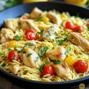 - 1 pound boneless, skinless chicken breasts, cut into bite-sized pieces - 1 cup orzo pasta - 1 medium onion, finely chopped - 1 cup cherry tomatoes, halved Chicken serves as the star of this dish. I recommend using boneless, skinless chicken breasts. They cook quickly and stay juicy. The orzo pasta adds a fun texture. It absorbs flavors well, making it a great choice. The onion adds sweetness, while the cherry tomatoes bring freshness. - 3 tablespoons olive oil, divided - 4 cloves garlic, minced - 1 teaspoon dried oregano - 1 teaspoon salt - ½ teaspoon black pepper Olive oil is my go-to for cooking. It adds rich flavor and helps brown the chicken. Garlic gives a lovely aroma and a punch of taste. Dried oregano enhances the dish with an earthy note. Salt and pepper are key to bringing out the flavors in all the ingredients. - Zest and juice of 1 lemon - Fresh parsley, chopped, for garnish Lemon brightens the dish with its zest and juice. It adds acidity, balancing the rich flavors. Fresh parsley adds color and freshness. It also provides a nice contrast to the warm meal. Together, these garnishes elevate the dish's look and taste. - Heat 2 tablespoons of olive oil in a large skillet over medium-high heat. - Add 1 pound of chicken pieces and season with 1 teaspoon salt and ½ teaspoon black pepper. - Sauté the chicken for 5-7 minutes. It should be golden brown and fully cooked. - Once done, remove the chicken from the skillet and set it aside. - Lower the heat slightly. In the same skillet, add 1 tablespoon of olive oil. - Add 1 medium onion, finely chopped, and sauté for 3-4 minutes. Stir until the onion is soft and translucent. - Add 4 cloves of minced garlic to the skillet. Sauté for another 30 seconds until fragrant. - Mix in 1 cup of halved cherry tomatoes and 1 teaspoon of dried oregano. Cook for 2-3 minutes until the tomatoes soften. - Stir in 1 cup of orzo pasta. Ensure the orzo is well coated in the oil and mixture for about 1 minute. - Pour in 4 cups of chicken broth, along with the juice and zest of 1 lemon. Stir everything together. - Increase the heat to bring the mixture to a boil. - Once boiling, reduce the heat to a simmer. Cover the skillet and cook for about 10 minutes. - Stir occasionally to prevent the orzo from sticking. The orzo should be tender, and most of the liquid should be absorbed. - Return the cooked chicken to the skillet. Stir gently to combine and heat through. - Taste the dish and adjust the seasoning with more salt or pepper, if necessary. - Before serving, sprinkle fresh parsley over the dish for a vibrant finish. To avoid sticking orzo, stir it often while cooking. This keeps the pasta loose and helps it absorb flavors. Use a large skillet; this gives orzo room to move. Make sure the chicken is thoroughly cooked. Cook it until it reaches 165°F inside. This ensures your meal is safe and tasty. You can check with a meat thermometer for the best results. For more citrus, add extra lemon juice or zest. It brightens the dish and adds freshness. You can even use lime for a twist! Incorporating herbs like thyme or basil can add depth. Fresh herbs give a burst of flavor. Add them just before serving for the best taste. Use wide, shallow bowls for serving. This shows off the colorful ingredients well. It makes the dish look inviting and fun. Garnish with an extra sprinkle of parsley. A lemon wedge on the side adds a pop of color. This not only looks great but also hints at the fresh flavors inside. {{image_4}} You can switch the chicken for shrimp. Shrimp cooks quickly and adds a nice flavor. Just sauté the shrimp until pink, about 3-4 minutes. This gives a fresh twist to the dish. For a vegetarian option, try chickpeas or tofu. Both add protein and texture. Use the same method and cook until heated through. You can enjoy a tasty meal while keeping it meat-free. Orzo is great, but you can use other pasta shapes. Try penne, fusilli, or even spaghetti. Just adjust the cooking time according to the pasta you choose. If you need a gluten-free option, use rice or gluten-free pasta. Both work well and stay delicious. Follow the same steps to keep the flavors balanced. Adding spices can make the dish more exciting. Try red pepper flakes or smoked paprika for a kick. Fresh herbs like basil or thyme can change the taste too. Incorporating seasonal vegetables brightens the dish. Think zucchini, spinach, or bell peppers. Add them with the tomatoes for a colorful and healthy meal. After enjoying your Lemon Garlic Chicken Orzo Skillet, store any leftovers in an airtight container. This helps keep it fresh. You can keep it in the fridge for up to three days. If it lasts that long, you’re doing better than I usually do! You can freeze this dish for up to three months. Just place it in a freezer-safe container. To reheat, thaw it overnight in the fridge. This dish may lose some texture when frozen but will still taste great. To reheat, use the stove or microwave. If using the stove, add a splash of chicken broth to prevent dryness. Heat on low, stirring often. In the microwave, cover it with a damp paper towel. This keeps the moisture in and makes it warm without drying out. Enjoy every bite! This dish takes about 30 minutes to cook. The prep time is only 10 minutes. So, you can have a warm meal on the table fast! Yes, you can make this dish ahead of time. Cook the chicken and orzo as instructed. Store them in the fridge for up to three days. You can heat it up later. Just add a splash of broth to keep it moist. You can pair this dish with a simple green salad. A side of steamed veggies works well too. Garlic bread is a tasty option to soak up the flavors! Yes, this recipe is quite healthy. It includes lean chicken, fresh veggies, and whole grains. The lemon adds vitamin C, while garlic has many health benefits. Overall, it’s a balanced dish for any meal! This Lemon Garlic Chicken Orzo Skillet offers a tasty meal filled with flavor. You learned about key ingredients like chicken, orzo, and spices, plus how to cook them. I shared tips for making it better and variations for different diets. Remember, you can store, freeze, or reheat leftovers with ease. With simple steps and fresh flavors, this dish is sure to please everyone. Enjoy your cooking adventure and make this dish your own!