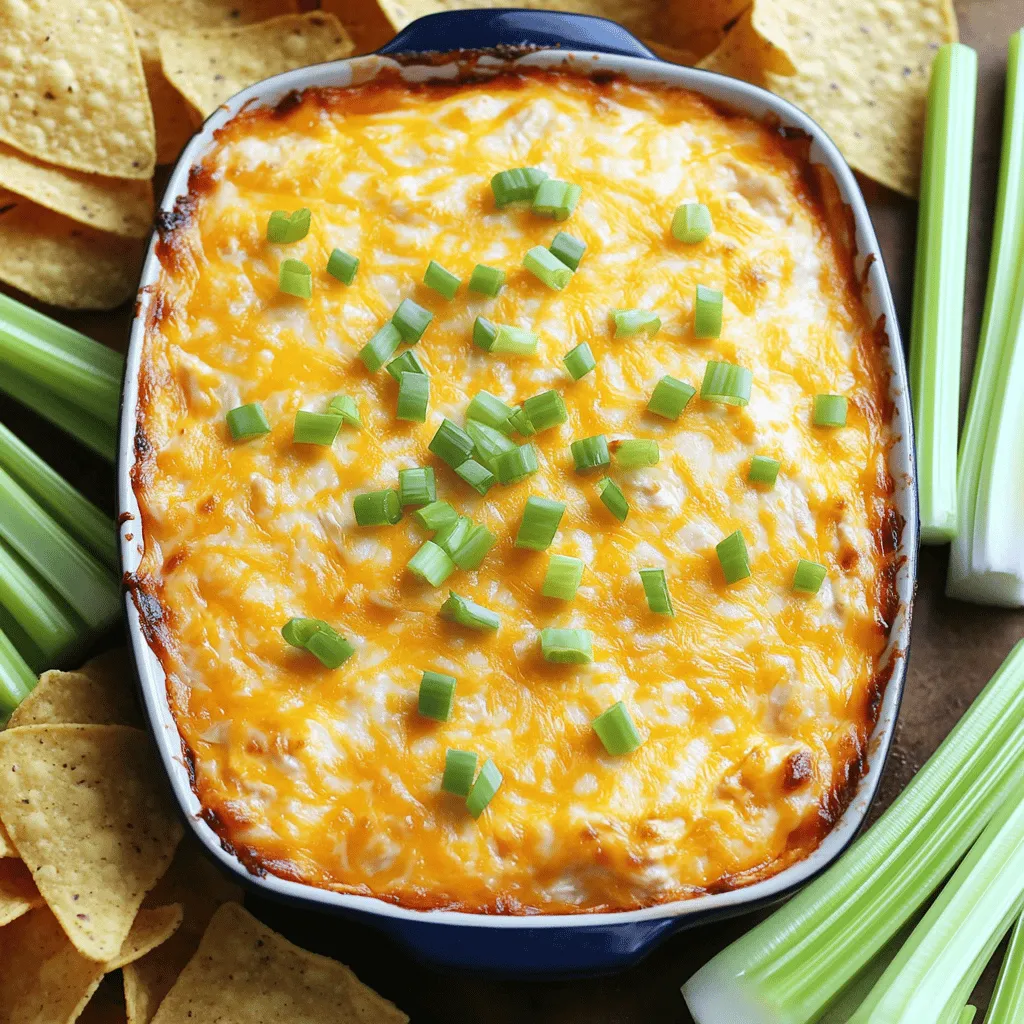 To make a tasty Buffalo Ranch Chicken Dip, gather these key ingredients: - 2 cups cooked chicken, shredded (use rotisserie for flavor) - 1 cup cream cheese, softened - 1/2 cup ranch dressing (homemade or store-bought) - 1/2 cup buffalo sauce (adjust for heat) - 1 cup shredded sharp cheddar cheese - 1/4 cup green onions, chopped You can add some fun twists to your dip: - 1/2 cup blue cheese crumbles (for tangy flavor) - Extra green onions for garnish To prepare your dip, you’ll need these tools: - Mixing bowl - Hand mixer or spatula - Baking dish - Oven - Serving platter or skillet First, set your oven to 350°F (175°C). This will get it hot and ready. A hot oven cooks the dip evenly. While it heats, grab a baking dish and grease it lightly. This helps the dip not stick later. In a big bowl, add the softened cream cheese, ranch dressing, and buffalo sauce. Use a hand mixer or a spatula to blend them well. You want a smooth and creamy mix. Next, gently fold in the shredded chicken, sharp cheddar cheese, and half of the chopped green onions. Ensure everything mixes evenly. If you love blue cheese, now's the time to add it. Carefully fold it in to keep some texture. Now, transfer your mixture into the greased baking dish. Spread it out evenly with a spatula. Place the dish in the oven and bake for 20 to 25 minutes. Look for it to bubble and the edges to turn golden. When it’s ready, take it out and let it cool for a few minutes. This cooling helps avoid burns. Finally, sprinkle the reserved green onions and more blue cheese on top. Serve it warm with tortilla chips or crunchy veggies. Enjoy your tasty dip! To get the best texture, use room-temperature cream cheese. It blends easily with the ranch and buffalo sauce. I suggest shredded rotisserie chicken for added flavor. If you like it spicy, add more buffalo sauce. For a creamy dip, mix in more cheddar cheese. Blue cheese adds a tangy kick, but it’s optional. Don’t forget to fold in the green onions for a fresh taste. This mix of flavors makes every bite a delight. For a charming display, serve the dip in a cast-iron skillet. It keeps the dip warm and looks great. Top it with extra green onions and blue cheese crumbles for a pop of color. You can also arrange fresh celery sticks upright in the dip. This gives a fun and vibrant look. Adding a colorful platter with chips and veggies makes it even better! Tortilla chips are a classic choice and add a nice crunch. You can also use celery sticks for a fresh taste. Carrot sticks offer a sweet touch that pairs well. For a twist, try pita chips or crunchy crackers. Each option brings a unique flavor that makes the dip even more enjoyable. Choose your favorite or mix them up for variety! {{image_4}} Do you love heat? You can add jalapeños or diced hot peppers. This will boost the flavor. For a smoky twist, use chipotle sauce instead of regular buffalo sauce. It gives a nice depth. If you want a sweet touch, try adding a bit of honey. It balances the heat well. You can even mix different hot sauces to find your best combo! Want to make it meat-free? Use shredded jackfruit or tofu instead of chicken. Both soak up flavors well. For a vegan dip, swap cream cheese with cashew cream or a plant-based cream cheese. Use a vegan ranch dressing too. If you want a cheesy taste, add nutritional yeast. It gives a nice flavor and keeps it vegan! You can also make this dip in a slow cooker. Simply mix all the ingredients in the cooker. Set it on low for 2-3 hours. Stir it occasionally until heated through. If you have an Instant Pot, you can make it there too. Use the sauté mode to mix the ingredients, then set it to pressure cook for 5 minutes. Both methods keep the dip creamy and delicious! Store any leftover Buffalo Ranch Chicken Dip in an airtight container. Make sure to cool it first. This will keep it fresh and tasty. The dip can last in the fridge for up to four days. If you want to enjoy it later, freezing is a great option too. When it's time to eat your dip again, reheat it gently. Use a microwave or an oven. If using a microwave, heat it in 30-second bursts. Stir in between to avoid hot spots. In the oven, cover the dish with foil to keep it moist. Heat at 350°F (175°C) for about 15 minutes or until warmed through. To freeze the dip, place it in a freezer-safe container. Make sure to leave some space at the top. The dip will expand as it freezes. You can freeze it for up to three months. When you're ready to eat, thaw it in the fridge overnight before reheating. Serve Buffalo Ranch Chicken Dip warm. Use tortilla chips, celery sticks, or carrot sticks. This makes for a fun and tasty snack. Arrange the dip in a cast-iron skillet for a rustic look. Add fresh celery sticks for a pop of color. This dip pairs well with drinks at parties or game days. Yes, you can prepare this dip ahead of time. Mix all the ingredients and store them in the fridge. Just cover the dish tightly with plastic wrap or foil. When you’re ready to serve, bake it straight from the fridge. This saves you time and stress when hosting. You can use Greek yogurt as a substitute for cream cheese. It adds creaminess without being too heavy. Another option is cottage cheese, blended smooth for a lighter dip. You can also try vegan cream cheese for a plant-based option. These swaps keep the dip tasty and enjoyable for everyone. You now have all the tools for making delicious Buffalo Ranch Chicken Dip. We covered the key ingredients, easy steps, and helpful tips for the perfect dip. Customize it to fit your taste, whether you like it spicy or creamy. Remember to store leftovers properly for later enjoyment. This dip is perfect for parties or a movie night. Dive in and impress your friends with your cooking skills! Enjoy every cheesy bite of your creation.