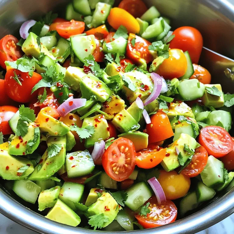 - 2 large ripe tomatoes, diced into bite-sized pieces - 1 medium cucumber, peeled (if desired) and diced - 1 large avocado, pitted and diced - 1/4 of a red onion, finely chopped - 1/4 cup fresh cilantro, roughly chopped - 2 tablespoons freshly squeezed lime juice - 1 tablespoon extra virgin olive oil - Salt and pepper, to taste - 1 teaspoon honey (optional, to enhance sweetness) - A pinch of chili flakes (optional, for a spicy kick) When you gather your ingredients, focus on freshness. Ripe tomatoes bring juicy flavor. Select a cucumber that feels firm and smooth. For the avocado, look for one that gives slightly when pressed. A good red onion adds a mild sweetness, while cilantro brightens the dish. For the dressing, fresh lime juice is key. It brightens the entire salad. Extra virgin olive oil adds richness. Salt and pepper enhance all the ingredients. Honey is optional, but it balances acidity. Chili flakes can add a fun kick if you like heat. With these ingredients, you'll create a colorful and tasty salad. To start, you need to prepare the vegetables. First, dice the tomatoes into small, bite-sized pieces. Make sure they are ripe for the best flavor. Next, take the cucumber. You can peel it if you prefer a milder taste. Dice it into similar-sized pieces as the tomatoes. Now, grab the avocado. Carefully cut it in half and remove the pit. Dice the avocado into chunks, but be gentle not to mash it. Once you have the diced avocado, add it to your bowl. Finely chop 1/4 of a red onion. This will add a nice crunch and bite to the salad. Add the chopped onion to the bowl with your other veggies. Finally, roughly chop 1/4 cup of fresh cilantro and toss it in as well. This herb brings fresh, vibrant flavors to your salad. In a small bowl, you will make the dressing. Start by whisking together 2 tablespoons of lime juice and 1 tablespoon of extra virgin olive oil. This mix gives the salad a zesty kick. Add salt and freshly cracked black pepper to taste. If you like a bit of sweetness, add 1 teaspoon of honey. This will balance the tangy lime juice. Taste the dressing and adjust it as needed. You want it to be just right for your taste buds. Now it’s time to bring everything together. Drizzle the dressing over the salad mixture. Using a large spoon or spatula, gently toss the salad. Be careful not to smash the avocado. You want those lovely chunks to stay intact. If you enjoy a little heat, sprinkle a pinch of chili flakes on top. This adds a spicy kick that some might love. Let the salad rest for about 5 minutes at room temperature. This step allows the flavors to mingle and enhances the overall taste. To boost the flavor of your salad, fresh herbs are key. I love using cilantro. It adds a bright taste. You can try other herbs too, like parsley or basil. Mix and match to find your favorite blend. Adjusting the dressing is also important. Start with lime juice and olive oil. Taste as you go. If you want it sweeter, add honey. If you like spice, sprinkle in chili flakes. Make it your own! Texture matters in a salad. When you mix in the avocado, be gentle. You want to keep those creamy chunks intact. If you mash them, you lose that great mouthfeel. Serving the salad right away is best. If you let it sit too long, it may get soggy. But if you want to let the flavors meld, wait just five minutes. This short time enhances the taste without ruining the texture. Presentation can make your salad shine. Use a large bowl or individual plates. This way, each serving looks special. Garnish with whole cilantro leaves for color. A sprinkle of chili flakes adds a nice touch too. Think about the dish you use. A colorful bowl can make your salad pop. People eat with their eyes first, so make it appealing! {{image_4}} You can easily swap out vegetables in this salad. If you want crunch, try bell peppers or radishes. For a sweeter taste, add carrots or sweet corn. You can also mix in greens like spinach or arugula for extra nutrition. When it comes to dressings, feel free to get creative. Instead of lime juice, use lemon or vinegar. A splash of balsamic or a dash of sesame oil can add a unique twist. You can even try yogurt or tahini for a creamy texture. To make this salad vegan, skip the honey or use maple syrup instead. This change keeps it plant-based and just as tasty. If you're gluten-free, you're already in luck! This salad is naturally gluten-free, so you can enjoy it without worry. For those watching calories, reduce the oil or skip it altogether. You can also use less avocado or substitute with a lower-calorie vegetable like zucchini. Adding protein makes this salad more filling. You can toss in black beans or chickpeas for plant-based options. They add texture and flavor while keeping it healthy. If you prefer meat, grilled chicken or shrimp works great. Just make sure the protein is well-seasoned to balance the fresh flavors. For a vegetarian option, diced tofu is a fantastic choice. Mixing in proteins not only boosts nutrition but also adds depth to the salad. This way, every bite is full of flavor and satisfaction. To keep your Tomato Cucumber Avocado Salad fresh, store leftovers in the fridge. Place the salad in an airtight container. This helps keep moisture in and prevents browning. You can use glass or plastic containers with tight-fitting lids. If you have extra dressing, keep it separate. This way, your salad remains crisp and tasty. You can store this salad in the refrigerator for up to three days. After this, the veggies may lose their crunch and flavor. Look for signs of spoilage like brown avocado or mushy tomatoes. If the salad smells off, it’s best to toss it out. If you have leftover salad, think about using it in different dishes. You can add it to a wrap or serve it on top of grilled chicken. Mix it into scrambled eggs for a fresh breakfast twist. To keep the flavor, drizzle a little fresh lime juice over the leftovers. This will brighten up the taste and keep it enjoyable. To pick ripe avocados, look for ones that feel slightly soft when you press them gently. The skin should be dark green or black. For tomatoes, choose ones that are firm and have a rich color, like red or yellow. Avoid any with bruises or soft spots. Yes, you can prepare some of the salad ahead. Dice the tomatoes, cucumber, and avocado. Store them separately in airtight containers. Keep the dressing in another container. Mix everything just before serving for the best taste. This salad is packed with vitamins. Tomatoes are high in vitamin C and antioxidants. Cucumbers help with hydration and provide fiber. Avocados offer healthy fats and potassium. Together, they support heart health and skin glow. To add heat, sprinkle chili flakes on the salad. You can also mix in diced jalapeños or sliced serrano peppers. For even more kick, try adding a dash of hot sauce or cayenne pepper to the dressing. This salad offers fresh flavors and simple steps. We explored key ingredients, from ripe tomatoes to creamy avocados, and made a zesty dressing. I shared tips to enhance flavor, improve texture, and present visually. You can also customize with different proteins or dressings, catering to your dietary needs. Remember, store extras correctly for freshness. This vibrant salad not only nourishes but also excites the palate. Enjoy making it your own, and bring health and taste to your table!