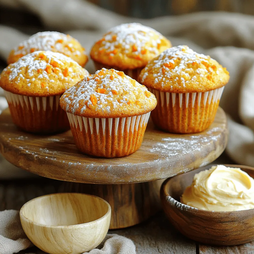 To make spiced carrot cake muffins, you need specific ingredients. Here’s what to gather: - 1 cup all-purpose flour - 1 teaspoon baking powder - 1/2 teaspoon baking soda - 1 teaspoon ground cinnamon - 1/2 teaspoon ground ginger - 1/4 teaspoon ground nutmeg - 1/4 teaspoon salt - 1/2 cup granulated sugar - 1/4 cup packed brown sugar - 1/2 cup vegetable oil - 2 large eggs - 1 teaspoon pure vanilla extract - 1 1/2 cups finely grated carrots (about 2 medium carrots) - 1/2 cup crushed pineapple, thoroughly drained These ingredients blend to create tasty muffins with a warm and spiced flavor. The carrots add moisture and sweetness, while the spices give a delightful kick. You can enhance your muffins more with some add-ins. Consider these: - 1/4 cup chopped walnuts - 1/4 cup raisins Adding walnuts gives a nice crunch, while raisins add a sweet pop. Both choices boost flavor and texture, making your muffins even better. If you need to swap ingredients, here are helpful ideas: - Use whole wheat flour for more fiber. - Swap vegetable oil for melted coconut oil for a hint of coconut flavor. - You can replace eggs with flaxseed meal for a vegan option. These swaps can change the taste and texture but keep the muffins enjoyable. Don't be afraid to experiment! First, set your oven to 350°F (175°C). This is the perfect temperature for baking. While it warms up, grab a muffin tin. You can use paper liners for easy cleanup or grease each cup with a bit of oil to stop sticking. In a medium bowl, add the following dry ingredients: - 1 cup all-purpose flour - 1 teaspoon baking powder - 1/2 teaspoon baking soda - 1 teaspoon ground cinnamon - 1/2 teaspoon ground ginger - 1/4 teaspoon ground nutmeg - 1/4 teaspoon salt Whisk these together until they blend well. This step ensures that all the flavors mix evenly in your muffins. Now, take a larger bowl. Add: - 1/2 cup granulated sugar - 1/4 cup packed brown sugar - 1/2 cup vegetable oil Mix these until smooth. Then, crack in 2 large eggs, one at a time. Whisk well after each egg. Finally, add 1 teaspoon of pure vanilla extract and stir it in. Next, it's time to fold in the fun stuff. Add: - 1 1/2 cups finely grated carrots (about 2 medium carrots) - 1/2 cup crushed pineapple, thoroughly drained - 1/4 cup chopped walnuts (optional) - 1/4 cup raisins (optional) Gently stir until everything is mixed well. Be careful not to overmix. You want a fluffy muffin, not a dense one. Now, divide the batter into the prepared muffin cups. Fill each cup about two-thirds full. This helps them rise nicely. Place the muffin tin in the oven and bake for 18-20 minutes. To check if they are done, insert a toothpick into the center. If it comes out clean, your muffins are ready! Let them cool in the tin for about 5 minutes, then move them to a wire rack to cool completely. Enjoy your baking! To achieve great texture in your spiced carrot cake muffins, avoid overmixing. When you combine the wet and dry ingredients, stir gently. Stop mixing as soon as you see no dry flour. This helps keep the muffins light and fluffy. Also, be sure to pack your grated carrots well. The moisture from the carrots keeps muffins moist and tender. Spices are key to the flavor of your muffins. Use fresh ground spices for the best taste. Ground cinnamon, ginger, and nutmeg add warmth and depth. Start with the amounts in the recipe, but feel free to adjust. If you like more spice, add a pinch more of each. You can also experiment with adding a dash of cardamom for an extra kick! Presentation is important, even for muffins! Arrange them on a colorful platter or a decorative cake stand. For a pretty touch, dust the tops with powdered sugar. If you want to make it special, serve with cream cheese frosting on the side. This adds a creamy layer that pairs perfectly with the muffins. Enjoy serving these delightful treats! {{image_4}} You can easily make these muffins dairy-free. Simply swap the eggs with flax eggs. To do this, mix 1 tablespoon of ground flaxseed with 2.5 tablespoons of water. Let it sit for about 5 minutes to thicken. You might also use a plant-based oil instead of vegetable oil. Coconut oil works well here. Your muffins will still taste rich and moist! To make these muffins gluten-free, substitute all-purpose flour with a gluten-free blend. Look for a blend that contains xanthan gum, as it helps with texture. Almond flour or oat flour can also work, but may change the muffins’ texture slightly. Adjust the baking time as needed. Your muffins will still be delicious and fluffy! For a fun twist, add shredded coconut to your batter. About 1/2 cup of unsweetened shredded coconut will give a lovely tropical flavor. Mix it in with the carrots and pineapple. This will add a chewy texture and a hint of sweetness. Your muffins will taste like a sunny vacation! To keep your spiced carrot cake muffins fresh, store them in an airtight container. Place them at room temperature for up to three days. If you want them to last longer, refrigerate them for about a week. Just remember, cold muffins may taste a bit dry. You can freeze these muffins for up to three months. Wrap each muffin tightly in plastic wrap or foil, then place them in a freezer bag. To thaw, take them out and leave them at room temperature for a few hours. You can also microwave them for about 15-20 seconds if you're in a hurry. When reheating, the oven is your best friend. Preheat it to 350°F (175°C). Place the muffins on a baking sheet for about 5-10 minutes. This method keeps them soft and warm. If you use a microwave, heat them for just 10-15 seconds. This will make them warm, but they may lose some texture. Enjoy your muffins fresh! Yes, you can make these muffins ahead of time. They stay fresh for up to three days. Just store them in an airtight container at room temperature. You can also freeze them for longer storage. Just wrap each muffin tightly in plastic wrap and place them in a freezer bag. When you want one, just thaw it at room temperature or pop it in the microwave for a few seconds. These muffins shine on their own, but there are fun ways to serve them. You can dust them with powdered sugar for a touch of sweetness. Serve them warm with cream cheese frosting on the side. For a twist, try adding a dollop of yogurt or a scoop of ice cream on top. To check if your muffins are done, use a toothpick. Insert it into the center of a muffin. If it comes out clean, the muffins are ready. They should be golden brown on top. If they are still wet, bake them for a few more minutes. Omitting sugar will change the taste and texture of the muffins. Sugar adds sweetness and helps with moisture. If you want to reduce sugar, try using less or substitute with natural sweeteners. Honey or maple syrup can work as alternatives, but adjust the liquid in the recipe to keep the right texture. In this post, we explored how to make spiced carrot cake muffins. We covered essential ingredients, optional add-ins, and how to mix and bake. You learned tips for perfect texture and flavor, plus fun variations like gluten-free options and a tropical twist. Don’t forget about storage tips to keep your muffins fresh. Enjoy these tasty treats, and feel free to get creative with your own flavors!