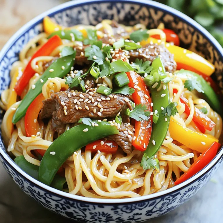 - 8 oz. rice noodles - 1 lb. beef sirloin, thinly sliced against the grain - 1 bell pepper (red, yellow, or orange), sliced into thin strips - 1 cup snow peas, trimmed - 3 tablespoons sesame oil, divided - 3 cloves garlic, minced - 1 tablespoon fresh ginger, grated - 2 tablespoons soy sauce (preferably low sodium) - 2 tablespoons chili paste (adjust according to your spice preference) - 1 tablespoon honey - Sesame seeds for garnishing - 2 green onions, chopped (white and green parts separated) - Fresh cilantro leaves for garnishing This dish shines with its vibrant flavors and colorful ingredients. The rice noodles serve as a soft bed for the savory beef, bright bell pepper, and crisp snow peas. The sesame oil adds a rich taste, while the garlic and ginger bring warmth. The soy sauce and chili paste create a nice kick, making each bite exciting. Don't skip the garnishes! They add freshness and crunch to the dish. The sesame seeds give a nice toastiness, while green onions and cilantro elevate the flavor. Together, these ingredients make a simple yet impressive meal that is sure to please. To start, boil a pot of water. Once boiling, add 8 ounces of rice noodles. Cook them according to the package instructions, usually around 4-6 minutes. When they are done, drain the noodles in a colander. Rinse them well under cold water. Rinsing stops the cooking process and keeps the noodles from sticking together. Set the rinsed noodles aside for later. For the marinade, gather these ingredients: - 1 pound beef sirloin, thinly sliced - 1 tablespoon sesame oil - 3 cloves garlic, minced - 1 tablespoon fresh ginger, grated - 2 tablespoons soy sauce - 2 tablespoons chili paste - 1 tablespoon honey Mix the sliced beef with the marinade ingredients in a medium bowl. Make sure the beef gets fully coated. Let it marinate for at least 15 minutes. This time helps the beef soak up all the great flavors. Heat a large skillet or wok over medium-high heat. Add 2 tablespoons of sesame oil. When the oil sizzles, add the marinated beef. Stir-fry the beef for about 3 to 5 minutes. Cook it until it’s evenly browned and reaches your desired doneness. Once cooked, take the beef out and place it on a plate. In the same skillet, add sliced bell pepper and snow peas. Stir-fry these for 2 to 3 minutes. You want them to be tender but still crisp. After that, return the cooked beef to the skillet. Add the prepared rice noodles. Gently toss everything together. Make sure the noodles mix well with the beef and vegetables. This step lets all the flavors blend perfectly. - Achieving perfect noodle texture: Cook the rice noodles just until soft. Rinse them under cold water to stop cooking. This keeps them from becoming mushy. - Ensuring beef is tender: Slice the beef against the grain. This helps keep it juicy and tender. Marinate it for at least 15 minutes for the best flavor. - Recommended adjustments for spice level: Start with a small amount of chili paste. You can always add more if you want more heat. Taste as you go to find the right balance. - Alternative sauces or marinades: Try adding oyster sauce or hoisin sauce for a sweet twist. You can also use teriyaki sauce for a different flavor. - Serving suggestions for visual appeal: Use deep, colorful bowls. This showcases the vibrant colors of the dish. Add extra sesame seeds and cilantro on top for a pop of color. - Best serving dishes: A large platter works well for family-style dining. Individual bowls are great for a cozy meal with friends. {{image_4}} You can swap out the bell pepper and snow peas for other veggies. Try broccoli, carrots, or zucchini. These options add different colors and flavors. You can also use seasonal vegetables. For example, in summer, add fresh peas or corn. In fall, use butternut squash. Adjust the cooking time based on the vegetable. Some take longer to cook than others. If you want to change the beef, you have many choices. You can use chicken, tofu, or shrimp. For chicken, cut it into thin strips, similar to beef. Tofu should be firm and diced. Shrimp cooks quickly, so add it last. Adjust the cooking times too. Chicken needs about 6-8 minutes, while tofu takes about 5-6 minutes. Shrimp cooks in just 2-3 minutes. If you need a gluten-free recipe, choose rice noodles. They are naturally gluten-free. Be sure to check the labels on all ingredients. Soy sauce can be a hidden source of gluten. Use tamari, which is gluten-free. Also, ensure any chili paste or other sauces are safe. This way, everyone can enjoy the dish! To store leftovers, let the dish cool first. Place it in an airtight container. This keeps the flavors fresh. You can refrigerate Spicy Sesame Beef Noodles for about three days. After that, the taste may fade. For long-term storage, you can freeze the dish. Pack the noodles, beef, and veggies in a freezer-safe bag. Remove as much air as possible to prevent freezer burn. The dish stays good for up to three months. To use, take it out and thaw it overnight in the fridge. You can reheat the noodles in two ways: microwave or stovetop. If you use the microwave, put the noodles in a bowl with a splash of water. Heat for one to two minutes, stirring halfway. For stovetop, warm a pan on medium heat and add a little oil. Stir the noodles until they are hot. This keeps them tasty and prevents them from becoming dry. Spicy sesame beef noodles are a tasty dish that combines rice noodles, beef, and fresh veggies. You cook the beef with sesame oil, garlic, and ginger for flavor. The dish gets its spice from chili paste and fresh vegetables like bell peppers and snow peas. This meal is colorful and full of flavor, making it perfect for dinner or a special occasion. To change the spice level, you can adjust the chili paste. If you want less heat, use only one teaspoon. For extra spice, add more paste. You can also add a dash of hot sauce or red pepper flakes. If the dish becomes too spicy, add a little honey or sugar to balance the flavors. Yes, you can make this dish ahead of time. Cook the noodles and beef separately and store them in the fridge. Keep the vegetables fresh and add them when you reheat the dish. The noodles and beef can last up to three days in the fridge. When ready to eat, just stir-fry everything together for a quick meal. You learned about making Spicy Sesame Beef Noodles from start to finish. We covered the key ingredients, like rice noodles and beef sirloin, and the right seasonings. You now know how to prepare and cook each part for great flavor and texture. Try different veggies and proteins for more variety. Store leftovers safely and reheat them well. Enjoy this dish today or plan ahead for a future meal. Cooking this recipe can be fun and rewarding!
