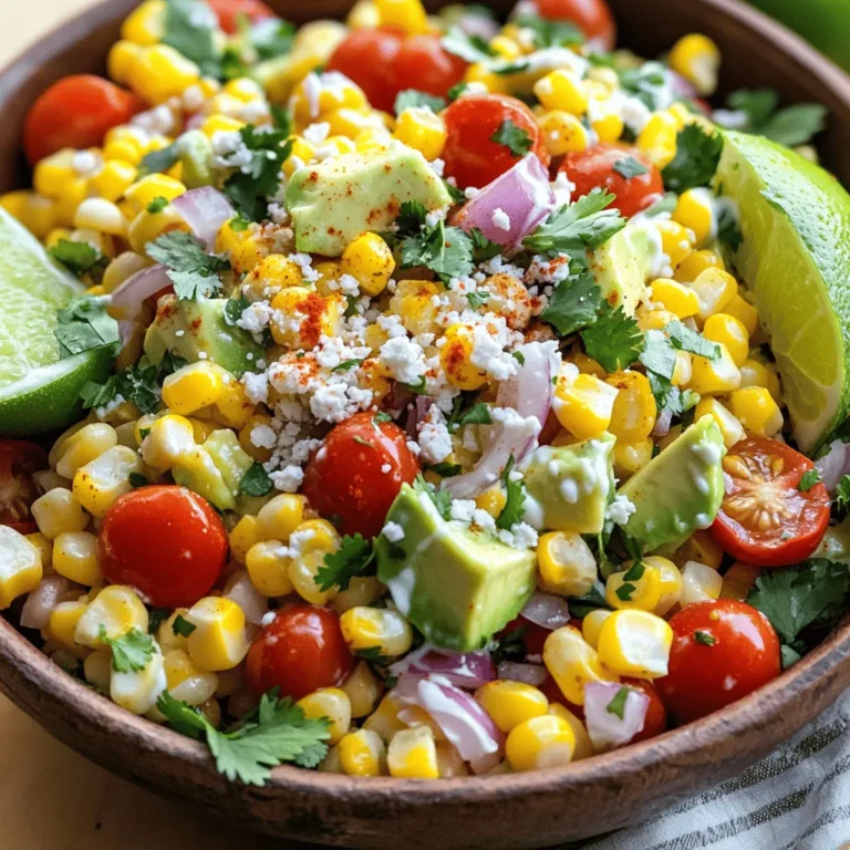 - Fresh corn: 4 ears, shucked - Cherry tomatoes: 1 cup, halved - Red onion: 1/2, finely chopped - Cotija cheese: 1/2 cup, crumbled - Fresh cilantro: 1/4 cup, chopped - Avocado: 1, diced - Mayonnaise: 2 tablespoons - Sour cream: 1 tablespoon - Fresh lime juice: 1 tablespoon - Chili powder: 1 teaspoon - Salt and pepper: to taste Gathering the right ingredients is the first step to making Mexican street corn salad. You want the freshest corn possible. Look for ears that feel firm and have bright green husks. Fresh cherry tomatoes add a nice sweetness. Use a red onion for a mild bite. Cotija cheese gives a salty kick that you won't want to skip. Fresh cilantro adds a burst of flavor. For creaminess, mayonnaise and sour cream blend beautifully. The lime juice brightens the dish and adds a zesty note. Chili powder brings warmth without too much heat. Salt and pepper help to enhance all the flavors in your salad. When you have all these ingredients ready, you're set to create a delicious and fresh dish. Each bite will take you straight to the streets of Mexico! First, preheat your grill or grill pan to medium-high heat. This step ensures the corn cooks evenly. Once it's hot, place the shucked ears of corn directly on the grill. Cook for about 8 to 10 minutes. Turn the corn occasionally to get a nice char. The kernels should be tender and slightly charred. After grilling, take the corn off the heat and let it cool for a few minutes. Once the corn is cool enough to handle, carefully slice the kernels off the cob with a sharp knife. Gather the kernels in a large mixing bowl. To this bowl, add 1 cup of halved cherry tomatoes, 1/2 of a finely chopped red onion, 1/4 cup of chopped fresh cilantro, and 1 diced avocado. Gently mix all these ingredients to combine them well. In a separate small bowl, whisk together 2 tablespoons of mayonnaise, 1 tablespoon of sour cream, 1 tablespoon of fresh lime juice, and 1 teaspoon of chili powder. Add a pinch of salt and pepper to taste. Keep whisking until the dressing is smooth and well-blended. Pour this creamy dressing over the corn mixture. Gently fold the dressing into the salad, ensuring all the ingredients get coated. To finish, sprinkle 1/2 cup of crumbled cotija cheese over the top. Give it one last gentle mix to incorporate the cheese without mashing the avocado. Taste the salad and adjust the seasonings if needed. If you want more zing, add a bit more lime juice or chili powder. Serve the salad in a large bowl or on a colorful platter for a vibrant presentation. To make your Mexican street corn salad pop, adjust the lime and chili powder. If you want a tangy kick, add more lime juice. For a spicy twist, sprinkle in extra chili powder. Both will give your salad that authentic flavor. Fresh herbs can also boost taste. I love adding more cilantro for a bright, fresh note. You can even try parsley or scallions to mix things up. These herbs enhance the overall flavor and add a nice touch. Grilling corn perfectly is key. Preheat your grill to medium-high. Place the corn directly on the grill. Cook for about 8-10 minutes, turning it often. Look for nice char marks. This gives the corn that smoky flavor we love. Handling avocados can be tricky. To prevent browning, cut them last. If you want to prep in advance, squeeze lime juice on the diced avocado. This helps keep the bright color and fresh taste. {{image_4}} You can easily adjust this salad. If you're dairy-free, replace cotija cheese with nuts or seeds. You can use cashew cream or tahini for the dressing. They add creaminess without dairy. Want more protein? Add black beans or extra corn. Both options make the salad heartier. They also add flavor and color. Do you like heat? You can increase the spice with jalapeños. Dice them finely and mix them in. They will add a nice kick to your salad. You can also experiment with different chili powders. Each type brings its own flavor. Smoked chili powder adds depth, while cayenne gives more heat. Adjust the spice to fit your taste! To store leftovers in the refrigerator, place the salad in an airtight container. This keeps it fresh and safe. Make sure to cover it tightly. It’s best to eat the salad within three days for the best taste. If you want to freeze any components, like the corn, do so before mixing. Freeze cooked corn in a freezer bag. Remove as much air as possible. You can also freeze the dressing separately but keep it in a sealed container. The salad stays fresh for about three days in the fridge. After that, the ingredients may spoil. Look for signs of spoilage like a sour smell or discoloration. If the avocado turns brown or mushy, it's time to toss it. Always trust your senses; if it looks or smells off, don’t eat it! Mexican Street Corn Salad is a fresh dish that packs bold flavor. It features grilled corn, which gives it a smoky taste. This salad usually has cherry tomatoes, onions, cilantro, and creamy cotija cheese. The mix of lime juice, mayonnaise, and chili powder adds a zesty kick. It’s a simple yet vibrant dish, perfect for summer gatherings or barbecues. Yes, you can make this salad ahead of time. Prepare the salad and store it in the fridge. The best time to serve it is within a few hours. If you make it too early, the avocado may brown. To prevent this, add the avocado just before serving. This keeps everything fresh and tasty. You can use canned corn, but fresh corn shines in this recipe. Fresh corn has a sweet crunch that canned corn lacks. Canned corn may be softer and less flavorful. If you choose canned corn, rinse it well to remove the extra salt. This helps keep your salad light and bright. Serve the salad in a large bowl or a colorful platter. Garnish it with extra cilantro for a fresh look. You can add lime wedges on the side for extra zing. This salad pairs well with grilled meats or as a tasty side for tacos. Enjoy it chilled for the best taste. This blog post shared how to make a tasty Mexican Street Corn Salad. We discussed key ingredients, like fresh corn and cherry tomatoes, and step-by-step instructions to create it. I offered tips to boost flavor and suggested ways to store your salad. Remember, you can adjust the spice or swap ingredients for your taste. Enjoy experimenting with this dish, and don't hesitate to make it your own!