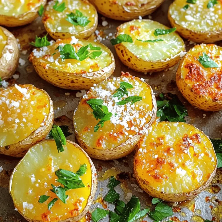 To make perfect Parmesan Garlic Roasted Potatoes, gather these key items: - 2 pounds baby potatoes, halved - 4 tablespoons extra virgin olive oil - 4 cloves of garlic, finely minced - 1 cup freshly grated Parmesan cheese - 1 teaspoon dried oregano - 1 teaspoon smoked paprika - Sea salt and freshly cracked black pepper, to taste - Fresh parsley, chopped (for garnish) Each ingredient plays an important role. Baby potatoes are small and tender. Olive oil helps to crisp them up. Garlic adds a nice flavor punch. Parmesan brings a cheesy, salty taste. Oregano and paprika give depth to the dish, while salt and pepper enhance all the flavors. Fresh parsley adds color and brightness. You can switch out some ingredients if you want. Here are a few ideas: - Use olive oil or canola oil instead of extra virgin olive oil. - Swap in regular potatoes if baby potatoes are hard to find. Just cut them into smaller pieces. - Fresh garlic can replace minced garlic if you prefer a stronger taste. - Try different herbs like thyme or rosemary instead of oregano. - If you want more heat, add red pepper flakes. - Grated cheddar or pecorino can replace Parmesan for a different twist. These swaps keep the dish tasty while adding a personal touch. Understanding the nutrition in Parmesan Garlic Roasted Potatoes is important. Here’s a simple breakdown for one serving: - Calories: About 320 - Protein: 8 grams - Carbohydrates: 45 grams - Dietary Fiber: 4 grams - Fat: 14 grams These potatoes are filling and packed with flavor. They make a great side dish. You get good carbs from the potatoes and some protein from the cheese. Plus, the healthy fats from the olive oil help keep you satisfied. Start by preheating your oven to 425°F (220°C). This heat is key for crispy potatoes. Let the oven reach this temperature fully before you cook. A hot oven helps create that golden crust. Next, take 2 pounds of baby potatoes and cut them in half. Place the halved potatoes in a large bowl. Add 4 tablespoons of extra virgin olive oil. Then, toss in 4 minced garlic cloves, 1 teaspoon of dried oregano, and 1 teaspoon of smoked paprika. Season with sea salt and black pepper. Mix everything well. Make sure each potato gets a nice coating of flavor. Now, spread the seasoned potatoes on a baking sheet in a single layer. This helps them roast evenly. Bake the potatoes for about 20 minutes. They should start to soften and show some color. After 20 minutes, take out the baking sheet. Sprinkle 1 cup of freshly grated Parmesan cheese over the potatoes. Make sure all pieces get some cheese. Return the baking sheet to the oven and roast for another 15-20 minutes. Watch them closely. You want them golden brown and crispy. When they are done, take them out and let them cool for a few minutes. Before serving, add chopped parsley for a fresh touch. To get your potatoes crispy, start with dry ones. Pat them with a towel before cooking. Use a hot oven. The heat at 425°F works best. Spread the potatoes in one layer on the pan. Do not crowd them; this keeps them crisp. Flip them halfway through roasting for even browning. Adding Parmesan halfway through helps create that golden crust. You can mix up the flavors with simple changes. Try fresh herbs like rosemary or thyme for a new taste. For a spicy kick, add cayenne pepper. If you love smokiness, use smoked paprika. You can also use garlic powder if fresh garlic is not available. Play around with salt and pepper to find your perfect balance. To serve, use a rustic bowl for a cozy feel. Drizzle more olive oil on top for extra flavor. Garnish with fresh parsley for a pop of color. You can also add lemon zest for brightness. Serve these potatoes alongside grilled meats or salads for a great meal. Enjoy the beauty of this dish as much as the taste! {{image_4}} You can change the flavor of your Parmesan garlic roasted potatoes. Try adding dried herbs like thyme or rosemary. These herbs add a fragrant aroma. You can also use fresh herbs if you have them. Just chop them finely and mix them in. For a spicy kick, add red pepper flakes. Start with a small amount and adjust to your taste. A pinch of cumin can also give a warm flavor that pairs well with garlic. Parmesan cheese is great, but you can use other cheeses too. Pecorino Romano adds a sharper taste. For a creamier option, try using Gruyère or mozzarella. If you want a nutty flavor, use aged Gouda. Each cheese gives a unique twist to the dish. Just make sure to choose a cheese that melts well. You can mix different cheeses for even more flavor. If you want to make this dish vegan, it’s simple! Use nutritional yeast instead of cheese. It gives a cheesy taste without dairy. You can also use a vegan cheese that melts nicely. Just make sure to check the label for any hidden dairy. For added flavor, mix in some lemon juice or zest. This adds brightness and enhances the potatoes' taste. Enjoy these tasty variations, and make this dish your own! To keep your Parmesan garlic roasted potatoes fresh, let them cool first. Then, place the leftovers in an airtight container. You can store them in the fridge for up to three days. If you plan to eat them later, avoid stacking them too high. This helps prevent them from getting mushy. When you’re ready to enjoy your leftovers, the best way to reheat them is in the oven. Preheat the oven to 400°F (200°C). Spread the potatoes out on a baking sheet. Heat them for about 10-15 minutes. This method keeps them crispy and delicious. You can also add a little olive oil before reheating for extra flavor. If you need to store the potatoes for a longer time, freezing is an option. Place the cooled potatoes in a single layer on a baking sheet. Freeze them for about 1-2 hours until solid. Once frozen, transfer them to a freezer-safe bag. They will last up to three months in the freezer. To enjoy them later, thaw in the fridge overnight and reheat as mentioned above. Yes, you can use many types of potatoes. I suggest using baby potatoes for their sweet taste and creamy texture. You can also try Yukon Gold or red potatoes. These types hold up well when roasted. Just remember to cut them into even pieces for uniform cooking. If you use larger potatoes, cut them into smaller chunks. You can check the potatoes by poking them with a fork. If the fork goes in easily, they are done. You want them soft inside and crispy outside. Look for a deep golden color on the edges. This shows they are crunchy and tasty. The total cooking time is about 35 to 40 minutes, so keep an eye on them. These potatoes pair well with many dishes. They are great with grilled meats, like chicken or steak. You can also serve them with roasted vegetables for a healthy meal. If you want a lighter option, try them with a fresh salad. For a cozy dinner, serve them alongside a hearty soup. The flavors of garlic and Parmesan enhance any dish you choose. Parmesan garlic roasted potatoes are easy and tasty. You learned about key ingredients, cooking steps, and helpful tips. There are also fun variations and smart ways to store leftovers. With this recipe, you can impress your friends and family at any meal. Enjoy trying different flavors and serving ideas. Perfecting this dish means more delicious moments in your kitchen. Now, grab your potatoes and get cooking!