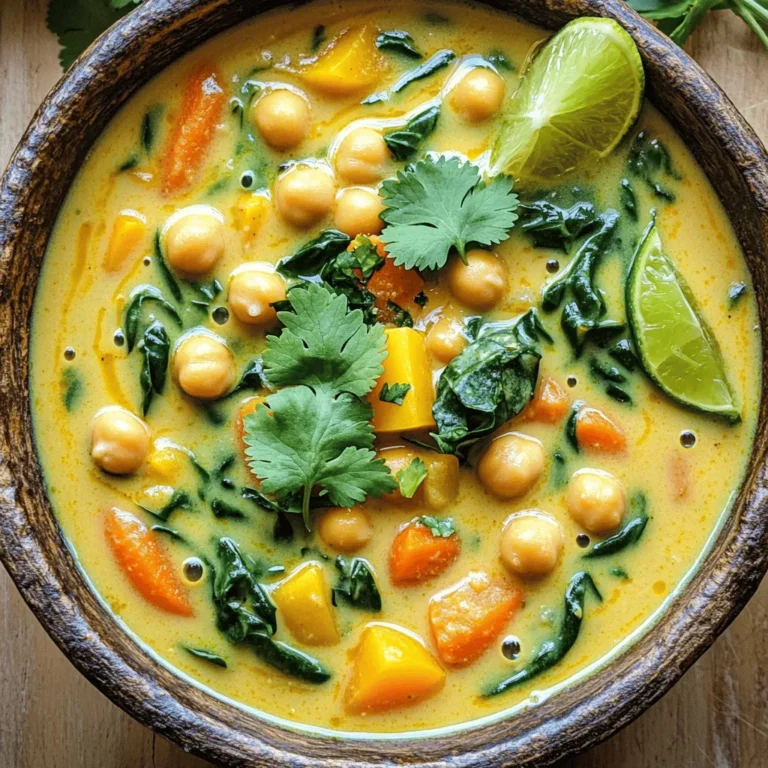 - 1 tablespoon coconut oil - 1 medium onion, diced - 3 cloves garlic, minced - 1 tablespoon fresh ginger, grated - 2 teaspoons curry powder - 1 teaspoon turmeric powder - 1 can (14 oz) coconut milk - 4 cups vegetable broth - 1 can (15 oz) chickpeas, drained and rinsed - 1 large carrot, diced - 1 bell pepper (red or yellow), diced - 1 cup fresh spinach, roughly chopped - Salt and freshly cracked pepper to taste - Fresh cilantro leaves, for garnish - Lime wedges, for serving Each ingredient plays a key role in making the soup rich and tasty. I love using coconut oil because it gives a nice, creamy base. The onion brings sweetness, while garlic and ginger add warmth. Curry powder and turmeric not only add color but also depth. The coconut milk makes the soup creamy. Vegetable broth gives it a good savory flavor. Chickpeas add protein and texture. Carrots and bell peppers bring crunch and sweetness. Fresh spinach adds a pop of green and nutrients. Seasoning with salt and pepper is important for balance. Finally, cilantro and lime juice brighten the dish. Together, these ingredients create a hearty and flavorful soup that warms the soul. 1. Start by heating 1 tablespoon of coconut oil in a large pot over medium heat. Wait until it melts and shimmers. 2. Add 1 medium diced onion. Sauté for 5 minutes until the onion turns soft and clear. 3. Next, stir in 3 minced garlic cloves and 1 tablespoon of grated fresh ginger. Sauté for another 2-3 minutes until fragrant. 1. Sprinkle in 2 teaspoons of curry powder and 1 teaspoon of turmeric powder. Mix well to coat the onions. 2. Let the spices bloom in the heat for about 1 minute. This brings out their rich flavors. 1. Gradually pour in 1 can of coconut milk and 4 cups of vegetable broth. Stir to combine everything well. 2. Increase the heat slightly and bring the mixture to a gentle simmer. This allows the flavors to meld perfectly. 3. Add 1 can of chickpeas, drained and rinsed, along with 1 diced carrot and 1 diced bell pepper. Cook for 10-15 minutes until the veggies are tender. 1. Gently fold in 1 cup of roughly chopped fresh spinach. Cook for about 2 minutes until the spinach wilts. 2. Taste your soup and season with salt and freshly cracked pepper to your liking. 3. Serve your soup hot, garnished with fresh cilantro leaves and lime wedges on the side. Enjoy the pop of color and flavor! To make your Coconut Curry Chickpea Soup shine, focus on balancing spices. Start with a solid base of coconut oil, onion, garlic, and ginger. Sauté these ingredients well; this brings out the flavors. Use a medium heat to cook the onion until soft and translucent. This step takes about five minutes. Next, add curry and turmeric powders. These spices need a minute to bloom in the heat. This helps release their full flavor. Stir them well with the onion mixture for even seasoning. Want to save time? Use pre-cooked chickpeas or canned ones, like in this recipe. They are quick and easy. You can also chop your veggies ahead of time. This makes cooking faster when you’re ready to make your soup. If you need to speed things up further, consider using frozen vegetables. They cook quickly and help you skip some prep work. For a beautiful presentation, serve your soup in deep bowls. Top with fresh cilantro for a pop of green. Add lime wedges on the side for color and taste. Guests can squeeze lime over the soup for extra zing. This not only looks great but also enhances the flavor. Enjoy serving this hearty dish! {{image_4}} You can easily switch up the veggies in this soup. Try adding zucchini, sweet potatoes, or even kale. Each will bring a new taste and texture. If chickpeas are not your favorite, you can use lentils or black beans. These will still give you that hearty feel. If you need a coconut milk substitute, consider using almond milk or cashew cream. These will slightly change the flavor but still keep the soup creamy and rich. Want a milder flavor? Reduce the curry powder or add more coconut milk. You can also try sweet spices like cinnamon for a unique twist. For a spicier kick, add red pepper flakes or diced jalapeños. These will heat things up and make the soup exciting. Consider adding fresh herbs like basil or mint. They add fresh notes that contrast well with the curry flavor. This recipe is already vegan and gluten-free. If you want to boost the protein, add some quinoa or tofu. These options keep the dish filling and healthy. You can also make this soup lower in fat. Use light coconut milk or reduce the amount of oil. These changes keep the flavor without adding too many calories. Enjoy experimenting with your own variations! To store leftovers, let the soup cool first. Use an airtight container to keep it fresh. Refrigerate the soup for up to three days. When you want to reheat, pour the soup into a pot. Heat it over medium heat. Stir often to avoid sticking. You can also use the microwave. Heat in short bursts and stir in between. If you want to save some soup for later, freezing works great. Let the soup cool completely before you freeze it. Use freezer-safe containers or bags. Leave some space at the top for expansion. The soup will stay good for about three months. When you are ready to eat it, take it out and thaw it in the fridge overnight. You can also thaw it in the microwave. Reheat it in a pot the same way you would with refrigerated soup. This keeps all the tasty flavors intact. Can I make this soup ahead of time? Yes, you can make this soup ahead of time. It tastes even better the next day. Let the soup cool and store it in the fridge. When ready to eat, just heat it up on the stove. What can I serve with Coconut Curry Chickpea Soup? You can serve this soup with rice or bread. A side of naan or crusty bread pairs well. You might also enjoy a fresh salad with it. Can I substitute chickpeas with another protein? Yes, you can use other proteins. Tofu or lentils work well in this soup. For meat lovers, shredded chicken is also a good choice. How long does this soup last in the refrigerator? This soup lasts about 3 to 4 days in the fridge. Make sure it is in a sealed container to keep it fresh. Before eating, check for any signs of spoilage. This blog post detailed how to make a tasty Coconut Curry Chickpea Soup. We covered ingredients, step-by-step instructions, helpful tips, and fun variations. Each step helps you enjoy cooking this dish. You can easily adjust spices for your taste. Remember to store leftovers safely for future meals. Cooking should be fun, and this soup is perfect for every season. Enjoy your cooking and share this recipe with friends!