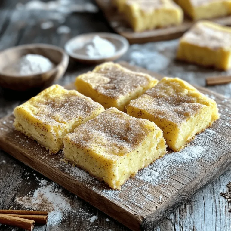 - 1 cup unsalted butter, melted - 1 cup packed brown sugar - 1/2 cup granulated sugar - 2 large eggs, at room temperature - 1 teaspoon pure vanilla extract - 2 cups all-purpose flour - 1 teaspoon baking powder - 1/2 teaspoon baking soda - 1 teaspoon cream of tartar - 1/4 teaspoon salt - 2 tablespoons cinnamon sugar (1 tablespoon cinnamon and 1 tablespoon granulated sugar) You can swap unsalted butter for coconut oil or margarine. This will change the flavor slightly. Use brown sugar for all the sugar if you want richer blondies. If you want a dairy-free option, use almond milk instead of eggs. You can also use a flax egg. Mix 1 tablespoon of ground flaxseed with 2.5 tablespoons of water. Let it sit for a few minutes before adding it to the mix. For the flour, you can use a gluten-free blend. Just make sure it has xanthan gum. Using high-quality ingredients makes a big difference. Fresh eggs and pure vanilla extract boost flavor. Choose unsalted butter for better control over salt levels. Fresh spices like cinnamon enhance taste. Use good flour without any additives for the best texture. Quality ingredients lead to better results, making your blondies more enjoyable. Start by preheating your oven to 350°F (175°C). Next, prepare a 9x13 inch baking pan. You can grease it well or line it with parchment paper. This helps with easy removal later. In a large mixing bowl, combine 1 cup of melted unsalted butter, 1 cup of packed brown sugar, and 1/2 cup of granulated sugar. Whisk until it looks smooth and glossy. Then, add 2 large eggs one by one. Whisk well after each egg. Finally, mix in 1 teaspoon of pure vanilla extract. In a separate bowl, sift together 2 cups of all-purpose flour, 1 teaspoon of baking powder, 1/2 teaspoon of baking soda, 1 teaspoon of cream of tartar, and 1/4 teaspoon of salt. Gradually add this dry mix to your wet mix. Stir gently until just combined. Be careful not to overmix; this keeps your blondies chewy. Pour the thick batter into your prepared baking pan. Use a spatula to spread it evenly. Make sure there are no dry spots. Now, sprinkle 2 tablespoons of cinnamon sugar over the top. This gives your blondies that classic snickerdoodle taste. Place the pan in the oven and bake for 20-25 minutes. Check with a toothpick in the center. It should come out with a few moist crumbs. Avoid overbaking to keep the best texture. Once baked, take the blondies out of the oven and let them cool in the pan for about 10 minutes. If you used parchment paper, carefully lift the blondies out and place them on a wire rack. Let them cool completely. Once cooled, you can cut them into squares for serving. For a cute presentation, arrange the squares on a nice platter and sprinkle some extra cinnamon sugar on top. Add a scoop of vanilla ice cream for an extra treat! To get the best texture, mix the wet and dry ingredients just enough. Overmixing can make your blondies tough. You want them soft and chewy. Use room temperature eggs for a smoother batter. They help blend better. Also, don’t skip the cream of tartar. It gives that snickerdoodle taste and helps with the rise. If you like less sweetness, cut back on the granulated sugar. You can use a little less than half a cup. For a more intense flavor, add more cinnamon sugar. Just sprinkle more on top before baking. This gives your blondies a nice, sweet kick without being too much. One big mistake is baking too long. Keep an eye on your blondies, especially after 20 minutes. Check with a toothpick; it should have some moist crumbs. Another mistake is not greasing the pan properly. This can make it hard to remove the blondies. Use parchment paper for easy lifting. Lastly, don’t skip cooling them before cutting. This helps them hold their shape better! {{image_4}} You can change up your snickerdoodle blondies by adding fun flavors. Try mixing in 1 cup of chopped nuts, like walnuts or pecans. They add a nice crunch. You can also add 1 cup of chocolate chips for a sweet twist. The rich chocolate pairs well with the cinnamon flavor. If you need a gluten-free option, swap the all-purpose flour for a gluten-free blend. Make sure the blend has xanthan gum for the best texture. This change keeps the blondies chewy and delightful without gluten. When serving your blondies, think outside the box. You can warm them up in the microwave for a few seconds. Serve them with a scoop of vanilla ice cream on top. Drizzle some caramel sauce for extra sweetness. For a festive touch, sprinkle some extra cinnamon sugar before serving. These ideas make your dessert even more fun! To keep your snickerdoodle blondies fresh, store them in an airtight container. This helps maintain their soft texture. You can place parchment paper between layers to prevent sticking. Keep them at room temperature if you plan to eat them within a few days. If you want to save some for later, refrigeration is a good choice. You can freeze snickerdoodle blondies for longer storage. First, let the blondies cool completely. Then, cut them into squares. Wrap each piece tightly in plastic wrap. After that, place them in a freezer-safe bag or container. They can stay fresh for up to three months. When you want one, just thaw it at room temperature. Snickerdoodle blondies will last about a week at room temperature. If stored properly, they can last up to two weeks in the fridge. To check for freshness, look for any signs of dryness or off smells. If they seem dry, warm them up in the microwave for a few seconds. This will help revive their chewy texture. Snickerdoodle blondies are soft, chewy bars with a sweet, cinnamon flavor. They mix the classic snickerdoodle taste into a rich blondie base. You get the buttery goodness of blondies and the warm spice of snickerdoodles all in one treat. They are great for sharing or enjoying on your own! Yes, you can make snickerdoodle blondies ahead of time. They store well for a few days. Just bake them, let them cool, and then keep them in an airtight container. You can also freeze them for longer storage. Wrap individual pieces in plastic wrap and place them in a freezer-safe bag. They will last up to three months in the freezer. To check if your blondies are done, insert a toothpick into the center. If it comes out with a few moist crumbs, they are ready. Avoid overbaking to keep them soft and chewy. You can also look for a golden-brown top. Once out of the oven, let them cool before cutting. Enjoy the warm, cinnamon goodness! This blog post covered everything you need for Snickerdoodle Blondies. We discussed the key ingredients and substitutions, plus the importance of quality. You learned step-by-step how to prepare, bake, and cool your blondies, along with tips to perfect texture and sweetness. We explored fun variations and how to store them properly. Remember, great blondies start with the right ingredients and care. Enjoy your baking!