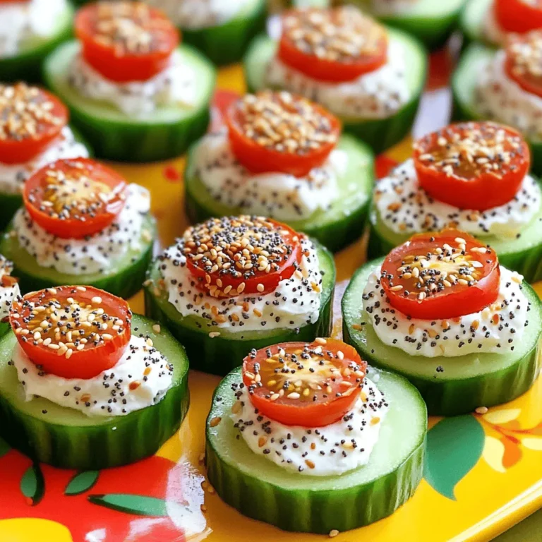 To make these tasty bites, you need: - 1 large cucumber - 1 cup cream cheese, softened - 1 tablespoon sour cream - 1 tablespoon fresh dill, finely chopped - 1 teaspoon garlic powder - 1 teaspoon onion powder - 1 teaspoon sesame seeds - 1 teaspoon poppy seeds - 1 teaspoon dried minced garlic - 1 teaspoon dried minced onion - Salt and freshly ground pepper to taste These ingredients work together to create a creamy, flavorful topping that pairs perfectly with fresh cucumber. You can add a few fun garnishes to boost flavor and color. Try these: - Cherry tomatoes, halved - Extra sprigs of fresh dill These options add a pop of color and a burst of freshness to each bite. To make the process easy, gather these tools: - Mixing bowl - Spatula or whisk - Small bowl - Small spoon or piping bag - Serving platter Having these tools ready helps keep your kitchen organized and makes cooking more fun. First, rinse the cucumber under cool running water. This step is key for freshness. After rinsing, pat it dry with a clean towel. Next, cut the cucumber into 1-inch thick rounds. Discard the ends to keep it neat. These rounds will be the base of your bites. In a medium bowl, combine 1 cup of softened cream cheese and 1 tablespoon of sour cream. Mix well with a spatula or whisk. Add 1 tablespoon of finely chopped fresh dill, 1 teaspoon of garlic powder, and 1 teaspoon of onion powder. Season with salt and freshly ground pepper. Stir until the mixture is smooth and creamy. This blend is where the magic starts! Grab a small spoon or a piping bag with a round tip. Generously dollop or pipe the cream cheese mixture onto each cucumber slice. Aim for a nice mound on each piece. Next, take your everything bagel seasoning blend, made from sesame seeds, poppy seeds, dried minced garlic, and dried minced onion. Evenly sprinkle this over the cream cheese topping on each cucumber bite. For a burst of color, gently place half a cherry tomato on top of each bite. Finally, arrange the cucumber bites on a platter. Position them to show off their vibrant colors. Your guests will love this delightful snack! Pick firm cucumbers without soft spots. Look for a shiny, dark green skin. Choose a large cucumber for thick slices. This gives each bite a satisfying crunch. Organic cucumbers often taste better and have fewer chemicals. You can make these bites a few hours before serving. Prepare the cucumber and cream cheese mixture ahead. Store them separately in the fridge. Assemble the bites just before serving. This keeps the cucumber fresh and crisp. Fresh herbs boost the taste of your bites. You can add chopped chives or parsley to the cream cheese mix. Fresh basil also works well for a twist. Experiment with herbs to find your favorite flavor. {{image_4}} You can easily make these cucumber bites gluten-free. The main ingredients are already gluten-free. Just check your cream cheese and sour cream labels. Ensure they are free from any gluten. For added crunch, you can sprinkle gluten-free crackers on top. The base of this recipe is vegetarian-friendly. If you want to add a twist, try using herbed cream cheese. You can mix in roasted red peppers or olives for extra flavor. These alternatives keep the taste fresh while adding a new layer to your snack. You can adjust the flavors to suit your taste. Want it spicier? Add a pinch of cayenne or chili powder. For a zesty kick, mix in some lemon zest into the cream cheese. If you like a sweeter note, try adding a touch of honey to balance the savory elements. These tweaks can make your cucumber bites truly unique! To keep your Everything Bagel Cucumber Bites fresh, store them in an airtight container. Place parchment paper between layers to avoid sogginess. Always refrigerate them. Use them within two days for best taste. If the cream cheese mixture is left over, store it in a separate container. This way, you can enjoy it on crackers or bread later. These cucumber bites are best served cold. Avoid reheating them as the cucumber will lose its crunch. If you prefer a warm snack, consider using the cream cheese mixture as a dip with toasted bread or chips instead. This keeps the flavor without losing texture. - Cucumber: Fresh cucumbers last about one week in the fridge. - Cream Cheese: Unopened cream cheese lasts up to two months, while opened lasts about a week. - Sour Cream: Unopened sour cream lasts about two weeks; opened lasts around a week. - Dill: Fresh dill can last up to a week, while dried dill lasts about two years. Keeping track of these dates helps you enjoy your snacks at their best! Yes, you can use low-fat cream cheese. It works well in this recipe. The dip may be a bit lighter, but it still tastes great. Just make sure it is softened. This way, it mixes easily with the other ingredients. You can store these bites for up to two days. Keep them in the fridge in an airtight container. The cucumber might get a little soft, but the flavor stays fresh. Make sure to eat them within this time for the best taste. These cucumber bites pair well with many snacks. You could serve them with crackers, pita chips, or fresh veggies. They also go nicely with a light salad or a refreshing drink. For a fun twist, try them with smoked salmon or sliced deli meats. You now have all you need to make delicious Everything Bagel Cucumber Bites. We covered the key ingredients and tools to prepare them. You learned how to choose the best cucumber and enhance flavors with herbs. Remember, these bites can be made gluten-free or vegetarian. They store well and are easy to reheat. Plus, feel free to serve them with your favorite dips. Enjoy creating these tasty snacks for yourself or your guests!