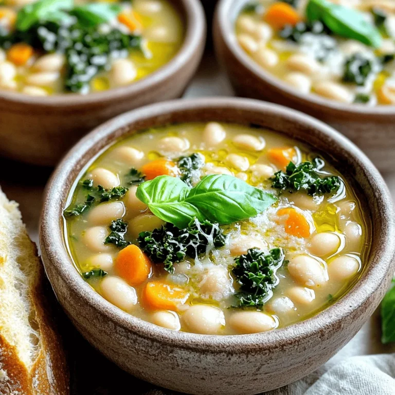 - 1 cup dried cannellini beans (or 2 cans, drained and rinsed) - 3 tablespoons olive oil - 1 medium onion, finely diced - 3 cloves garlic, minced - 2 medium carrots, peeled and diced - 2 celery stalks, diced - 1 teaspoon dried thyme - 1 teaspoon dried rosemary - 4 cups vegetable broth - 1 can (14 oz) diced tomatoes, with their juices - 2 cups kale, chopped - Salt and pepper to taste These ingredients create a warm and hearty soup. The beans provide protein and fiber. The vegetables add flavor and nutrients. The herbs bring out the soup's aromatic qualities. Each ingredient plays a key role in making the soup both filling and tasty. - Fresh basil leaves for garnish - Grated Parmesan cheese (optional) for serving Adding fresh basil gives a bright touch. Parmesan cheese adds a rich, savory flavor. These options make the soup even more special. - Large pot - Cutting board - Sharp knife - Measuring cups and spoons - Stirring spoon Using the right tools makes cooking easier. A large pot helps combine all the ingredients. A sharp knife ensures quick and safe chopping. These tools help you create a perfect soup with less hassle. First, decide if you want dried or canned beans. If you pick dried cannellini beans, soak them overnight in water. This helps them cook well. The next day, drain and rinse the beans. Place them in a pot of boiling water. Cook them for about one hour or until they feel soft. After cooking, drain the beans and set them aside. If you use canned beans, just drain and rinse them. They are ready for the soup. Next, grab a large pot and heat three tablespoons of olive oil over medium heat. Once the oil is warm, add one medium diced onion. Sauté the onion for about five minutes. It should become soft and fragrant. Then, add three minced cloves of garlic, along with two diced carrots and two diced celery stalks. Cook these veggies for another five to seven minutes. Stir them often until they are soft but not brown. Now it’s time to build the soup’s flavor. Sprinkle in one teaspoon each of dried thyme and rosemary. Mix well and let the herbs cook for a minute. This helps release their great aroma. Pour in four cups of vegetable broth and one can of diced tomatoes with their juices. Stir everything and bring it to a gentle simmer. Add the cooked or canned cannellini beans to the pot. Let the soup simmer for about 20 to 25 minutes. Stir it occasionally to blend the flavors. After that, add two cups of chopped kale and stir it in. Cook for another five to ten minutes until the kale wilts. Finally, taste your soup. Add salt and pepper as needed to enhance the flavors. Now, you're ready to serve! To boost the taste of your soup, try these tips: - Use fresh herbs for a brighter flavor. - Sauté your garlic until fragrant but not burnt. - Add a splash of lemon juice before serving. This will brighten the soup. - Consider adding a bay leaf while simmering. Remove it before serving. Both dried and canned beans work well in this soup. Here’s how to choose: - Dried Beans: Soak them overnight for best results. They take longer to cook. Use them for a richer flavor. - Canned Beans: Quick and easy! Just drain and rinse before adding. They save time without losing taste. Pair your soup with these ideas for a complete meal: - Serve it with crusty Italian bread for dipping. - Add a side salad for freshness and crunch. - For extra richness, sprinkle grated Parmesan on top. - Garnish with fresh basil leaves for color and flavor. These tips will help you make a warm, inviting soup that feels like a hug in a bowl! {{image_4}} You can add protein to make this soup heartier. Try cooked chicken, sausage, or turkey. For a quick option, use leftover rotisserie chicken. If you like beans, you can add more cannellini or other beans. Simply stir them in during the last 10 minutes of cooking. This keeps them soft and helps them soak up the flavors. If you want a vegetarian or vegan soup, skip the meat. You can add more veggies like zucchini or bell peppers for variety. Tofu is a great option too. Just cube it and toss it in while the soup simmers. You can also add some nutritional yeast. This gives a cheesy flavor without dairy, making it a perfect vegan choice. If you like spice, add red pepper flakes or diced jalapeños. Start with a small amount, then adjust to your taste. You can also add a dash of hot sauce before serving. This gives a nice kick without overwhelming the soup. For a smoky taste, try adding smoked paprika. It adds depth and warmth, enhancing the cozy feel of the dish. To keep your soup fresh, let it cool first. Use a clean container with a lid. Pour the soup in and seal it tight. Store it in the fridge for up to three days. If you want to save it longer, freezing is best. To freeze the soup, choose a freezer-safe container. Leave some space at the top since soup expands when frozen. You can also use freezer bags. Just lay them flat to save space. Label each bag with the date. The soup will stay good for about three months. When you’re ready to enjoy your soup, take it out of the fridge or freezer. If frozen, thaw it overnight in the fridge. To reheat, pour the soup into a pot. Warm it over medium heat, stirring often. If it seems too thick, add a splash of broth or water. Serve hot, and enjoy! Yes, you can use other beans. Great substitutes include navy beans or mixed beans. They will change the taste but still keep the soup hearty. Make sure to cook them until soft, just like the cannellini beans. To keep the soup gluten-free, check your vegetable broth. Some broths have gluten. Look for brands that say gluten-free on the label. All other ingredients in this soup are naturally gluten-free. If you don’t have kale, try spinach or Swiss chard. Both will wilt nicely in the soup. You can also use collard greens for a different taste. Just chop them up and add them in when you would add the kale. Absolutely! To make this soup in a slow cooker, add all your ingredients to the pot. Set it on low for 6-8 hours or high for 3-4 hours. This way, the flavors blend well, and you get a warm, cozy meal without much fuss. This blog post walked through making Cozy Tuscan White Bean Soup. You learned the key ingredients, cooking steps, and useful tips. I also shared variations to fit your taste and how to store leftovers. Remember, this soup is versatile and easy to adapt. Try adding proteins or spices to make it your own. Whether you enjoy it fresh or frozen, you will find joy in every bowl. Cook up some comfort and enjoy sharing it with others!