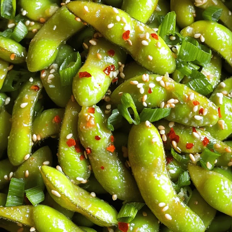 - 2 cups edamame (in pods) - 3 tablespoons olive oil - 4 cloves garlic, minced - 1 teaspoon red pepper flakes - 2 tablespoons soy sauce - 1 teaspoon sesame oil - Fresh lime juice - Sea salt to taste - Chopped green onions and sesame seeds Gathering the right ingredients is key to making spicy garlic edamame. Start with two cups of fresh edamame in pods. They give a nice crunch and healthy boost. You will also need three tablespoons of olive oil. This oil brings richness and helps to sauté the garlic. Speaking of garlic, use four cloves, minced. Garlic adds a bold flavor. Next, for a kick, grab one teaspoon of red pepper flakes. Adjust this if you want more or less heat. You will also need two tablespoons of soy sauce for that savory touch. A teaspoon of sesame oil adds a lovely aroma and taste, too. For a zesty finish, consider fresh lime juice. It brightens up the dish. Sea salt adds seasoning, so taste as you go. Lastly, if you want to impress, chop some green onions and sprinkle sesame seeds on top. These optional garnishes not only add color but also enhance the flavor. - Boil water and season with salt. - Cook edamame pods for 5-7 minutes. Start by filling a medium pot with water and placing it on the stove. Bring the water to a rapid boil. Once boiling, add a generous pinch of salt. This step is key to enhancing the flavor of the edamame. Carefully add the edamame pods and let them cook for about 5-7 minutes. You want the pods to be tender and bright green. After cooking, drain the edamame in a colander and set them aside. - Heat olive oil in skillet. - Sauté garlic and red pepper flakes. Next, take a large skillet and pour in 3 tablespoons of olive oil. Warm it over medium heat. Watch for signs of shimmering; that means it’s ready. Now, add the minced garlic and red pepper flakes. Sauté these for about 1-2 minutes. Stir them frequently to prevent burning. The garlic should smell fragrant, but not brown. - Add cooked edamame to skillet. - Stir in soy sauce and sesame oil. - Finish with lime juice and season. Now it's time to mix everything together. Carefully add the drained edamame to the skillet. Toss them gently so they get coated in the garlic and oil mix. Pour in 2 tablespoons of soy sauce and 1 teaspoon of sesame oil. Stir well to combine everything. Let it cook for another 2-3 minutes. This allows the edamame to absorb all the delicious flavors. Finally, remove the skillet from the heat and drizzle the fresh lime juice over the top. Season with sea salt to taste. Give it one last toss, and your spicy garlic edamame is ready to serve! To cook edamame just right, aim for 5 to 7 minutes. You want them tender and bright green. The salt you add to the boiling water is key. It helps to enhance the flavor of the pods. Without it, they might taste bland. If you like spice, adjust the red pepper flakes to your taste. Start with one teaspoon and add more if you want extra heat. When sautéing garlic, keep an eye on it. You want it fragrant, not brown. This way, it stays sweet and flavorful. For a fun twist, try garnishing with chopped green onions and sesame seeds. These add color and crunch. When serving, present the edamame in a large bowl. It invites guests to dig in. You can also pair it with drinks for a great snack at gatherings. {{image_4}} You can make spicy garlic edamame even better by adding proteins. Try shrimp or chicken for a heartier dish. Simply cook the shrimp or chicken in the skillet before adding the garlic and edamame. This method infuses all the flavors together and creates a tasty meal. You can also mix in different spices. For example, add fresh ginger for a warm, zesty kick. Just grate a small piece and sauté it with the garlic. This twist brightens the dish and gives it a new dimension. If you need a gluten-free version, use soy sauce substitutes. Look for options like coconut aminos or tamari. Both give the same umami flavor without gluten. They work perfectly in this spicy garlic edamame recipe. Another great choice is garlic-infused oil. By using this instead of regular olive oil, you enhance the garlic flavor. It adds a nice depth to the dish without extra effort. You can turn spicy garlic edamame into a full meal. Pair it with rice or noodles for a filling dish. Just serve the edamame on top of a bed of rice. The flavors blend beautifully, making it a satisfying option. Alternatively, use it as a salad topping. Toss the edamame with fresh greens, cucumbers, and a light dressing. This adds crunch and flavor, creating a delightful salad that is both healthy and tasty. To keep your spicy garlic edamame fresh, store it in an airtight container. Glass or plastic containers work well. Make sure the edamame is cool before sealing. You can also use a resealable bag, but remove as much air as possible. This helps prevent freezer burn and keeps flavors intact. When reheating, you have two good choices: the microwave or the stovetop. - Microwave: Place the edamame in a microwave-safe dish. Cover it with a lid or a damp paper towel. Heat for about 30 seconds. Stir and heat again if needed. This method is quick but may alter the texture slightly. - Stovetop: Heat a skillet over medium heat. Add a splash of olive oil. Toss in the edamame and heat for about 2-3 minutes. Stir often to keep it from burning. This method keeps the flavors strong and the texture crisp. For best taste, enjoy your spicy garlic edamame within 3-4 days. It stays fresh in the fridge. You can freeze it for up to 3 months. Look for any off smells or changes in color. If it smells sour or has a mushy texture, it’s time to toss it. Yes, you can use frozen edamame. Just cook it according to package instructions. Frozen edamame saves time and is often just as tasty. You’ll want to thaw it before cooking it in the skillet with garlic and spices. This way, you still get that warm, flavorful snack. To adjust the spice level, change the amount of red pepper flakes. Start with less if you want mild heat. You can always add more later. For a kick, try adding fresh chopped chili peppers or hot sauce. Taste as you go to find your perfect heat. Edamame is a great source of protein and fiber. Here are some benefits: - High in Protein: Edamame offers a complete protein, making it ideal for vegans. - Rich in Fiber: It helps with digestion and keeps you full. - Packed with Vitamins: Edamame is full of vitamins like A, C, and K. - Good for Heart Health: It contains healthy fats that support heart health. With all these benefits, enjoying spicy garlic edamame is a tasty way to be healthy! In this blog post, we explored how to make delicious Spicy Garlic Edamame. We covered essential ingredients, preparation steps, and helpful tips to get it just right. The optional garnishes add extra zing to your dish. You can also try various variations for different flavors. Don’t forget about storage tips to keep leftovers fresh. Spicy Garlic Edamame is simple, tasty, and versatile. Enjoy it on its own or as a side. You’ll impress your family and friends with this dish!