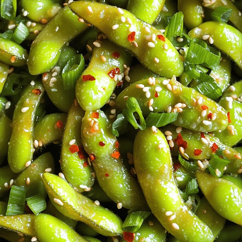 - 2 cups edamame (in pods) - 3 tablespoons olive oil - 4 cloves garlic, minced - 1 teaspoon red pepper flakes - 2 tablespoons soy sauce - 1 teaspoon sesame oil - Fresh lime juice - Sea salt to taste - Chopped green onions and sesame seeds Gathering the right ingredients is key to making spicy garlic edamame. Start with two cups of fresh edamame in pods. They give a nice crunch and healthy boost. You will also need three tablespoons of olive oil. This oil brings richness and helps to sauté the garlic. Speaking of garlic, use four cloves, minced. Garlic adds a bold flavor. Next, for a kick, grab one teaspoon of red pepper flakes. Adjust this if you want more or less heat. You will also need two tablespoons of soy sauce for that savory touch. A teaspoon of sesame oil adds a lovely aroma and taste, too. For a zesty finish, consider fresh lime juice. It brightens up the dish. Sea salt adds seasoning, so taste as you go. Lastly, if you want to impress, chop some green onions and sprinkle sesame seeds on top. These optional garnishes not only add color but also enhance the flavor. - Boil water and season with salt. - Cook edamame pods for 5-7 minutes. Start by filling a medium pot with water and placing it on the stove. Bring the water to a rapid boil. Once boiling, add a generous pinch of salt. This step is key to enhancing the flavor of the edamame. Carefully add the edamame pods and let them cook for about 5-7 minutes. You want the pods to be tender and bright green. After cooking, drain the edamame in a colander and set them aside. - Heat olive oil in skillet. - Sauté garlic and red pepper flakes. Next, take a large skillet and pour in 3 tablespoons of olive oil. Warm it over medium heat. Watch for signs of shimmering; that means it’s ready. Now, add the minced garlic and red pepper flakes. Sauté these for about 1-2 minutes. Stir them frequently to prevent burning. The garlic should smell fragrant, but not brown. - Add cooked edamame to skillet. - Stir in soy sauce and sesame oil. - Finish with lime juice and season. Now it's time to mix everything together. Carefully add the drained edamame to the skillet. Toss them gently so they get coated in the garlic and oil mix. Pour in 2 tablespoons of soy sauce and 1 teaspoon of sesame oil. Stir well to combine everything. Let it cook for another 2-3 minutes. This allows the edamame to absorb all the delicious flavors. Finally, remove the skillet from the heat and drizzle the fresh lime juice over the top. Season with sea salt to taste. Give it one last toss, and your spicy garlic edamame is ready to serve! To cook edamame just right, aim for 5 to 7 minutes. You want them tender and bright green. The salt you add to the boiling water is key. It helps to enhance the flavor of the pods. Without it, they might taste bland. If you like spice, adjust the red pepper flakes to your taste. Start with one teaspoon and add more if you want extra heat. When sautéing garlic, keep an eye on it. You want it fragrant, not brown. This way, it stays sweet and flavorful. For a fun twist, try garnishing with chopped green onions and sesame seeds. These add color and crunch. When serving, present the edamame in a large bowl. It invites guests to dig in. You can also pair it with drinks for a great snack at gatherings. {{image_4}} You can make spicy garlic edamame even better by adding proteins. Try shrimp or chicken for a heartier dish. Simply cook the shrimp or chicken in the skillet before adding the garlic and edamame. This method infuses all the flavors together and creates a tasty meal. You can also mix in different spices. For example, add fresh ginger for a warm, zesty kick. Just grate a small piece and sauté it with the garlic. This twist brightens the dish and gives it a new dimension. If you need a gluten-free version, use soy sauce substitutes. Look for options like coconut aminos or tamari. Both give the same umami flavor without gluten. They work perfectly in this spicy garlic edamame recipe. Another great choice is garlic-infused oil. By using this instead of regular olive oil, you enhance the garlic flavor. It adds a nice depth to the dish without extra effort. You can turn spicy garlic edamame into a full meal. Pair it with rice or noodles for a filling dish. Just serve the edamame on top of a bed of rice. The flavors blend beautifully, making it a satisfying option. Alternatively, use it as a salad topping. Toss the edamame with fresh greens, cucumbers, and a light dressing. This adds crunch and flavor, creating a delightful salad that is both healthy and tasty. To keep your spicy garlic edamame fresh, store it in an airtight container. Glass or plastic containers work well. Make sure the edamame is cool before sealing. You can also use a resealable bag, but remove as much air as possible. This helps prevent freezer burn and keeps flavors intact. When reheating, you have two good choices: the microwave or the stovetop. - Microwave: Place the edamame in a microwave-safe dish. Cover it with a lid or a damp paper towel. Heat for about 30 seconds. Stir and heat again if needed. This method is quick but may alter the texture slightly. - Stovetop: Heat a skillet over medium heat. Add a splash of olive oil. Toss in the edamame and heat for about 2-3 minutes. Stir often to keep it from burning. This method keeps the flavors strong and the texture crisp. For best taste, enjoy your spicy garlic edamame within 3-4 days. It stays fresh in the fridge. You can freeze it for up to 3 months. Look for any off smells or changes in color. If it smells sour or has a mushy texture, it’s time to toss it. Yes, you can use frozen edamame. Just cook it according to package instructions. Frozen edamame saves time and is often just as tasty. You’ll want to thaw it before cooking it in the skillet with garlic and spices. This way, you still get that warm, flavorful snack. To adjust the spice level, change the amount of red pepper flakes. Start with less if you want mild heat. You can always add more later. For a kick, try adding fresh chopped chili peppers or hot sauce. Taste as you go to find your perfect heat. Edamame is a great source of protein and fiber. Here are some benefits: - High in Protein: Edamame offers a complete protein, making it ideal for vegans. - Rich in Fiber: It helps with digestion and keeps you full. - Packed with Vitamins: Edamame is full of vitamins like A, C, and K. - Good for Heart Health: It contains healthy fats that support heart health. With all these benefits, enjoying spicy garlic edamame is a tasty way to be healthy! In this blog post, we explored how to make delicious Spicy Garlic Edamame. We covered essential ingredients, preparation steps, and helpful tips to get it just right. The optional garnishes add extra zing to your dish. You can also try various variations for different flavors. Don’t forget about storage tips to keep leftovers fresh. Spicy Garlic Edamame is simple, tasty, and versatile. Enjoy it on its own or as a side. You’ll impress your family and friends with this dish!