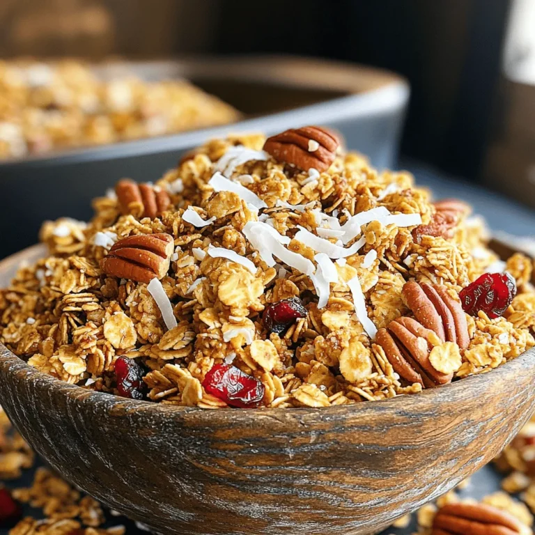 - 2 cups rolled oats - 1 cup pecan halves, coarsely chopped - 1/2 cup sunflower seeds - 1/2 cup unsweetened shredded coconut - 1/2 teaspoon ground cinnamon These main ingredients create the base for our tasty granola. The rolled oats give it that perfect crunch. They also provide fiber for a healthy start to your day. Pecan halves add a rich, nutty flavor and healthy fats. Sunflower seeds bring a little crunch and extra nutrients. Unsweetened shredded coconut adds a hint of sweetness and texture. Lastly, ground cinnamon gives it a warm, inviting taste. - 1/2 cup pure maple syrup - 1/4 cup coconut oil, melted - 1 teaspoon pure vanilla extract The wet ingredients bind the dry mix together. Pure maple syrup gives it a natural sweetness. It also brings a lovely caramel flavor. Coconut oil helps the granola crisp up nicely. It adds a subtle coconut taste without being overpowering. Pure vanilla extract enhances the overall flavor, making it more delicious. - 1/2 cup dried cranberries or raisins - 1/4 teaspoon sea salt Dried cranberries or raisins add a sweet touch to the mix. They brighten up the granola and give it a chewy texture. If you enjoy a little saltiness, sea salt balances out the sweetness. You can choose to include these to customize your granola to your taste. 1. Preheat your oven to 325°F (163°C). This temperature helps the granola crisp up nicely. 2. Prepare a large baking sheet by lining it with parchment paper. The paper prevents sticking and makes cleanup easy. 1. In a big bowl, combine 2 cups of rolled oats, 1 cup of coarsely chopped pecans, and 1/2 cup of sunflower seeds. 2. Add in 1/2 cup of unsweetened shredded coconut, 1/2 teaspoon of ground cinnamon, and 1/4 teaspoon of sea salt. Stir well so everything mixes evenly. 1. In another bowl, whisk together 1/2 cup of pure maple syrup, 1/4 cup of melted coconut oil, and 1 teaspoon of pure vanilla extract. Make sure it’s smooth and mixed well. 2. Pour this wet mixture over the dry ingredients in the big bowl. Mix thoroughly until every oat and seed is coated with the maple blend. 1. Spread the granola mixture evenly across the prepared baking sheet. Use a spatula to press it down slightly. This helps the granola clump together as it bakes. 2. Bake in the preheated oven for 25-30 minutes. Remember to stir every 10 minutes. This step ensures even toasting and a golden brown color. 3. Once baked, remove the granola from the oven and let it cool completely on the baking sheet. Cooling helps it firm up and form crunchy clusters. After cooling, mix in 1/2 cup of dried cranberries or raisins if you want them. Store the granola in an airtight container at room temperature. It can stay fresh for up to two weeks. Enjoy your tasty and healthy treat! To get that perfect crunch in your granola, even baking is key. Make sure to spread your granola in a thin layer on the baking sheet. This helps it toast evenly. Stir it every 10 minutes while baking. This simple act keeps the granola from burning and gives it a nice golden color. After baking, let the granola cool completely on the baking sheet. This cooling step is crucial. It helps create those tasty clusters we all love. If you skip this, your granola might stay loose and crumbly. For the best freshness, store your granola in an airtight container. Glass jars work well and look nice on your shelf. Keep it at room temperature, away from heat and sunlight. This way, your granola stays crunchy for up to two weeks. If you want it to last longer, consider refrigeration. Just remember to use a moisture-free container. Moisture can make your granola soft and less tasty. Granola shines when paired with milk or yogurt. Pour it over your favorite yogurt for a tasty breakfast. It adds a nice crunch and balances the creaminess. To boost flavor, add fresh fruits like berries or bananas. They add sweetness and make your meal colorful. You can even drizzle extra maple syrup on top if you want a sweeter touch. Enjoy! {{image_4}} You can switch nuts if you want. Try walnuts or almonds instead of pecans. Each nut brings a new taste and crunch. For sweeteners, consider using honey or agave syrup. These options add a different flavor while still keeping it sweet. You can spice things up with nutmeg or ginger. A pinch of these spices will add warmth and depth. If you enjoy a little sweetness, add chocolate chips or seeds. Sunflower or pumpkin seeds are great mixes. They give a nice crunch and extra nutrients. Change your granola with the seasons! In fall, add pumpkin spice or small apple bits for a cozy touch. In summer, blend in some dried fruits like peaches or apricots. These additions make your granola feel fresh and fun all year round. To keep your maple pecan granola fresh, use airtight containers. These help keep moisture out. Glass jars also work well. They let you see your granola while preventing air exposure. Store your granola in a cool, dark place. This will help maintain its crunch and flavor. Your granola lasts about two weeks at room temperature. Just make sure it stays in an airtight container. If you want it to last longer, store it in the fridge. Refrigeration can keep it fresh for up to a month. Just remember to let it come back to room temperature before eating. Check your granola for any signs of spoilage. If it smells off or has a strange texture, it’s time to toss it. Fresh granola should smell sweet and nutty. If it feels soft instead of crunchy, that’s another sign it’s gone bad. Always trust your senses when it comes to food safety. Homemade granola lasts about two weeks at room temperature. Store it in an airtight container. This keeps it fresh and crunchy. For longer storage, you can freeze it. Just ensure it is in a freezer-safe bag. It can last up to three months in the freezer. Yes, you can use other nuts in your granola. Walnuts and almonds are great options. They add different flavors and textures. Walnuts are rich in omega-3 fatty acids, which are good for your heart. Almonds add protein and help with energy. Feel free to mix and match your favorites! Yes, Maple Pecan Granola can be gluten-free. Just use certified gluten-free oats. These oats ensure no gluten is present. Many brands offer gluten-free options. This makes it safe for those with gluten intolerance. Always check labels to be sure. Maple Pecan Granola is packed with healthy ingredients. Rolled oats provide fiber, which aids digestion. Pecans are rich in healthy fats, which support heart health. Sunflower seeds add vitamin E for skin health. Coconut offers healthy energy. This granola is a balanced snack or breakfast choice! Maple pecan granola is simple and fun to make. We covered key ingredients, from oats to maple syrup. The step-by-step guide makes baking easy, ensuring you achieve that perfect crunch. Remember, cool it down to form tasty clusters! Store your granola in airtight containers for freshness and explore variations to keep things exciting. With these tips, your homemade granola will be delicious and nutritious. Enjoy it with yogurt or fresh fruit for a perfect snack or breakfast. Happy baking!