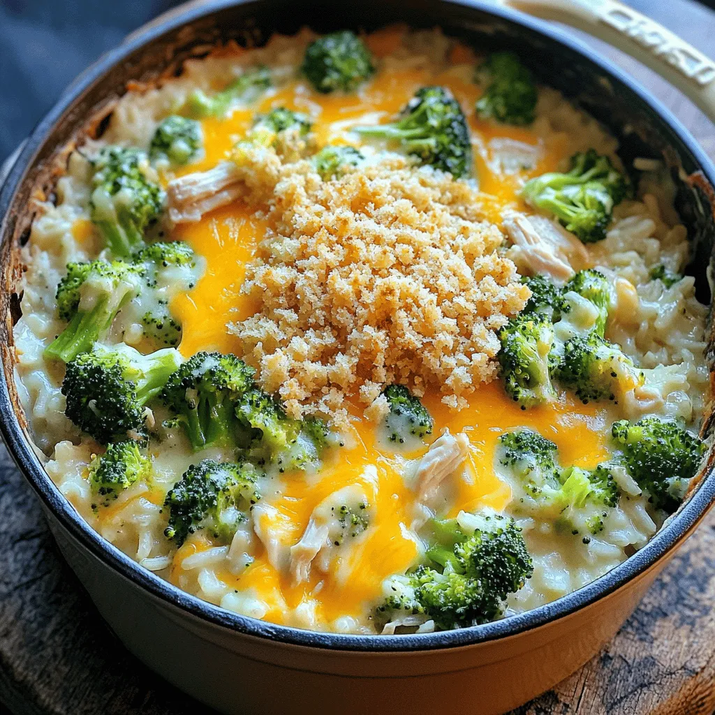 - 2 cups cooked chicken, shredded - 1 cup long-grain rice, uncooked - 2 cups broccoli florets (fresh or frozen) - 1 can (10.5 oz) cream of chicken soup - 1 cup chicken broth - 1 cup sharp cheddar cheese, shredded - 1 cup milk - 1 teaspoon garlic powder - 1 teaspoon onion powder - 1 tablespoon olive oil - Salt and pepper to taste Gathering the right ingredients makes your cheesy broccoli chicken rice casserole a success. Start with shredded chicken. Use leftover roast chicken or rotisserie chicken for ease. Then, grab long-grain rice. This type cooks evenly and gives a great texture. Next, pick up fresh or frozen broccoli florets. They add color and nutrients to your dish. For the creamy base, you’ll need a can of cream of chicken soup and chicken broth. These create a rich flavor that blends well with the chicken and veggies. Don't forget the milk. It adds creaminess to the casserole. Now, let’s talk cheese. Sharp cheddar cheese is your best friend here. It melts beautifully and gives a tangy taste. Lastly, gather your seasonings: garlic powder, onion powder, salt, and pepper. Olive oil helps toast the rice and adds a nice flavor. With these ingredients, you’re on your way to a delightful dish. Each element plays its part, creating a casserole that’s warm, cheesy, and satisfying. 1. Preheat the oven Set your oven to 350°F (175°C). This step warms up your kitchen and gets the oven ready. 2. Toast the rice In a large, oven-safe pot, heat 1 tablespoon of olive oil over medium heat. Add 1 cup of uncooked long-grain rice. Toast the rice for about 2 minutes. Stir it often until it turns slightly golden and gives off a nice smell. 3. Combine liquids and seasoning Pour in 1 can of cream of chicken soup, 1 cup of chicken broth, and 1 cup of milk. Stir well until everything is mixed and smooth. This mix gives your casserole its creamy base. 4. Incorporate chicken and broccoli Add 2 cups of shredded chicken and 2 cups of broccoli florets to the pot. Season with 1 teaspoon of garlic powder, 1 teaspoon of onion powder, salt, and pepper to taste. Mix everything until well combined. 5. Simmer and add cheese Let the mixture come to a gentle simmer. Then, cover the pot and reduce the heat to low. Cook for about 15 minutes, or until the rice soaks up most of the liquid. After that, remove the lid and stir in half of the 1 cup of shredded sharp cheddar cheese until it melts. 6. Bake to perfection If you like a crunchy top, sprinkle 0.5 cup of breadcrumbs on the casserole. Add the remaining cheddar cheese on top. Transfer the pot to your preheated oven. Bake uncovered for 15-20 minutes. Look for bubbling cheese and a golden brown topping. Enjoy a warm, cheesy dish that everyone will love! - Best practices for cooking rice: Start by toasting the uncooked rice in olive oil. This gives the rice a nice flavor and keeps it from becoming mushy. Stir often while toasting for about two minutes until slightly golden. This step helps the rice stay separate when cooked. - Ensuring the casserole is creamy: To keep the casserole creamy, mix the cream of chicken soup, chicken broth, and milk well. Make sure there are no lumps. Adding half of the cheese at the end also adds richness and creaminess. - Ideal accompaniments: This casserole goes well with a green salad or garlic bread. Both add freshness and flavor to your meal. You can also serve it with a side of steamed veggies for extra nutrition. - Presentation tips: Serve the casserole in the pot for a cozy feel. For a more elegant touch, scoop servings onto plates. Garnish with fresh parsley or a drizzle of cheese sauce for color and appeal. - Alternatives for chicken: If you want a change, try using cooked turkey or rotisserie chicken. For a vegetarian option, you can use chickpeas or tofu. Both options add protein and flavor. - Dairy-free options: To make this casserole dairy-free, use a dairy-free cream soup and plant-based milk. Nutritional yeast can replace cheese for a cheesy flavor without dairy. {{image_4}} You can change up the veggies in this casserole. Try adding: - Carrots: Shredded or diced for sweetness. - Peas: Add a pop of color and flavor. - Bell peppers: Brighten the dish with crunch. For cheese, consider these options: - Mozzarella: A milder, stretchy cheese. - Pepper jack: A little spice for a kick. - Cream cheese: For a rich and creamy texture. To make this dish gluten-free, use: - Gluten-free rice: It works just like regular rice. - Gluten-free cream soup: Check the labels for safe options. For a low-carb version, swap rice for: - Cauliflower rice: It’s low in carbs and easy to prepare. - Zucchini noodles: A fun twist for a veggie boost. You can cook this casserole differently. Try the stovetop method: 1. Cook the rice in a pot with broth. 2. Stir in chicken, broccoli, and soup. 3. Simmer until warm and creamy. For a slow cooker adaptation: 1. Combine all ingredients in the slow cooker. 2. Cook on low for 4-6 hours. 3. Stir in cheese before serving for a melted finish. To store leftovers, let the casserole cool first. Once it cools, place it in a storage container. I recommend using an airtight container to keep it fresh. This helps lock in the flavors and moisture. You can store the leftovers in the fridge for up to three days. To freeze your casserole, make sure it cools completely. Then, cut it into portions for easy serving. Wrap each portion tightly in plastic wrap. You can also use a freezer-safe container or a resealable bag. This will help prevent freezer burn. When you want to eat it, thaw it in the fridge overnight. Reheat it in the oven at 350°F until hot. In the refrigerator, your casserole lasts about three days. If you freeze it, it can last up to three months. Just make sure you follow the freezing instructions for the best taste and texture. Can I use uncooked chicken? Yes, you can use uncooked chicken. Just make sure to cook it fully during the casserole process. This helps keep it safe to eat. Add the raw chicken when you mix in the rice and liquids. It will cook through as the casserole bakes. How do I make it spicier? To add spice, you can include red pepper flakes or hot sauce. Mix these in with the chicken and broccoli for an extra kick. You can also use pepper jack cheese instead of cheddar for more heat. How do I know when it's done? Check if the cheese is bubbly and golden. The rice should be tender and the chicken fully cooked. You can also use a meat thermometer to check the chicken's internal temperature. It should reach 165°F (74°C) for safety. Can I prepare it ahead of time? Yes, you can prepare it ahead. Just assemble the casserole and cover it. Store it in the fridge for up to 24 hours. When ready to bake, add extra time in the oven since it will be cold. How to hide vegetables? To hide vegetables, you can chop them very small. You can also blend broccoli with the liquids before mixing them in. This way, they blend into the dish and kids won’t notice them. Kid-friendly adjustments For kids, try using less garlic and onion powder. You can also add a fun topping like crushed chips. They add a great crunch and make the dish more appealing. This article covered a simple chicken casserole recipe with key ingredients, easy steps, and helpful tips. You learned about main ingredients like chicken, rice, and broccoli, plus seasoning tips to boost flavor. We explored variations for diets and cooking methods, ensuring you can adapt the dish. Finally, I shared storage tips for leftovers. Cooking doesn’t have to be hard. With this recipe, you can impress everyone at your table! Enjoy creating your delicious casserole.