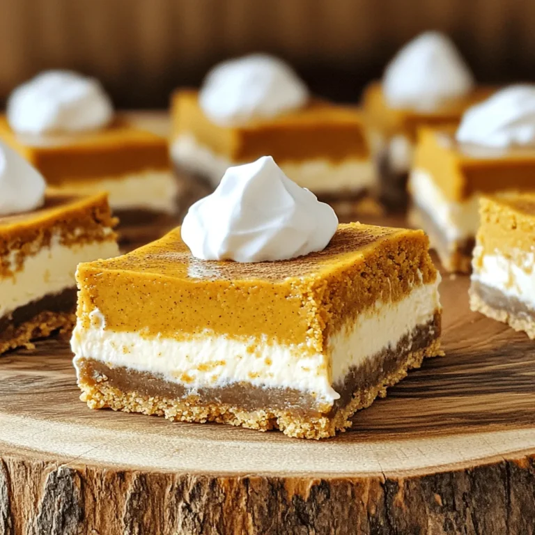 To make these tasty pumpkin pie cheesecake bars, you'll need: - 1 ½ cups graham cracker crumbs - ½ cup unsalted butter, melted - 1 tablespoon granulated sugar - 1 teaspoon ground cinnamon - 16 oz cream cheese, softened to room temperature - ¾ cup granulated sugar - 2 large eggs - 1 cup canned pumpkin puree - 1 teaspoon vanilla extract - 1 teaspoon ground nutmeg - 1 teaspoon ground ginger - ¼ teaspoon salt These ingredients create a creamy filling and a crunchy base. The pumpkin and spices bring a warm, fall flavor. You can add some fun toppings to your cheesecake bars. Here are a few ideas: - Whipped cream - Chopped nuts, like pecans or walnuts - A sprinkle of cinnamon or nutmeg - Caramel sauce These toppings can make your bars look festive and taste even better. To prepare these bars, you'll need some basic kitchen tools: - 8x8 inch baking pan - Parchment paper - Medium mixing bowl - Large mixing bowl - Electric mixer - Spatula Having the right equipment makes the process smooth. Each tool helps you mix, bake, and serve with ease. Start by preheating your oven to 350°F (175°C). Grab an 8x8 inch baking pan. Line it with parchment paper, leaving some paper hanging over the sides. This helps you lift the bars out later. In a medium bowl, mix together 1 ½ cups of graham cracker crumbs, ½ cup of melted butter, 1 tablespoon of sugar, and 1 teaspoon of ground cinnamon. Stir these ingredients until the crumbs are well combined. Next, press this crumb mixture firmly into the bottom of your baking pan. Make sure it’s even and solid. Bake the crust for 8-10 minutes until it turns a light golden color. Once done, take it out and let it cool completely. Now, in a large mixing bowl, use an electric mixer to beat 16 oz of softened cream cheese until it's smooth. Gradually add ¾ cup of sugar, mixing until fluffy. Add 2 large eggs to the cream cheese mixture, one at a time. Make sure to blend well after each egg. Gently fold in 1 cup of canned pumpkin puree, 1 teaspoon of vanilla extract, 1 teaspoon of ground nutmeg, 1 teaspoon of ground ginger, and ¼ teaspoon of salt. Mix until everything is well combined. Carefully pour the pumpkin cheesecake mixture over the cooled crust. Use a spatula to spread it evenly. Bake in your preheated oven for 30-35 minutes. The center should be set but still jiggle a bit when you shake the pan gently. After baking, turn off the oven and crack the door open. Let the cheesecake bars cool in the oven for about 1 hour. This step helps prevent cracks on the surface. Once cooled, move the pan to the refrigerator. Chill for at least 4 hours, or overnight for better flavor. When you’re ready to serve, lift the bars out using the parchment paper. Cut them into squares. You can add whipped cream on top if you like! To make a great crust, mix graham cracker crumbs with melted butter. Add sugar and cinnamon for extra flavor. Press the mixture firmly into the pan. Bake it until golden brown, about 8-10 minutes. Let it cool completely before adding the filling. This helps the crust stay firm. Cracks can ruin the look of your cheesecake bars. To prevent this, bake them at a lower temperature. Start with a hot oven, but lower the heat after a few minutes. Once done, let the bars cool in the oven with the door slightly open. This slows the cooling process and reduces cracks. Chilling is key for great cheesecake bars. After baking, let them cool on the counter for an hour. Then, place them in the fridge for at least 4 hours. For the best flavor, let them chill overnight. This waiting time makes the bars creamy and delicious. {{image_4}} You can change the flavor to fit your taste. Instead of pumpkin puree, try sweet potato. It gives a nice twist. You can also play with spices. Use more cinnamon or add clove for warmth. For a chocolate kick, add cocoa powder to the crust. This will add a rich taste. If you need gluten-free bars, use gluten-free graham crackers. They work just as well as regular ones. Make sure to check the labels to ensure they are truly gluten-free. You can also swap the butter for coconut oil. This keeps the bars moist and tasty. To make this recipe vegan, replace cream cheese with a vegan alternative. Look for brands made from nuts or soy. Use flax eggs instead of regular eggs. Mix 1 tablespoon of flaxseed meal with 2.5 tablespoons of water for each egg. For the crust, make sure your graham crackers are vegan. This way, everyone can enjoy these delicious treats! To keep your pumpkin pie cheesecake bars fresh, store them in the fridge. Use an airtight container or cover them tightly with plastic wrap. This method prevents moisture loss and keeps flavors intact. When stored properly, these bars can last up to 5 days in the fridge. If you want to enjoy them longer, consider freezing. Just remember to check for any signs of spoilage before serving. To freeze your cheesecake bars, first, let them cool completely. Cut them into squares and wrap each piece tightly in plastic wrap. Place the wrapped bars in a freezer-safe bag or container. They can stay frozen for up to 3 months. When you're ready to eat, thaw them in the fridge overnight. Enjoy your delightful treat! Yes, you can use fresh pumpkin. Start by roasting a pumpkin until soft. Scoop out the flesh and blend it until smooth. This gives a fresher taste, but it may have more moisture. If you use fresh pumpkin, drain any excess liquid before adding it to your mixture. If you need a substitute for cream cheese, try using ricotta cheese or Greek yogurt. Both offer a creamy texture. You can also use vegan cream cheese for a dairy-free option. Just keep in mind that the flavor may change a bit. To check if the bars are done, look for a slight jiggle in the center. The edges should be set, and the surface should not look wet. A toothpick inserted into the center should come out mostly clean. Remember, they will continue to set as they cool. Absolutely! These bars taste great when made ahead. You can bake them a day or two in advance. Just cover them well and store them in the fridge. Chilling helps the flavors meld together and makes them even better! You’ve learned how to make Pumpkin Pie Cheesecake Bars from scratch. I covered the key ingredients, equipment needed, and step-by-step instructions. I shared tips to avoid cracks and provided variations to fit your diet. You can also store these bars properly to keep them fresh. These tasty treats are easy to make and perfect for sharing. Enjoy making them for your next gathering or just for fun!