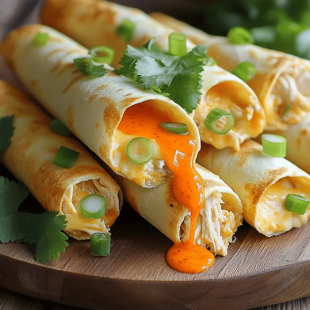 - 2 cups cooked chicken, shredded - ½ cup buffalo sauce (adjust to taste) - 1 cup shredded cheese (cheddar or pepper jack) - 6 small flour tortillas - ¼ cup cream cheese, softened - ½ teaspoon garlic powder - ½ teaspoon onion powder - 1 tablespoon olive oil - Salt and pepper to taste - Optional: chopped green onions and cilantro for garnish In this recipe for Air Fryer Buffalo Chicken Taquitos, the key ingredients shine through. You need shredded chicken, which is the base of your filling. Use cooked chicken for easy prep. Next, buffalo sauce adds that spicy kick. Adjust the amount based on your taste. Shredded cheese brings creaminess and great flavor. Cheddar or pepper jack works well here. The flour tortillas are your wrap, and they hold the taquitos together. Cream cheese adds richness and helps bind the filling. For seasonings, garlic and onion powder enhance the taste. Olive oil gives a nice golden color and crispness when air frying. Salt and pepper are essential for flavor balance. You can garnish with chopped green onions or cilantro for a fresh touch. These little extras can brighten your dish and make it look appealing. With these ingredients ready, you are set for a tasty cooking adventure! To start, grab a mixing bowl. In this bowl, add 2 cups of shredded chicken. Pour in ½ cup of buffalo sauce. Adjust the sauce to your taste for spice. Then, mix in ¼ cup of cream cheese and 1 cup of shredded cheese. I prefer cheddar or pepper jack for this recipe. Next, sprinkle in ½ teaspoon of garlic powder and ½ teaspoon of onion powder. Add salt and pepper to taste. Combine all the ingredients well. This ensures every bite is full of flavor. Now, let’s make the tortillas easy to roll. Warm them in the microwave for about 20 seconds. This softens them up nicely. Once they are warm, lay a tortilla flat on a clean surface. Scoop about 2-3 tablespoons of the buffalo chicken mixture into the center. Roll the tortilla tightly. Be sure to fold the sides inward to keep the filling inside. Repeat this for all six tortillas to make your taquitos. Next, it’s time to cook! Preheat your air fryer to 375°F (190°C) for about 5 minutes. This helps the taquitos cook evenly. While it heats, brush or spray the outside of each taquito with olive oil. This will give them a nice, crispy finish. Once preheated, place the taquitos seam-side down in the air fryer basket. Do not overcrowd the basket; this may require cooking in batches. Air fry the taquitos for 8-10 minutes. Flip them halfway through. This helps them become crispy on all sides. When they turn golden brown, carefully take them out. Let them cool for a few minutes before you serve. Enjoy your delicious Air Fryer Buffalo Chicken Taquitos! To get crispy taquitos, I use olive oil in two ways. First, I brush or spray the outside of each taquito. This helps them get a nice golden color. Second, I recommend cooking them in batches. If your air fryer is small, don’t crowd the taquitos. This way, each one gets the heat it needs to crisp up perfectly. You can boost the flavor by adding more spices. A pinch of paprika or cayenne can make them zing. You can also add extra fillings. Try black beans, corn, or diced peppers for a fun twist. Mix and match to find your favorite combination. For dipping, ranch dressing pairs well with these taquitos. You can also serve extra buffalo sauce on the side for a spicy kick. As for sides, consider a fresh salad or some crunchy veggies. They balance the richness of the taquitos and add a nice crunch. {{image_4}} You can use different types of chicken in your taquitos. Rotisserie chicken works great. It saves time and adds flavor. Just shred it up and mix it in. If you don’t have rotisserie chicken, you can also use cooked chicken breasts or thighs. You can even use turkey if you have it on hand. Adjusting the buffalo sauce can change the heat level. If you want more spice, add more buffalo sauce. You can also mix in jalapeños for an extra kick. For those who like it hot, a splash of hot sauce does wonders. Start small and taste as you go to find your perfect level. Cheese is key for creamy taquitos. Cheddar and pepper jack are popular options. However, you can try mozzarella for a milder taste. Cream cheese can also add a rich texture. Mixing different types of cheese can create unique flavors. Experiment to find the combination you love best. To keep your taquitos fresh, store them properly. - Refrigeration guidelines: Place leftover taquitos in an airtight container. They will stay good in the fridge for about 3 to 4 days. Make sure they cool down to room temperature before sealing them up. This helps prevent sogginess. - Freezing for long-term storage: For longer storage, freeze the taquitos. Wrap each taquito in plastic wrap, then place them in a freezer bag. They can last up to 2 months in the freezer. To enjoy later, just thaw them in the fridge overnight before reheating. When it’s time to enjoy your taquitos again, reheating is key. - Best methods for reheating taquitos: The air fryer is the best choice for reheating. Preheat it to 375°F (190°C). Place the taquitos in the basket and heat them for about 5 to 7 minutes. This keeps them crispy and warm. - Maintaining crispiness when reheating: To keep your taquitos crispy, avoid using the microwave. If you do use a microwave, heat them for a short time. Use a paper towel under them to absorb moisture. This will help keep them crunchy. It takes about 25 minutes to make these taquitos. You spend 15 minutes prepping the ingredients. Then, the cooking in the air fryer takes about 8 to 10 minutes. Preheating the air fryer takes an extra 5 minutes. Yes, you can make these taquitos ahead. Prepare the filling and roll them up. Store the rolled taquitos in the fridge for up to 24 hours. When ready to cook, just pop them in the air fryer. This saves time for busy days or parties. These taquitos pair well with many sides and dips. Here are some great options: - Ranch dressing for dipping - Blue cheese dressing for a classic touch - Celery sticks to balance the spice - Carrot sticks for crunch - Guacamole for a creamy addition These sides enhance the meal and add flavors. Enjoy experimenting with your favorite combinations! Air Fryer Buffalo Chicken Taquitos are simple and fun to make. You mix chicken, buffalo sauce, and cheese, then roll them in tortillas. Air fry to get them crispy and golden. Remember, you can switch up the ingredients based on your taste. Store leftovers in the fridge or freezer and reheat easily. These taquitos are great for parties or quick meals. Enjoy them with dips and sides for a tasty treat. Don't hesitate to customize your recipe. Happy cooking!