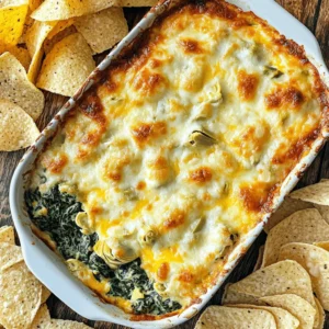 - 1 cup fresh spinach, finely chopped - 1 can (14 oz) artichoke hearts, thoroughly drained and coarsely chopped - 1 cup cream cheese, softened to room temperature - 1/2 cup sour cream - 1/2 cup mayonnaise - 1 cup shredded mozzarella cheese - 1/2 cup freshly grated parmesan cheese - 2 cloves garlic, minced - 1/2 teaspoon red pepper flakes (optional) - Salt and black pepper, to taste - Tortilla chips or slices of freshly baked baguette, for serving You can swap fresh spinach for frozen spinach. Just make sure to drain it well. If you don’t have artichoke hearts, try using hearts of palm. You can replace cream cheese with Greek yogurt for a lighter option. Use cottage cheese for a different texture. If you want a dairy-free dip, try cashew cream or tofu. For the cheeses, feel free to use any blend you like. Cheddar or gouda can add a fun twist. This dip serves about 6 to 8 people. Each serving has roughly: - Calories: 260 - Protein: 7g - Carbohydrates: 8g - Fat: 23g - Fiber: 1g - Sodium: 400mg This dip is rich in flavors and nutrients. Spinach adds vitamins and minerals. Artichokes bring fiber and antioxidants. Enjoy this dip as part of a balanced diet! 1. Preheat your oven to 350°F (175°C). This helps the dip cook evenly. 2. In a large bowl, blend 1 cup of softened cream cheese, 1/2 cup of sour cream, and 1/2 cup of mayonnaise. Use a hand mixer or spatula. Mix until creamy and smooth. 3. Add 1 cup of finely chopped fresh spinach and 1 can (14 oz) of drained, coarsely chopped artichoke hearts to the bowl. 4. Next, mix in 1 cup of shredded mozzarella cheese, 1/2 cup of grated parmesan cheese, and 2 cloves of minced garlic. 5. If you like spice, add 1/2 teaspoon of red pepper flakes. Season with salt and black pepper to taste. 6. Stir all the ingredients until everything is well mixed and colorful. 1. Spoon the mixture into a medium baking dish. Spread it out evenly with a spatula. 2. Place the baking dish in the preheated oven. Bake for 25-30 minutes. Look for a bubbly, golden brown top. 3. The dip should smell amazing when ready. 1. Carefully take the dish out of the oven. Let it cool for about 5 minutes. This helps avoid burns. 2. Serve the warm dip with crunchy tortilla chips or slices of baguette. 3. For a nice touch, garnish with fresh parsley or extra parmesan cheese before serving. Enjoy your delicious dip! To make the best spinach artichoke dip, start with quality ingredients. Use fresh spinach for better taste. When mixing, ensure your cream cheese is soft. This helps it blend well with sour cream and mayonnaise. Mix everything until it is creamy and smooth. You want no lumps in your dip. Add artichoke hearts and cheeses next. Stir well to spread the flavors. For a kick, sprinkle in red pepper flakes. This spice adds a nice touch without being too hot. Serve the dip warm for the best flavor. Transfer it to a nice bowl or leave it in the baking dish. If you want to impress, garnish with fresh parsley. A sprinkle of parmesan on top makes it look fancy. For a fun twist, offer different serving dishes. Try using small bowls with chips or baguette slices. This lets your guests choose how to dip. Tortilla chips work great with this dip. They add a nice crunch and flavor. Slices of freshly baked baguette are also a hit. You can even try veggies like carrot sticks or celery. These add a healthy option for dipping. For a twist, serve it with pita chips or crackers. Each option brings its own fun texture and taste. {{image_4}} You can mix up the cheeses in your dip. Instead of just mozzarella and parmesan, try using cheddar or gouda. These cheeses will add rich flavors and creaminess. You could also use feta for a tangy twist. Just remember to keep the total amount of cheese around 1.5 cups. Want to make your dip heartier? You can add protein! Shredded chicken, crab meat, or even diced ham work well. Just fold in about a cup of cooked protein when mixing your dip. This not only boosts flavor but also makes it more filling. You can easily make a vegan version of this dip. Swap out cream cheese for cashew cream or tofu. Use vegan sour cream and mayonnaise as well. For cheese, try nutritional yeast for a cheesy flavor without dairy. You can also reduce calories by using Greek yogurt instead of sour cream and mayonnaise. These options keep the dip tasty while making it healthier! To store your leftover spinach artichoke dip, let it cool first. Then, transfer it to an airtight container. This helps keep the dip fresh and tasty. You can store it in the fridge for up to three days. Make sure to label the container with the date. This way, you won't forget when you made it. When you’re ready to enjoy the dip again, preheat your oven to 350°F (175°C). Place the dip in a baking dish. Cover it with aluminum foil to keep it moist. Heat for about 15-20 minutes or until it's warm and bubbly. If you want it extra crispy, remove the foil for the last 5 minutes. If you want to save some dip for later, freezing is a great option. First, let the dip cool completely. Then, scoop it into a freezer-safe container. Leave some space at the top, as it will expand when frozen. It can last for up to three months in the freezer. When you're ready to eat it, thaw it in the fridge overnight before reheating. Yes, you can prepare Spinach Artichoke Dip in advance. Just make the dip, cover it, and store it in the fridge. It will last for about two days. When ready to serve, just bake it as directed. This makes it easy for parties or gatherings. You have many tasty options for serving! Here are some ideas: - Tortilla chips - Slices of baguette - Pita chips - Fresh veggie sticks (like carrots or celery) - Crackers These choices add crunch and enhance the creamy dip. Absolutely! A slow cooker works well for this dip. Just mix all ingredients in the slow cooker. Set it on low for about 2-3 hours or high for 1-2 hours. Stir occasionally until it's hot and creamy. This method keeps the dip warm for longer, perfect for parties! In this blog post, we explored the tasty world of Spinach Artichoke Dip. We covered key ingredients, step-by-step instructions, and tips for the perfect dip. I also shared ways to customize it with different cheeses and proteins. Proper storage and reheating tips ensure your leftovers stay fresh. Remember, you can make this dip ahead of time or even in a slow cooker. Enjoy your cooking and have fun with this versatile dish!