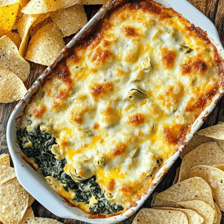 - 1 cup fresh spinach, finely chopped - 1 can (14 oz) artichoke hearts, thoroughly drained and coarsely chopped - 1 cup cream cheese, softened to room temperature - 1/2 cup sour cream - 1/2 cup mayonnaise - 1 cup shredded mozzarella cheese - 1/2 cup freshly grated parmesan cheese - 2 cloves garlic, minced - 1/2 teaspoon red pepper flakes (optional) - Salt and black pepper, to taste - Tortilla chips or slices of freshly baked baguette, for serving You can swap fresh spinach for frozen spinach. Just make sure to drain it well. If you don’t have artichoke hearts, try using hearts of palm. You can replace cream cheese with Greek yogurt for a lighter option. Use cottage cheese for a different texture. If you want a dairy-free dip, try cashew cream or tofu. For the cheeses, feel free to use any blend you like. Cheddar or gouda can add a fun twist. This dip serves about 6 to 8 people. Each serving has roughly: - Calories: 260 - Protein: 7g - Carbohydrates: 8g - Fat: 23g - Fiber: 1g - Sodium: 400mg This dip is rich in flavors and nutrients. Spinach adds vitamins and minerals. Artichokes bring fiber and antioxidants. Enjoy this dip as part of a balanced diet! 1. Preheat your oven to 350°F (175°C). This helps the dip cook evenly. 2. In a large bowl, blend 1 cup of softened cream cheese, 1/2 cup of sour cream, and 1/2 cup of mayonnaise. Use a hand mixer or spatula. Mix until creamy and smooth. 3. Add 1 cup of finely chopped fresh spinach and 1 can (14 oz) of drained, coarsely chopped artichoke hearts to the bowl. 4. Next, mix in 1 cup of shredded mozzarella cheese, 1/2 cup of grated parmesan cheese, and 2 cloves of minced garlic. 5. If you like spice, add 1/2 teaspoon of red pepper flakes. Season with salt and black pepper to taste. 6. Stir all the ingredients until everything is well mixed and colorful. 1. Spoon the mixture into a medium baking dish. Spread it out evenly with a spatula. 2. Place the baking dish in the preheated oven. Bake for 25-30 minutes. Look for a bubbly, golden brown top. 3. The dip should smell amazing when ready. 1. Carefully take the dish out of the oven. Let it cool for about 5 minutes. This helps avoid burns. 2. Serve the warm dip with crunchy tortilla chips or slices of baguette. 3. For a nice touch, garnish with fresh parsley or extra parmesan cheese before serving. Enjoy your delicious dip! To make the best spinach artichoke dip, start with quality ingredients. Use fresh spinach for better taste. When mixing, ensure your cream cheese is soft. This helps it blend well with sour cream and mayonnaise. Mix everything until it is creamy and smooth. You want no lumps in your dip. Add artichoke hearts and cheeses next. Stir well to spread the flavors. For a kick, sprinkle in red pepper flakes. This spice adds a nice touch without being too hot. Serve the dip warm for the best flavor. Transfer it to a nice bowl or leave it in the baking dish. If you want to impress, garnish with fresh parsley. A sprinkle of parmesan on top makes it look fancy. For a fun twist, offer different serving dishes. Try using small bowls with chips or baguette slices. This lets your guests choose how to dip. Tortilla chips work great with this dip. They add a nice crunch and flavor. Slices of freshly baked baguette are also a hit. You can even try veggies like carrot sticks or celery. These add a healthy option for dipping. For a twist, serve it with pita chips or crackers. Each option brings its own fun texture and taste. {{image_4}} You can mix up the cheeses in your dip. Instead of just mozzarella and parmesan, try using cheddar or gouda. These cheeses will add rich flavors and creaminess. You could also use feta for a tangy twist. Just remember to keep the total amount of cheese around 1.5 cups. Want to make your dip heartier? You can add protein! Shredded chicken, crab meat, or even diced ham work well. Just fold in about a cup of cooked protein when mixing your dip. This not only boosts flavor but also makes it more filling. You can easily make a vegan version of this dip. Swap out cream cheese for cashew cream or tofu. Use vegan sour cream and mayonnaise as well. For cheese, try nutritional yeast for a cheesy flavor without dairy. You can also reduce calories by using Greek yogurt instead of sour cream and mayonnaise. These options keep the dip tasty while making it healthier! To store your leftover spinach artichoke dip, let it cool first. Then, transfer it to an airtight container. This helps keep the dip fresh and tasty. You can store it in the fridge for up to three days. Make sure to label the container with the date. This way, you won't forget when you made it. When you’re ready to enjoy the dip again, preheat your oven to 350°F (175°C). Place the dip in a baking dish. Cover it with aluminum foil to keep it moist. Heat for about 15-20 minutes or until it's warm and bubbly. If you want it extra crispy, remove the foil for the last 5 minutes. If you want to save some dip for later, freezing is a great option. First, let the dip cool completely. Then, scoop it into a freezer-safe container. Leave some space at the top, as it will expand when frozen. It can last for up to three months in the freezer. When you're ready to eat it, thaw it in the fridge overnight before reheating. Yes, you can prepare Spinach Artichoke Dip in advance. Just make the dip, cover it, and store it in the fridge. It will last for about two days. When ready to serve, just bake it as directed. This makes it easy for parties or gatherings. You have many tasty options for serving! Here are some ideas: - Tortilla chips - Slices of baguette - Pita chips - Fresh veggie sticks (like carrots or celery) - Crackers These choices add crunch and enhance the creamy dip. Absolutely! A slow cooker works well for this dip. Just mix all ingredients in the slow cooker. Set it on low for about 2-3 hours or high for 1-2 hours. Stir occasionally until it's hot and creamy. This method keeps the dip warm for longer, perfect for parties! In this blog post, we explored the tasty world of Spinach Artichoke Dip. We covered key ingredients, step-by-step instructions, and tips for the perfect dip. I also shared ways to customize it with different cheeses and proteins. Proper storage and reheating tips ensure your leftovers stay fresh. Remember, you can make this dip ahead of time or even in a slow cooker. Enjoy your cooking and have fun with this versatile dish!