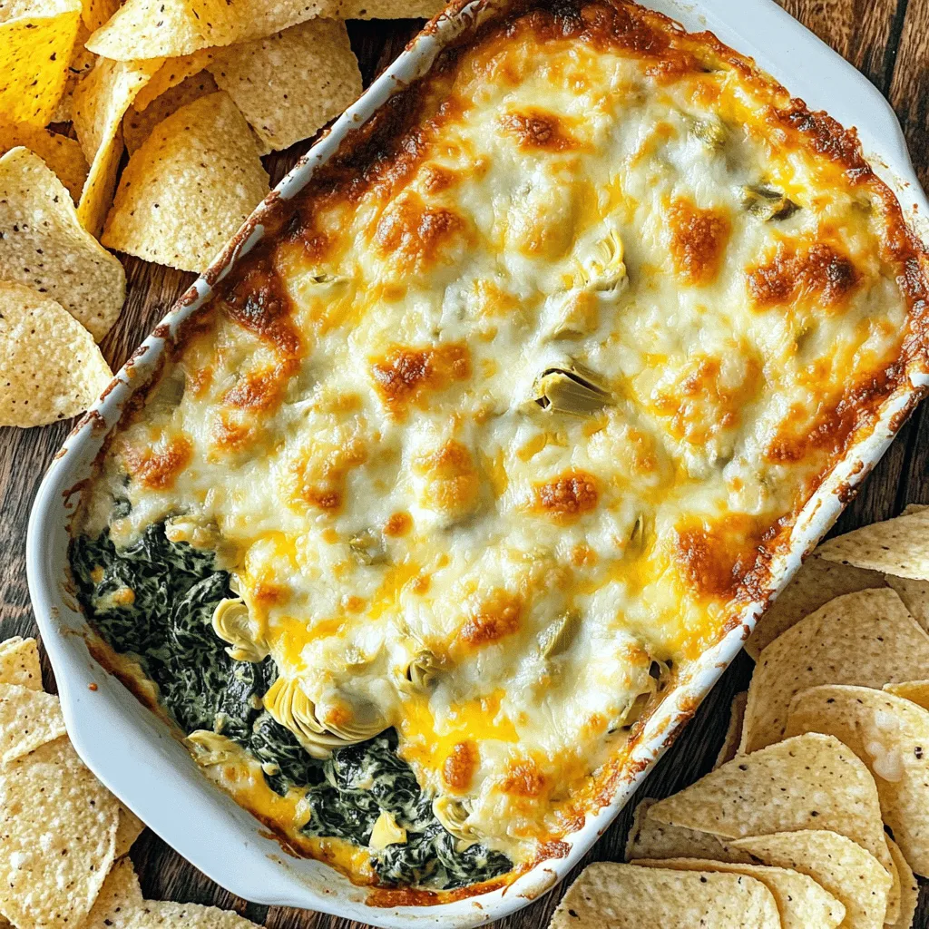 - 1 cup fresh spinach, finely chopped - 1 can (14 oz) artichoke hearts, thoroughly drained and coarsely chopped - 1 cup cream cheese, softened to room temperature - 1/2 cup sour cream - 1/2 cup mayonnaise - 1 cup shredded mozzarella cheese - 1/2 cup freshly grated parmesan cheese - 2 cloves garlic, minced - 1/2 teaspoon red pepper flakes (optional) - Salt and black pepper, to taste - Tortilla chips or slices of freshly baked baguette, for serving You can swap fresh spinach for frozen spinach. Just make sure to drain it well. If you don’t have artichoke hearts, try using hearts of palm. You can replace cream cheese with Greek yogurt for a lighter option. Use cottage cheese for a different texture. If you want a dairy-free dip, try cashew cream or tofu. For the cheeses, feel free to use any blend you like. Cheddar or gouda can add a fun twist. This dip serves about 6 to 8 people. Each serving has roughly: - Calories: 260 - Protein: 7g - Carbohydrates: 8g - Fat: 23g - Fiber: 1g - Sodium: 400mg This dip is rich in flavors and nutrients. Spinach adds vitamins and minerals. Artichokes bring fiber and antioxidants. Enjoy this dip as part of a balanced diet! 1. Preheat your oven to 350°F (175°C). This helps the dip cook evenly. 2. In a large bowl, blend 1 cup of softened cream cheese, 1/2 cup of sour cream, and 1/2 cup of mayonnaise. Use a hand mixer or spatula. Mix until creamy and smooth. 3. Add 1 cup of finely chopped fresh spinach and 1 can (14 oz) of drained, coarsely chopped artichoke hearts to the bowl. 4. Next, mix in 1 cup of shredded mozzarella cheese, 1/2 cup of grated parmesan cheese, and 2 cloves of minced garlic. 5. If you like spice, add 1/2 teaspoon of red pepper flakes. Season with salt and black pepper to taste. 6. Stir all the ingredients until everything is well mixed and colorful. 1. Spoon the mixture into a medium baking dish. Spread it out evenly with a spatula. 2. Place the baking dish in the preheated oven. Bake for 25-30 minutes. Look for a bubbly, golden brown top. 3. The dip should smell amazing when ready. 1. Carefully take the dish out of the oven. Let it cool for about 5 minutes. This helps avoid burns. 2. Serve the warm dip with crunchy tortilla chips or slices of baguette. 3. For a nice touch, garnish with fresh parsley or extra parmesan cheese before serving. Enjoy your delicious dip! To make the best spinach artichoke dip, start with quality ingredients. Use fresh spinach for better taste. When mixing, ensure your cream cheese is soft. This helps it blend well with sour cream and mayonnaise. Mix everything until it is creamy and smooth. You want no lumps in your dip. Add artichoke hearts and cheeses next. Stir well to spread the flavors. For a kick, sprinkle in red pepper flakes. This spice adds a nice touch without being too hot. Serve the dip warm for the best flavor. Transfer it to a nice bowl or leave it in the baking dish. If you want to impress, garnish with fresh parsley. A sprinkle of parmesan on top makes it look fancy. For a fun twist, offer different serving dishes. Try using small bowls with chips or baguette slices. This lets your guests choose how to dip. Tortilla chips work great with this dip. They add a nice crunch and flavor. Slices of freshly baked baguette are also a hit. You can even try veggies like carrot sticks or celery. These add a healthy option for dipping. For a twist, serve it with pita chips or crackers. Each option brings its own fun texture and taste. {{image_4}} You can mix up the cheeses in your dip. Instead of just mozzarella and parmesan, try using cheddar or gouda. These cheeses will add rich flavors and creaminess. You could also use feta for a tangy twist. Just remember to keep the total amount of cheese around 1.5 cups. Want to make your dip heartier? You can add protein! Shredded chicken, crab meat, or even diced ham work well. Just fold in about a cup of cooked protein when mixing your dip. This not only boosts flavor but also makes it more filling. You can easily make a vegan version of this dip. Swap out cream cheese for cashew cream or tofu. Use vegan sour cream and mayonnaise as well. For cheese, try nutritional yeast for a cheesy flavor without dairy. You can also reduce calories by using Greek yogurt instead of sour cream and mayonnaise. These options keep the dip tasty while making it healthier! To store your leftover spinach artichoke dip, let it cool first. Then, transfer it to an airtight container. This helps keep the dip fresh and tasty. You can store it in the fridge for up to three days. Make sure to label the container with the date. This way, you won't forget when you made it. When you’re ready to enjoy the dip again, preheat your oven to 350°F (175°C). Place the dip in a baking dish. Cover it with aluminum foil to keep it moist. Heat for about 15-20 minutes or until it's warm and bubbly. If you want it extra crispy, remove the foil for the last 5 minutes. If you want to save some dip for later, freezing is a great option. First, let the dip cool completely. Then, scoop it into a freezer-safe container. Leave some space at the top, as it will expand when frozen. It can last for up to three months in the freezer. When you're ready to eat it, thaw it in the fridge overnight before reheating. Yes, you can prepare Spinach Artichoke Dip in advance. Just make the dip, cover it, and store it in the fridge. It will last for about two days. When ready to serve, just bake it as directed. This makes it easy for parties or gatherings. You have many tasty options for serving! Here are some ideas: - Tortilla chips - Slices of baguette - Pita chips - Fresh veggie sticks (like carrots or celery) - Crackers These choices add crunch and enhance the creamy dip. Absolutely! A slow cooker works well for this dip. Just mix all ingredients in the slow cooker. Set it on low for about 2-3 hours or high for 1-2 hours. Stir occasionally until it's hot and creamy. This method keeps the dip warm for longer, perfect for parties! In this blog post, we explored the tasty world of Spinach Artichoke Dip. We covered key ingredients, step-by-step instructions, and tips for the perfect dip. I also shared ways to customize it with different cheeses and proteins. Proper storage and reheating tips ensure your leftovers stay fresh. Remember, you can make this dip ahead of time or even in a slow cooker. Enjoy your cooking and have fun with this versatile dish!