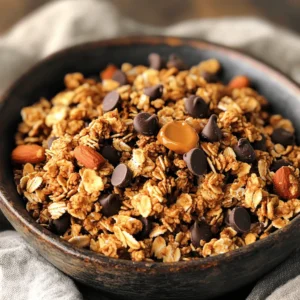 To make Peanut Butter Chocolate Granola, you need these simple ingredients: - 2 cups rolled oats - 1/2 cup peanut butter (smooth or crunchy) - 1/4 cup honey or maple syrup - 1/4 cup brown sugar (lightly packed) - 1/2 teaspoon vanilla extract - 1/2 teaspoon salt - 1/2 cup chopped nuts (almonds, walnuts, or pecans) - 1/2 cup dark chocolate chips - 1/2 teaspoon cinnamon (optional) Each ingredient plays a key role in the flavor and texture of your granola. The oats form the base, providing chewiness. Peanut butter adds a rich, nutty taste and binds everything together. Honey or maple syrup sweetens it naturally, while brown sugar adds depth. Vanilla extract enhances the overall flavor, and salt balances the sweetness. The nuts add crunch and protein, and dark chocolate chips bring a touch of indulgence. If you love warm spices, cinnamon is a great optional addition. This combination makes a snack that is both tasty and satisfying. - Set oven temperature to 350°F (175°C). - Line the baking sheet with parchment paper. - Mix 2 cups of rolled oats, 1/2 cup of chopped nuts, 1/4 cup of brown sugar, and 1/2 teaspoon of cinnamon in a large bowl. This blend gives your granola a hearty base. - Heat 1/2 cup peanut butter, 1/4 cup honey or maple syrup, 1/2 teaspoon vanilla extract, and 1/2 teaspoon salt in a saucepan. Stir until smooth and warm. This step adds a sweet, nutty flavor. - Pour the warm peanut butter mixture over the dry ingredients. Stir until every oat and nut is coated well. This ensures every bite is packed with flavor. - Spread the mixture evenly on the baking sheet. Bake for 15-20 minutes, stirring halfway through. Watch closely to avoid burning. This helps achieve that golden crunch. - Let the granola cool completely on the baking sheet. Once cool, stir in 1/2 cup of dark chocolate chips. This adds a rich, sweet touch to your snack. To make great granola, keep an eye on the baking time. I suggest you check it often. Granola can burn quickly if left unattended. I also find it helpful to press the mixture down before baking. This helps create those crunchy clumps we all love. You can switch up sweeteners in this recipe. Agave syrup works well, or you can try other nut butters. If you want more flavor, add dried fruits like raisins or cranberries. They add nice sweetness and nutrition. For a fun presentation, serve your granola in jars. This shows off its lovely textures and colors. You can also sprinkle it over yogurt with fresh berries. It makes a delightful breakfast or snack! Add a drizzle of honey on top for extra sweetness. {{image_4}} Try different nuts for a fun twist. You can use almonds, walnuts, or pecans. Each nut brings its own taste and crunch. For extra fun, mix in seeds like pumpkin or sunflower seeds. These add protein and healthy fats, too. You can even use a mix of nuts to create a unique flavor blend. This way, every bite feels like a new adventure. Chocolate is a key part of this granola. You can switch things up with milk chocolate or even white chocolate chips. Milk chocolate adds creaminess and sweetness, while white chocolate brings a rich, buttery flavor. This makes your granola even more enjoyable. Feel free to mix in chocolate-covered nuts for an added treat. The options are endless, so let your taste buds guide you. Want a lighter version? You can cut back on sugar. Try using less brown sugar or honey. Maple syrup is a great choice, too. It brings a natural sweetness without overpowering the taste. You can also add more oats or nuts to help balance the sweetness. If you're really looking to boost nutrition, consider adding seeds or dried fruits. These swaps make your snack both tasty and nutritious. Store your granola in an airtight container. This keeps it fresh and crunchy. It also protects it from moisture and smells in the kitchen. Peanut Butter Chocolate Granola lasts up to two weeks at room temperature. Keep it in a cool, dry spot. This way, you can enjoy it for breakfast or a snack anytime! You can freeze portions for long-term storage. Just place the granola in a freezer bag. When you want to eat it, simply thaw before use. This helps keep it tasty for even longer! No, rolled oats provide a better texture for granola. Quick oats cook too fast and can turn mushy. Rolled oats give you that nice crunch and chewy bite. Press the mixture before baking to encourage clumping. Use the back of a spatula to push down. The more you press, the more clusters you get. This makes it perfect for snacking! Use certified gluten-free oats for a gluten-free option. Many brands offer gluten-free oats. Just check the label before you buy. This way, you can enjoy the granola without worry. Refer to specific resources or use nutritional calculators for details. Each ingredient changes the count. You can find many apps online to help you get precise numbers. Adjust honey or syrup amount according to your taste preference. If you like it sweeter, add more. If you want it less sweet, reduce the amount. Taste as you go! In this blog post, we explored how to make tasty Peanut Butter Chocolate Granola. You learned the simple ingredients and step-by-step instructions. With tips for perfecting your granola and great storage advice, you can enjoy this snack for weeks. Try different nuts or chocolates to suit your taste. With this recipe, you’ll create a delicious treat that makes snack time fun!