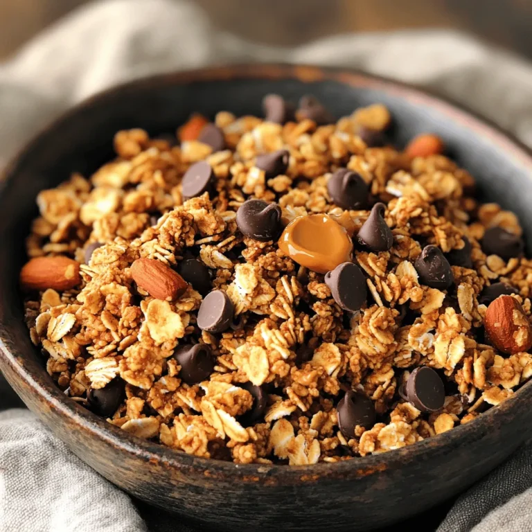 To make Peanut Butter Chocolate Granola, you need these simple ingredients: - 2 cups rolled oats - 1/2 cup peanut butter (smooth or crunchy) - 1/4 cup honey or maple syrup - 1/4 cup brown sugar (lightly packed) - 1/2 teaspoon vanilla extract - 1/2 teaspoon salt - 1/2 cup chopped nuts (almonds, walnuts, or pecans) - 1/2 cup dark chocolate chips - 1/2 teaspoon cinnamon (optional) Each ingredient plays a key role in the flavor and texture of your granola. The oats form the base, providing chewiness. Peanut butter adds a rich, nutty taste and binds everything together. Honey or maple syrup sweetens it naturally, while brown sugar adds depth. Vanilla extract enhances the overall flavor, and salt balances the sweetness. The nuts add crunch and protein, and dark chocolate chips bring a touch of indulgence. If you love warm spices, cinnamon is a great optional addition. This combination makes a snack that is both tasty and satisfying. - Set oven temperature to 350°F (175°C). - Line the baking sheet with parchment paper. - Mix 2 cups of rolled oats, 1/2 cup of chopped nuts, 1/4 cup of brown sugar, and 1/2 teaspoon of cinnamon in a large bowl. This blend gives your granola a hearty base. - Heat 1/2 cup peanut butter, 1/4 cup honey or maple syrup, 1/2 teaspoon vanilla extract, and 1/2 teaspoon salt in a saucepan. Stir until smooth and warm. This step adds a sweet, nutty flavor. - Pour the warm peanut butter mixture over the dry ingredients. Stir until every oat and nut is coated well. This ensures every bite is packed with flavor. - Spread the mixture evenly on the baking sheet. Bake for 15-20 minutes, stirring halfway through. Watch closely to avoid burning. This helps achieve that golden crunch. - Let the granola cool completely on the baking sheet. Once cool, stir in 1/2 cup of dark chocolate chips. This adds a rich, sweet touch to your snack. To make great granola, keep an eye on the baking time. I suggest you check it often. Granola can burn quickly if left unattended. I also find it helpful to press the mixture down before baking. This helps create those crunchy clumps we all love. You can switch up sweeteners in this recipe. Agave syrup works well, or you can try other nut butters. If you want more flavor, add dried fruits like raisins or cranberries. They add nice sweetness and nutrition. For a fun presentation, serve your granola in jars. This shows off its lovely textures and colors. You can also sprinkle it over yogurt with fresh berries. It makes a delightful breakfast or snack! Add a drizzle of honey on top for extra sweetness. {{image_4}} Try different nuts for a fun twist. You can use almonds, walnuts, or pecans. Each nut brings its own taste and crunch. For extra fun, mix in seeds like pumpkin or sunflower seeds. These add protein and healthy fats, too. You can even use a mix of nuts to create a unique flavor blend. This way, every bite feels like a new adventure. Chocolate is a key part of this granola. You can switch things up with milk chocolate or even white chocolate chips. Milk chocolate adds creaminess and sweetness, while white chocolate brings a rich, buttery flavor. This makes your granola even more enjoyable. Feel free to mix in chocolate-covered nuts for an added treat. The options are endless, so let your taste buds guide you. Want a lighter version? You can cut back on sugar. Try using less brown sugar or honey. Maple syrup is a great choice, too. It brings a natural sweetness without overpowering the taste. You can also add more oats or nuts to help balance the sweetness. If you're really looking to boost nutrition, consider adding seeds or dried fruits. These swaps make your snack both tasty and nutritious. Store your granola in an airtight container. This keeps it fresh and crunchy. It also protects it from moisture and smells in the kitchen. Peanut Butter Chocolate Granola lasts up to two weeks at room temperature. Keep it in a cool, dry spot. This way, you can enjoy it for breakfast or a snack anytime! You can freeze portions for long-term storage. Just place the granola in a freezer bag. When you want to eat it, simply thaw before use. This helps keep it tasty for even longer! No, rolled oats provide a better texture for granola. Quick oats cook too fast and can turn mushy. Rolled oats give you that nice crunch and chewy bite. Press the mixture before baking to encourage clumping. Use the back of a spatula to push down. The more you press, the more clusters you get. This makes it perfect for snacking! Use certified gluten-free oats for a gluten-free option. Many brands offer gluten-free oats. Just check the label before you buy. This way, you can enjoy the granola without worry. Refer to specific resources or use nutritional calculators for details. Each ingredient changes the count. You can find many apps online to help you get precise numbers. Adjust honey or syrup amount according to your taste preference. If you like it sweeter, add more. If you want it less sweet, reduce the amount. Taste as you go! In this blog post, we explored how to make tasty Peanut Butter Chocolate Granola. You learned the simple ingredients and step-by-step instructions. With tips for perfecting your granola and great storage advice, you can enjoy this snack for weeks. Try different nuts or chocolates to suit your taste. With this recipe, you’ll create a delicious treat that makes snack time fun!