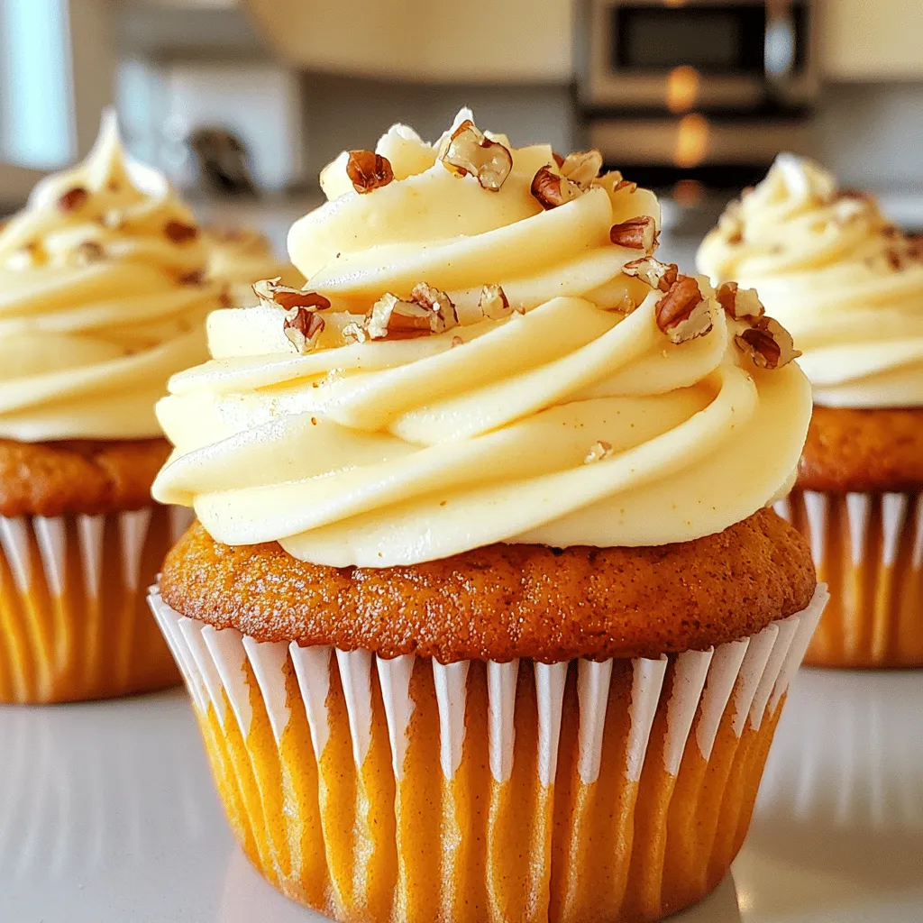 - 1 ½ cups all-purpose flour - 1 teaspoon baking soda - 1 teaspoon baking powder - ½ teaspoon salt - 1 teaspoon ground cinnamon - ½ teaspoon ground nutmeg - 1 cup granulated sugar - ½ cup brown sugar, packed tightly - ½ cup vegetable oil - 2 large eggs, room temperature - 1 cup canned pumpkin puree - 1 teaspoon vanilla extract - 8 oz cream cheese, softened to room temperature - ½ cup unsalted butter, softened - 3 cups powdered sugar, sifted - 1 teaspoon vanilla extract - A pinch of salt - Chopped pecans or walnuts First, preheat your oven to 350°F (175°C). This step is key for even baking. Next, grab a 12-cup muffin tin. Line it with paper cupcake liners. This helps with easy removal later. In a medium bowl, whisk together these dry ingredients: - 1 ½ cups all-purpose flour - 1 teaspoon baking soda - 1 teaspoon baking powder - ½ teaspoon salt - 1 teaspoon ground cinnamon - ½ teaspoon ground nutmeg Mix well to blend flavors. Set this bowl aside for now. In a large bowl, combine these wet ingredients: - 1 cup granulated sugar - ½ cup brown sugar, packed tightly - ½ cup vegetable oil Stir until smooth. Add in two large eggs, one at a time. Mix well after each egg for a creamy texture. Take your dry mix and gently fold it into the wet mix. Stir until just combined. Don’t overmix. This keeps your cupcakes light and fluffy. Use a spoon or a cookie scoop to fill each cupcake liner. Fill them about two-thirds full. This gives the cupcakes room to rise without overflowing. Place your muffin tin in the preheated oven. Bake for 18-20 minutes. To check if they’re done, insert a toothpick into the center. If it comes out clean, they’re ready! Let them cool in the tin for 5 minutes, then move them to a wire rack. While the cupcakes cool, let’s make the frosting. In a bowl, beat together: - 8 oz cream cheese, softened - ½ cup unsalted butter, softened Mix until smooth. Gradually add in 3 cups of sifted powdered sugar. Mix until fluffy. Then, stir in 1 teaspoon of vanilla extract and a pinch of salt. Once the cupcakes are cool, it’s time to frost! Use a knife or piping bag to spread the cream cheese frosting on top. Swirl it or create a smooth layer. For a lovely touch, sprinkle chopped pecans or walnuts over the frosting. This adds flavor and crunch. Enjoy your delicious pumpkin cream cheese frosted cupcakes! To make sure your cupcakes are light and airy, follow these tips: - Don't overmix the batter. Mix until just combined. - Use fresh ingredients. Old baking powder or soda can lead to dense cupcakes. - Sift your flour. This adds air and helps with fluffiness. Baking can be tricky. Here are some common mistakes: - Skipping the oven preheating. Always preheat to ensure even baking. - Not measuring correctly. Use proper measuring tools for accuracy. - Opening the oven too soon. This can cause cupcakes to sink. Frosting can make or break your cupcake. Here’s how to frost like a pro: - Cool cupcakes completely. If they’re warm, the frosting will melt. - Use a spatula or piping bag. This creates a nice look. - Frost in layers. Start with a thin layer, then add more for height. Using room temperature ingredients is key for great texture: - Butter and cream cheese should be soft. This helps them blend smoothly. - Eggs at room temp mix better. They help emulsify the batter. - Let pumpkin puree sit out. This makes mixing easier. These tips will guide you to perfect Pumpkin Cream Cheese Frosted Cupcakes. Enjoy baking! {{image_4}} You can change the frosting to match your taste. Try a maple buttercream for a sweet twist. You can also make a chocolate ganache for a rich flavor. If you want something lighter, use whipped cream mixed with spices. Cream cheese adds a tangy touch, but other frostings can shine too. To give your cupcakes a unique flair, add different spices. Consider using ginger or cloves to enhance the pumpkin flavor. You can also mix in chocolate chips for a sweet surprise. For a zing, try adding orange zest. Each change adds a new layer of taste to your cupcakes. If you need gluten-free cupcakes, swap the all-purpose flour with a gluten-free blend. Make sure it has a binding agent for best results. For a vegan option, replace eggs with flax eggs. Use a dairy-free cream cheese for the frosting. These changes help everyone enjoy this tasty treat. To keep your pumpkin cream cheese frosted cupcakes fresh, store them in an airtight container. This helps keep moisture in and prevents them from drying out. Place parchment paper between layers if you stack them. This method protects the frosting and keeps it smooth. You can freeze these cupcakes for later enjoyment. For best results, freeze them without frosting. Wrap each cupcake tightly in plastic wrap, then place them in a freezer bag. This helps prevent freezer burn. You can freeze the cream cheese frosting too. Just store it in an airtight container. It will stay fresh for up to three months. When stored properly, pumpkin cream cheese frosted cupcakes are best enjoyed within 3 to 4 days at room temperature. If you refrigerate them, they can last about a week. Just remember, the frosting may lose some of its fluffy texture after a few days. You can tell when your cupcakes are done by using a toothpick. Insert it into the center of a cupcake. If it comes out clean, the cupcakes are ready. They usually take about 18 to 20 minutes to bake at 350°F. Yes, you can make the cream cheese frosting ahead of time. Just store it in an airtight container in the fridge. When you're ready to frost the cupcakes, let it sit at room temperature for a bit. This will make it easy to spread. If you don't have vegetable oil, you can use melted coconut oil or applesauce. Both options will keep your cupcakes moist and tasty. You can also try using melted butter for a rich flavor. Absolutely! Use the same batter to make mini cupcakes. Just fill the mini liners halfway and bake for about 12 to 15 minutes. Keep checking with a toothpick to see if they are done. Store leftover cupcakes in an airtight container at room temperature. If you have cream cheese frosting, it’s best to keep them in the fridge. They will stay fresh for about 3 to 5 days. In this blog post, we explored how to make tasty cupcakes with cream cheese frosting. We covered everything from ingredients to baking tips, making sure you’re set up for success. Remember, use room temperature ingredients for extra fluff. Don’t skip the optional garnishes to make your treats shine. Finally, storing your cupcakes right keeps them fresh longer. Enjoy your baking adventure!