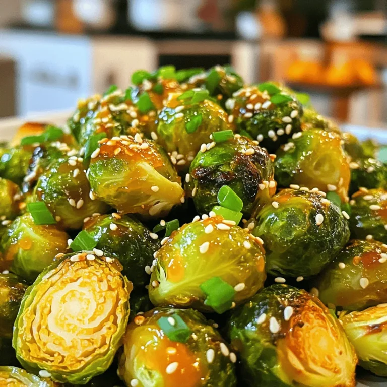 - 1 lb Brussels sprouts, trimmed and halved - 3 tablespoons extra virgin olive oil - 2 tablespoons pure honey - 1 tablespoon Sriracha sauce (adjust for spice preference) - 1 teaspoon garlic powder - Sea salt and freshly cracked black pepper to taste - 1 tablespoon sesame seeds (optional, for garnish) - 2 green onions, thinly sliced (optional, for garnish) The key to making Honey Sriracha Brussels sprouts is using fresh, quality ingredients. Start with your Brussels sprouts. Choose firm, bright ones for the best flavor. The olive oil adds richness, while honey brings out sweetness. Adjust the Sriracha based on your spice level. If you love heat, go for more! Garlic powder adds a savory kick. A sprinkle of sea salt and black pepper boosts overall taste. For garnishes, sesame seeds add crunch, and green onions bring freshness. These ingredients work together to create a delightful balance of sweet, spicy, and savory. Make sure to gather everything before you start cooking. This prep will make the process smooth and enjoyable. When you use the right ingredients, your dish will not only taste better but also impress anyone you serve it to. - Preheat oven to 425°F (220°C) - Line a baking sheet with parchment paper Start by preheating your oven. This helps the sprouts roast evenly and get crispy. I love using parchment paper on my baking sheet. It makes cleanup super easy. - Combine Brussels sprouts with olive oil, honey, and Sriracha - Season and toss for even coating In a large bowl, add your halved Brussels sprouts. Pour in the olive oil, honey, and Sriracha sauce. The honey adds sweetness, while Sriracha brings heat. Next, sprinkle garlic powder, sea salt, and black pepper over the sprouts. Toss everything well. You want each sprout to be covered in that tasty mixture. - Arrange sprouts on the baking sheet - Roast for 20-25 minutes, stirring halfway through Now, lay the coated Brussels sprouts in a single layer on the baking sheet. This helps them roast nicely. Slide the baking sheet into your hot oven. Set a timer for 20-25 minutes. Halfway through, take them out and give them a stir. This helps them brown evenly. When done, they should be golden brown and smell amazing. To get that nice crunch on your Brussels sprouts, spacing matters. Place them in a single layer on the baking sheet. This allows hot air to circulate around each sprout. If they touch, they might steam instead of roast. Stirring halfway through cooking is key. It helps them brown evenly and adds to the crispiness. Sriracha can be spicy. If you like more heat, add more Sriracha. If you prefer mild, use less. You can also try other spicy ingredients. Chili flakes or hot sauce can work well too. Adjust based on your taste. Add some citrus zest for a bright taste. Lemon or lime zest can wake up the dish. Other seasoning options include smoked paprika or cumin. These spices add depth and make the dish more exciting. You can experiment with different flavors to find your favorite. {{image_4}} You can enhance the Honey Sriracha Brussels sprouts in tasty ways. Try adding crispy bacon or pancetta for a savory twist. Simply cook the bacon until crisp, chop it up, and mix it with the sprouts before roasting. The salty flavor pairs well with the sweet and spicy sauce. Nuts also add a great crunch. Consider using almonds or walnuts. Just toss them in with the Brussels sprouts before roasting. They will toast beautifully and add depth to each bite. For a vegan version, swap honey with agave syrup. This keeps the sweetness but makes it plant-based. The flavor still stays rich and satisfying. If you need gluten-free options, this recipe already fits that need. Just ensure that your Sriracha sauce is gluten-free. Most brands are, but it’s always good to check. These Brussels sprouts shine as a side dish. They pair well with grilled chicken or fish. You can also serve them with steak for a bold flavor mix. Consider adding them to salads or grain bowls for an extra kick. They can brighten up a simple salad with greens, nuts, and a light dressing. You’ll love how versatile they are on your plate. To store your leftover Honey Sriracha Brussels sprouts, place them in an airtight container. This keeps them fresh and tasty. They will last in the fridge for about 3 to 4 days. Make sure to cool them to room temperature before sealing. For the best texture, reheat Brussels sprouts in the oven. Preheat your oven to 350°F (175°C). Spread them on a baking sheet and heat for about 10 to 15 minutes. This method helps them stay crispy. Avoid using a microwave, as it can make them soggy and less enjoyable. You can freeze Brussels sprouts if you want to keep them longer. First, blanch them in boiling water for 2 minutes. Then, place them in ice water to stop cooking. Once cooled, drain and pack them in freezer bags. For thawing, place them in the fridge overnight. Reheat them in the oven for the best results. Yes, you can prepare these Brussels sprouts ahead of time. To do this, roast the sprouts as directed. Once cooked, let them cool completely. Store them in an airtight container in the fridge for up to three days. When ready to serve, just reheat them in the oven. This keeps them crispy and flavorful. If you need a substitute for honey, try using maple syrup or agave nectar. Both provide sweetness and work well with Sriracha. You can also use brown sugar mixed with a bit of water for a similar effect. Adjust the amount based on your taste. Yes, Brussels sprouts are very healthy. They are low in calories but high in nutrients. They contain vitamin C, vitamin K, and fiber. Eating them can help support digestion and boost your immune system. Plus, they are a great source of antioxidants, which are good for your body. In this post, we covered how to make Honey Sriracha Brussels sprouts. You learned about the main ingredients, step-by-step instructions, and tips for perfect crispiness. Remember to adjust the spice to your liking and consider different variations. These sprouts can be a tasty side or a fun addition to salads. With the right storage tips, you can enjoy them later, too. Overall, this dish is flavorful and easy to prepare, making it a joy to share with family and friends. Enjoy your cooking!