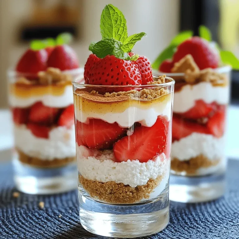 For this Cottage Cheese Strawberry Cheesecake Parfait, you need the following: - 2 cups cottage cheese - 1/2 cup Greek yogurt - 1/4 cup honey or maple syrup - 1 teaspoon vanilla extract - 1 cup fresh strawberries, hulled and sliced - 1/2 cup graham cracker crumbs - 1/4 teaspoon cinnamon These ingredients create a creamy, sweet, and flavorful treat that everyone will love. You can add a few fun touches to make your parfait even better: - Fresh mint leaves for garnish - A sprinkle of chocolate shavings - A drizzle of extra honey or maple syrup - A handful of nuts or granola for crunch These garnishes can give your parfait a unique twist and enhance the look. If you have special dietary needs, here are some easy swaps: - Use dairy-free yogurt and cottage cheese for a vegan option. - Swap honey for agave syrup to keep it vegan. - For gluten-free, choose gluten-free graham cracker crumbs. - Use a sugar substitute if you want to cut calories. These substitutions will help you enjoy the parfait while meeting your needs. First, grab a large mixing bowl. You will need 2 cups of cottage cheese. Add in 1/2 cup of Greek yogurt. Next, pour in 1/4 cup of honey or maple syrup. That will add sweetness. Then, add 1 teaspoon of vanilla extract. This gives the layer a nice flavor. Now, use a hand mixer or a blender. Mix on medium speed until the blend is smooth and creamy. Taste it! If you want it sweeter, add more honey or maple syrup. In a separate small bowl, take 1/2 cup of graham cracker crumbs. Add 1/4 teaspoon of cinnamon to it. This will give your parfait a tasty cheesecake crust flavor. Stir it well to combine. This mixture is key to adding texture and taste. The crunch will balance the creamy cheesecake layer. Now, it’s time to layer your parfait. Use serving glasses or small bowls. Start with about 1/4 cup of the cottage cheese mixture as your first layer. Next, add about 2 tablespoons of the graham cracker crumb mixture on top of that layer. Then, follow with a layer of fresh strawberries. Use around 1/4 cup of sliced strawberries per glass. Repeat these layers. You can do this 2-3 times. Always finish with a layer of strawberries on top. This makes it look nice and colorful. For the final touch, sprinkle any leftover graham cracker crumbs on the top layer. If you want, add a sprig of fresh mint as a garnish. Now, chill the parfaits in the refrigerator for at least 30 minutes. This helps the flavors blend beautifully. Enjoy making this easy and tasty Cottage Cheese Strawberry Cheesecake Parfait! To get the perfect texture for your parfait, start with quality cottage cheese. Use a blender or hand mixer to whip the cottage cheese and yogurt together. Mix until smooth and creamy. This step is key. If you want it even creamier, add a bit more yogurt. You can also blend in some whipped cream for a light touch. Sweetness can vary based on your taste. Start with the 1/4 cup of honey or maple syrup. After mixing, taste it. If you want it sweeter, add a little more sweetener. Remember, the strawberries also add natural sweetness. So, adjust carefully. You can use a sugar substitute too if you prefer. Presentation matters! Use clear glasses to show off those beautiful layers. Start with the cottage cheese mixture, then add the graham crust, and top with strawberries. Repeat until the glass is full. Finish with fresh strawberries and a sprinkle of graham crumbs on top. A mint leaf adds a pop of color. Serve on a fun tray with colorful spoons. This makes your parfait look even more inviting! {{image_4}} You can switch up the fruit in your parfait for new tastes. Try blueberries for a sweeter bite. Raspberries add a nice tartness. Peaches can bring a hint of summer to your treat. Just use the same amount as strawberries. Mix and match to find your favorite! To make this parfait vegan or dairy-free, swap the cottage cheese and Greek yogurt. Use a plant-based yogurt like almond or coconut. For the sweetener, maple syrup works great. This keeps the same creamy texture without dairy. You still enjoy all the flavors while being kind to your tummy! For a fun twist, try flavored cottage cheese or yogurt. Look for vanilla or strawberry-flavored options. These can add extra taste without extra effort. You can even use lemon or lime flavors for a zesty kick. Just adjust the sweetness as needed. This way, you can create a unique parfait every time! To store your leftover Cottage Cheese Strawberry Cheesecake Parfait, first cover it tightly. Use plastic wrap or a lid. This keeps the parfait fresh and prevents it from absorbing other smells in your fridge. If you have multiple servings, separate them into individual containers for easy access. Meal prep makes enjoying this parfait easy. You can assemble the ingredients in advance. Keep the layers separate until you are ready to eat. This helps maintain the parfait's texture and flavor. Store the cottage cheese mixture and graham cracker crumbs in airtight containers. Keep the sliced strawberries in a separate container. Combine them just before serving for the best taste. Your parfait will stay fresh in the fridge for about three days. The strawberries remain tasty and bright for this time. After three days, the strawberries may start to lose their appeal. If they look mushy or dull, it's best to toss them. For optimal flavor, enjoy your parfait within this timeframe. Yes, you can use frozen strawberries. Just thaw them before using. Drain any excess juice to keep your parfait from getting soggy. Frozen strawberries work well if fresh ones aren't available. They can still add great flavor and color to your parfait. Absolutely! This parfait is great for meal prep. You can make it ahead of time and store it in the fridge. Just layer the ingredients in jars or containers. Keep the parfaits in the fridge for up to three days. This way, you have a tasty treat ready whenever you want. To lower the calories, you can swap some ingredients. Use low-fat cottage cheese and Greek yogurt. Instead of honey, try a sugar substitute or reduce the amount. You can also cut down on the graham cracker crumbs. This keeps the flavor while making it lighter. This blog post covered how to make a delicious parfait. We looked at the key ingredients, including the main components and possible substitutions. You learned step-by-step instructions to create creamy layers and a tasty crust. Tips helped perfect your texture and sweetness. We explored various flavor options and how to store your parfait. In conclusion, this parfait recipe is easy to adjust to your needs. With this guide, you can create a treat that fits your taste and diet perfectly. Enjoy experimenting and savor your delicious creation!