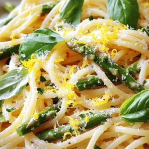 - 8 oz spaghetti or linguine - 1 bunch of fresh asparagus, trimmed and cut into 2-inch pieces - 4 cloves garlic, finely minced - 1 large lemon (zested and juiced) - ¼ cup extra-virgin olive oil - ½ teaspoon red pepper flakes (optional, for heat) - ½ cup grated Parmesan cheese (or a vegan cheese alternative) - Fresh basil or parsley, chopped, for garnish - Salt and freshly cracked black pepper, to taste For this dish, I love using spaghetti or linguine. They hold sauce well and add a nice bite. Fresh asparagus gives this pasta a crisp texture and bright flavor. Garlic adds depth, while lemon brings a zesty kick that wakes up the taste buds. Extra-virgin olive oil ties everything together, adding richness. You can spice it up with red pepper flakes for a bit of heat. Grated Parmesan cheese adds a savory touch, and fresh herbs like basil or parsley make it pop. I always keep salt and black pepper handy for seasoning. These ingredients create a fresh and flavorful dish you will enjoy. First, grab a large pot and fill it with water. Add a good amount of salt to the water. Bring it to a rolling boil. Once it boils, add the spaghetti or linguine. Cook the pasta according to the package instructions until it is al dente. When it’s done, reserve half a cup of pasta water. Then, drain the pasta and set it aside. Now, use the same pot of boiling water. Carefully add the asparagus pieces to the pot. Blanch them for about 2 to 3 minutes. You want them to turn bright green and be tender-crisp. After blanching, drain the asparagus and keep them warm. In a large skillet, set the heat to medium. Pour in the extra-virgin olive oil. Add the minced garlic to the oil. Sauté the garlic for 1 to 2 minutes. Stir frequently to keep it from burning. You want the garlic to smell great but not turn brown. Next, add the blanched asparagus to the skillet. Let it mingle with the garlic oil. If you like some heat, add red pepper flakes now. Stir everything well and cook for another minute. This allows the flavors to come together. Time to add the pasta! Toss the drained spaghetti or linguine into the skillet. Squeeze the juice of the lemon over the pasta. Don’t forget to add the lemon zest too. Gently toss everything until well mixed. If the dish looks a bit dry, add some of the reserved pasta water. This helps create a nice sauce. Remove the skillet from the heat. Stir in the grated Parmesan cheese. Mix until it melts into the pasta. Season with salt and freshly cracked black pepper to taste. For an extra touch, garnish with chopped fresh basil or parsley before serving. To make your pasta just right, cook it until it's al dente. This means it should be firm but not hard. Follow the package's cooking time closely. Remember to save some pasta water before draining. This water helps adjust the sauce later. If your sauce feels too thick, add a splash of this reserved water until it feels just right. Adding herbs can lift your dish to new heights. Fresh basil or parsley adds a bright taste. You can also try adding a bit more lemon juice to brighten the dish. Taste as you go to find the right balance. Adding lemon zest will give an extra punch of flavor. Plating is key to impressing your guests. Use shallow bowls to create a lovely look. Consider adding a sprinkle of Parmesan on top and a lemon wedge on the side. This not only looks great but also gives a hint of freshness. A few chopped herbs on top will bring color and flavor. Enjoy the beauty of your dish as much as the taste! {{image_4}} You can easily make this dish gluten-free. Just swap regular spaghetti or linguine for gluten-free pasta. There are many great options available. Look for rice, quinoa, or chickpea pasta. These alternatives taste great and work well with the lemon garlic flavor. Want to make this meal heartier? Adding grilled chicken or shrimp is a great idea. Simply grill or sauté your protein of choice and mix it into the pasta. This addition boosts protein and makes your meal more filling. Chicken adds a mild flavor, while shrimp gives a nice touch of the sea. If you want a vegan version, you have options. Omit the Parmesan cheese or use a vegan alternative. Nutritional yeast is a great choice for a cheesy flavor without dairy. You can also add extra vegetables, like cherry tomatoes or spinach, for added nutrition and taste. Enjoy a fresh and light meal that fits your diet! To store leftovers in the fridge, first let the pasta cool down. Then, place it in an airtight container. Make sure to remove as much air as you can. This keeps the pasta fresh and tasty. You can store it for up to 3 days. When ready to eat, just reheat it on the stove or in the microwave. If you want to freeze your Lemon Garlic Asparagus Pasta, use a freezer-safe container. Make sure it's tightly sealed. The pasta can last in the freezer for up to 2 months. To reheat, let it thaw in the fridge overnight. Then, warm it in a pan with a splash of olive oil or water. This helps restore its creamy texture. To keep your pasta fresh, always store it in a cool, dry place. When in the fridge, consume it within 3 days for the best flavor. If frozen, aim to eat it within 2 months. This way, you can enjoy the bright taste of lemon and garlic whenever you want! Yes, you can use many types of pasta. Good options are: - Penne - Fusilli - Farfalle These shapes hold sauce well and taste great with lemon and garlic. You can also try gluten-free pasta if needed. Perfectly blanched asparagus has a bright green color. It should be tender yet still crisp. After 2-3 minutes in boiling water, check the texture with a fork. If it feels firm but not tough, it’s ready. There are many tasty alternatives to Parmesan. You can use: - Nutritional yeast for a vegan option - Pecorino Romano for a sharper taste - Grated cashews for a creamy texture These choices fit various diets while keeping the dish flavorful. This dish stays fresh in the fridge for about 3 days. Store it in an airtight container to keep it safe. If you notice any off smells or colors, it’s best to toss it out. Yes, you can prep this dish ahead. Cook the pasta and blanch the asparagus earlier. Keep them in separate containers. When you’re ready to serve, heat the garlic oil, combine everything, and add the lemon. This helps the flavors stay fresh. This pasta dish is simple and full of flavor. You learned about the key ingredients, cooking steps, tips, and storage methods. Remember, fresh asparagus, garlic, and lemon bring brightness. Feel free to add your favorite protein or herbs to make it unique. With easy variations and storage tips, you can enjoy this meal any time. Try it, share it, and enjoy each tasty bite!