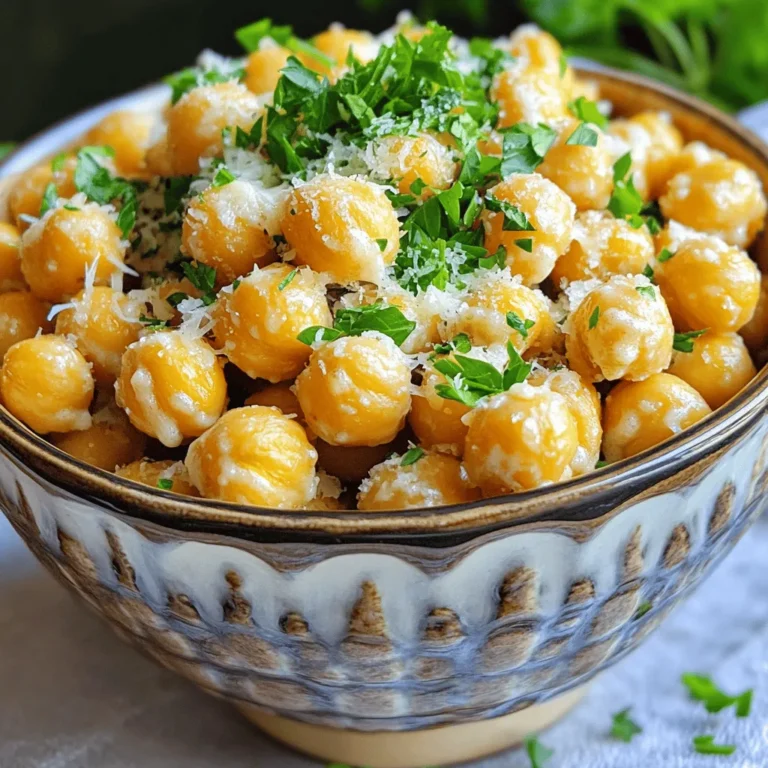 - 1 can (15 oz) chickpeas, drained and rinsed - 2 tablespoons olive oil - 4 cloves garlic, minced - 1/4 cup grated Parmesan cheese - 1 teaspoon smoked paprika - 1/2 teaspoon garlic powder - 1/2 teaspoon onion powder - Salt and pepper to taste - A pinch of cayenne pepper for heat - Lemon zest for brightness - A dash of Italian herbs for depth - Fresh parsley, chopped - Extra grated Parmesan cheese - A squeeze of fresh lemon juice Start by preheating your oven to 400°F (200°C). This heat gets the chickpeas crispy. Next, take a can of chickpeas (15 oz), then drain and rinse them well. After rinsing, spread the chickpeas on a clean kitchen towel. Pat them dry; this step is key for crunchiness. If they are wet, they won't crisp up well. Now, put the dried chickpeas in a large bowl. Add 2 tablespoons of olive oil, 4 minced garlic cloves, 1 teaspoon of smoked paprika, 1/2 teaspoon of garlic powder, and 1/2 teaspoon of onion powder. Don’t forget to add salt and pepper to taste. Toss everything together until the chickpeas are fully coated. Transfer the coated chickpeas to a baking sheet lined with parchment paper. Spread them out evenly. This helps them roast without sticking together. Place the baking sheet in your preheated oven. Roast for 25-30 minutes. Halfway through, stir the chickpeas to ensure they brown nicely. Once the chickpeas turn golden and crispy, take the baking sheet out. Immediately sprinkle 1/4 cup of grated Parmesan cheese over the hot chickpeas. Toss them lightly to help the cheese stick. Return the baking sheet to the oven for 5 more minutes. Watch closely; you want the cheese to melt and turn slightly golden. After that, take them out and let them cool a bit. For extra flair, chop some fresh parsley and sprinkle it on top before you serve. Enjoy your delightful snack! To get your chickpeas super crispy, you must dry them well. After rinsing, use a towel to pat them dry. The drier they are, the crunchier they will be. Spread them out on the baking sheet in a single layer. This helps them roast evenly. Stir them halfway through cooking for the best results. Keep an eye on them; every oven works differently. If you don’t have Parmesan cheese, you can use nutritional yeast for a vegan option. Instead of smoked paprika, regular paprika will work too. You can mix in spices like chili powder for heat or Italian herbs for a twist. Olive oil can be swapped with avocado oil for a different flavor. One big mistake is not drying the chickpeas. This leads to soggy snacks, not crispy ones. Another is overcrowding the baking sheet. If they sit on top of each other, they won’t crisp up. Lastly, don’t skip the stirring step. This helps all the chickpeas cook evenly and reach that perfect crunch. {{image_4}} Want a kick? Add heat with spicy garlic Parmesan chickpeas. To make this, mix in some cayenne pepper or red pepper flakes with your seasonings. Start with a small amount and adjust to your taste. The spice will pair well with the garlic and cheese, giving you a snack that packs a punch. You can enjoy these spicy chickpeas on their own or use them to top salads for an extra zing. If you love fresh flavors, try herb-infused roasted chickpeas. Use dried herbs like oregano, thyme, or rosemary in your mix. You can also add fresh herbs after roasting for a burst of flavor. The herbs will complement the garlic and Parmesan, creating a fragrant and tasty snack. This variation works well as a garnish for soups or salads, adding a crunchy touch. Not a fan of cheese? No problem! You can easily make vegan-friendly chickpeas. Instead of Parmesan, use nutritional yeast. It adds a cheesy flavor without dairy. Mix it in after roasting, just like you would with the cheese. You can also try adding lemon zest for brightness. This version is delicious and perfect for anyone on a plant-based diet. To keep your Garlic Parmesan Roasted Chickpeas fresh, store them in an airtight container. Make sure they cool completely before sealing. This helps prevent moisture, which can make them soggy. You can store them at room temperature for up to three days. For longer storage, keep them in the fridge for about a week. When you reheat these chickpeas, you want to bring back that crunch. Preheat your oven to 350°F (175°C). Spread the chickpeas on a baking sheet. Bake for about 10 minutes. This will revive their crispiness. Avoid using the microwave, as it will make them soft. Freezing Garlic Parmesan Roasted Chickpeas is possible, but they may lose some crunch. If you want to freeze them, let them cool completely. Then, place them in a freezer-safe bag. Remove as much air as possible before sealing. They can last for about three months in the freezer. When ready to eat, thaw in the fridge and reheat in the oven to regain some crunch. Garlic Parmesan Roasted Chickpeas last about 3-5 days when stored properly. Keep them in an airtight container. This helps maintain their crunch. If they get soft, you can re-crisp them in the oven. Just heat them for about 5-10 minutes at 350°F (175°C). It’s best to enjoy them fresh, but they still taste good after a few days. Yes, you can make Garlic Parmesan Roasted Chickpeas in an air fryer! To do this, follow the same steps for seasoning the chickpeas. Then, place them in the air fryer basket in a single layer. Cook them at 400°F (200°C) for about 15-20 minutes. Shake the basket halfway through to ensure even cooking. This method gives you a quick and crispy snack. You can serve Garlic Parmesan Roasted Chickpeas with many tasty options. Here are some ideas: - Hummus for dipping - A fresh salad for crunch - A cheese platter for variety - Your favorite sauces, like ranch or tzatziki These chickpeas make a great snack on their own, or you can pair them for a fun meal. Enjoy experimenting with different combinations! You learned about making Garlic Parmesan Roasted Chickpeas using essential and optional ingredients. I shared step-by-step instructions for perfect roasting and tips to avoid mistakes. Variations give you options for spicy or vegan flavors. Storing and reheating tips help keep your chickpeas crispy. In summary, this easy recipe offers great taste and nutrition. Enjoy trying new flavors and impressing friends with your snacks.