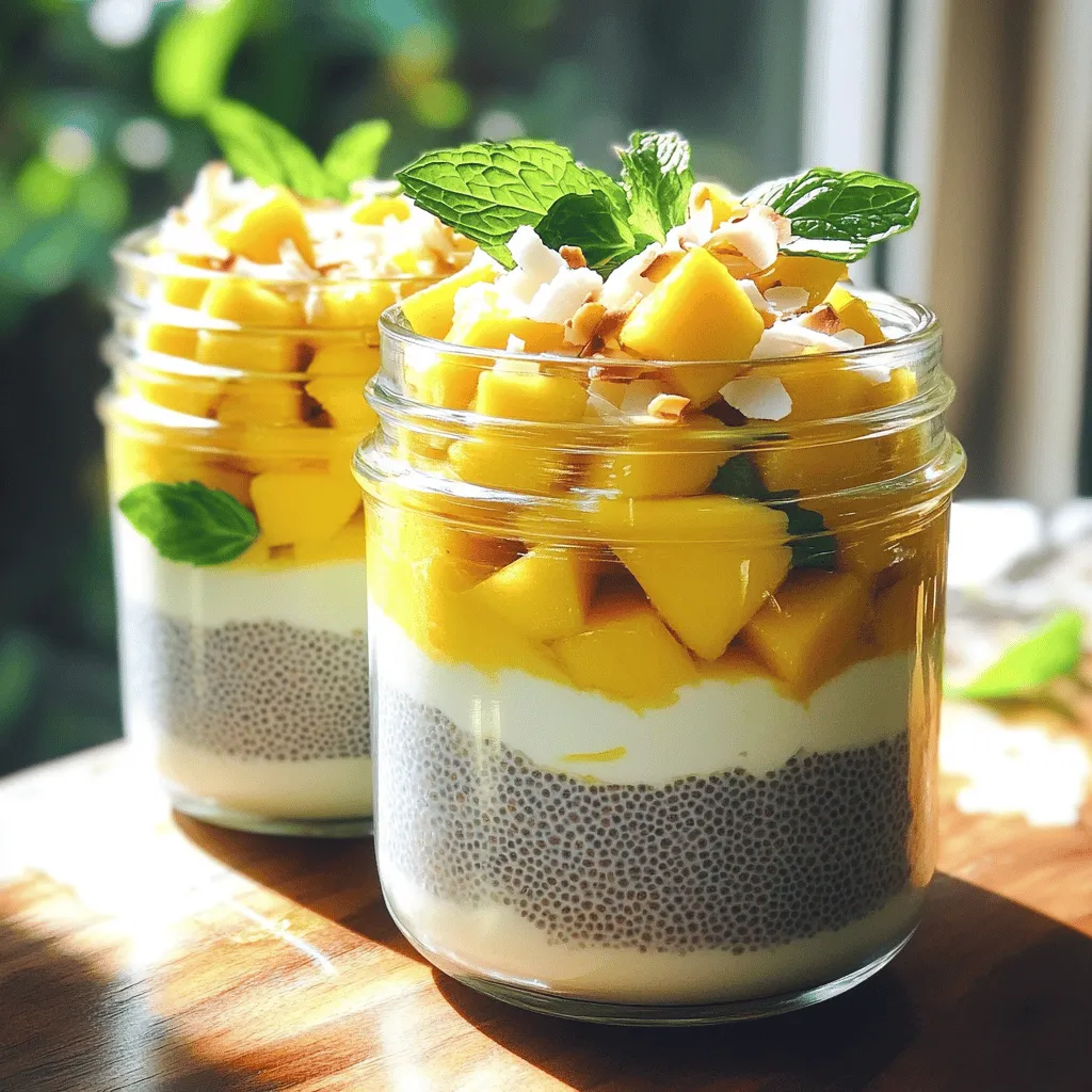 - 1 cup coconut milk (canned or carton) - 1/2 cup almond milk (or any milk of choice) - 1/4 cup chia seeds - 2 tablespoons maple syrup (or honey) - 1 ripe mango, diced - 1 teaspoon vanilla extract - Pinch of salt - Toasted coconut flakes (for garnish) - Fresh mint leaves (for garnish, optional) Coconut milk gives this pudding a rich and creamy texture. It is dairy-free and full of healthy fats. Almond milk adds a light, nutty flavor. It is also low in calories. Chia seeds are the star here. They are rich in fiber, omega-3s, and protein. When soaked, they expand and form a gel-like consistency. This helps create a satisfying pudding. Maple syrup or honey adds natural sweetness. You can adjust this based on your taste. The ripe mango brings fresh flavor and a burst of color. It's full of vitamins and adds a tropical twist. When choosing coconut milk, look for brands with fewer additives. A full-fat option makes the pudding richer. For almond milk, ensure it is unsweetened for better control over sweetness. Select ripe mangoes that feel slightly soft when you gently squeeze them. They should have a sweet scent. Always opt for whole chia seeds over ground ones. Whole seeds give the best texture and benefits. Finally, use fresh mint leaves for garnish only if you like their flavor. They add a nice touch to the dish's presentation. First, gather your ingredients. You need: - 1 cup coconut milk - 1/2 cup almond milk - 1/4 cup chia seeds - 2 tablespoons maple syrup - 1 ripe mango, diced - 1 teaspoon vanilla extract - Pinch of salt - Toasted coconut flakes (for garnish) - Fresh mint leaves (optional) In a large mixing bowl, combine the coconut milk, almond milk, maple syrup, vanilla extract, and salt. Whisk these until smooth. Next, add the chia seeds slowly while stirring. This step helps to avoid clumps. Cover the bowl with plastic wrap or a lid and place it in the fridge. Let it chill for at least 4 hours, or overnight if you can wait. This time allows the chia seeds to absorb the liquid. Chilling time is crucial. It helps the chia seeds swell and thicken the pudding. If you skip this step, the pudding won’t set properly. A minimum of 4 hours works, but overnight is best. The longer you chill, the creamier it becomes. When you’re ready to serve, take the pudding out of the fridge. Stir it gently to break up any clumps. Use individual glasses for serving. Start with a layer of pudding, then a layer of diced mango. Repeat until the glass is full. Aim for at least two layers of each. Top each serving with toasted coconut flakes for crunch. If you like, add fresh mint leaves for color and flavor. Enjoy your beautiful and tasty Mango Coconut Chia Pudding! When making mango coconut chia pudding, avoid a few common mishaps. First, don’t skip the chilling time. If you don’t let it set long enough, the pudding will be runny. Second, stir the chia seeds in well. If you don’t, they may clump together. This clumping can ruin the smooth texture you want. To boost the flavor, use ripe mangoes. They add natural sweetness and a fresh taste. You can also add a splash of lime juice for a zesty twist. For a creamier pudding, try using full-fat coconut milk. This will give your dessert a richer mouthfeel. If you enjoy crunchy textures, sprinkle toasted coconut flakes on top. They add a lovely crunch and nutty flavor. If you prefer a sweeter pudding, add more maple syrup or honey. Start with a small amount, then taste it. Adjust slowly until it’s just right for you. For a thicker pudding, add more chia seeds. Just a tablespoon can make a big difference. If it’s too thick, mix in a bit more almond milk. This keeps the pudding light and airy. {{image_4}} You can switch up the mango in this recipe. Try using ripe bananas for a creamy texture. Berries like strawberries or blueberries also work great. They add a nice tartness that balances well with the coconut. Pineapple gives a tropical twist, while peaches add sweetness. Just remember to keep the fruit fresh and ripe for the best flavor. You can experiment with different milk types. If you want a nutty flavor, use cashew milk. Oat milk gives a creamy texture without nuts. Regular dairy milk works too, if you prefer it. Each milk will change the taste slightly. Coconut milk adds rich creaminess, while almond milk keeps it light. Choose what you like best! For a vegan option, simply use maple syrup or agave instead of honey. Both sweeteners keep it plant-based while adding flavor. To make it sugar-free, try using a sugar substitute like stevia or monk fruit. These sweeteners will keep the pudding sweet without the calories. Always check the measurements, as they can vary. To keep your mango coconut chia pudding fresh, store it in an airtight container. This step helps prevent any odors from your fridge affecting the taste. Always use clean utensils to scoop out the pudding. This avoids introducing bacteria that can spoil the dish. Your chia pudding will last for about 5 days in the fridge. It’s best to eat it within this time for the best flavor and texture. If you notice any changes in smell or appearance, it’s safer to throw it away. Yes, you can freeze mango coconut chia pudding! Just place it in a freezer-safe container, but leave some space for expansion. It can stay in the freezer for up to 3 months. When you're ready to eat it, move it to the fridge for a day to thaw. The texture may change slightly, but it will still taste great! Chia seeds are tiny black seeds from the Salvia hispanica plant. They are packed with nutrients. Chia seeds are high in fiber, which helps digestion and keeps you full. They also contain protein, healthy fats, and antioxidants. Eating chia seeds may support heart health. They can help lower cholesterol levels. Plus, they absorb liquid and expand, making your pudding thick and creamy. Yes, you can swap out maple syrup or honey for other sweeteners. Agave syrup works well if you want a vegan option. You can also use stevia or monk fruit for a low-calorie choice. Just remember that some sweeteners are sweeter than others. Start with a little and taste as you go. This way, you can find the perfect sweetness for your Mango Coconut Chia Pudding. Absolutely! Mango Coconut Chia Pudding is perfect for meal prep. You can make it ahead of time and store it in the fridge. Just keep it in sealed jars or containers. It lasts up to five days, making it a great grab-and-go breakfast or snack. You can layer the pudding and mango for a pretty presentation. Just add the toasted coconut flakes right before serving for freshness. Mango Coconut Chia Pudding is both tasty and healthy. We discussed key ingredients, their benefits, and how to pick the best ones. The step-by-step guide ensures you make it right every time, while tips help avoid mistakes. You can try fun variations and know how to store it well. This pudding is great for any meal. Simple adjustments can make it perfect for you. Get creative and enjoy!
