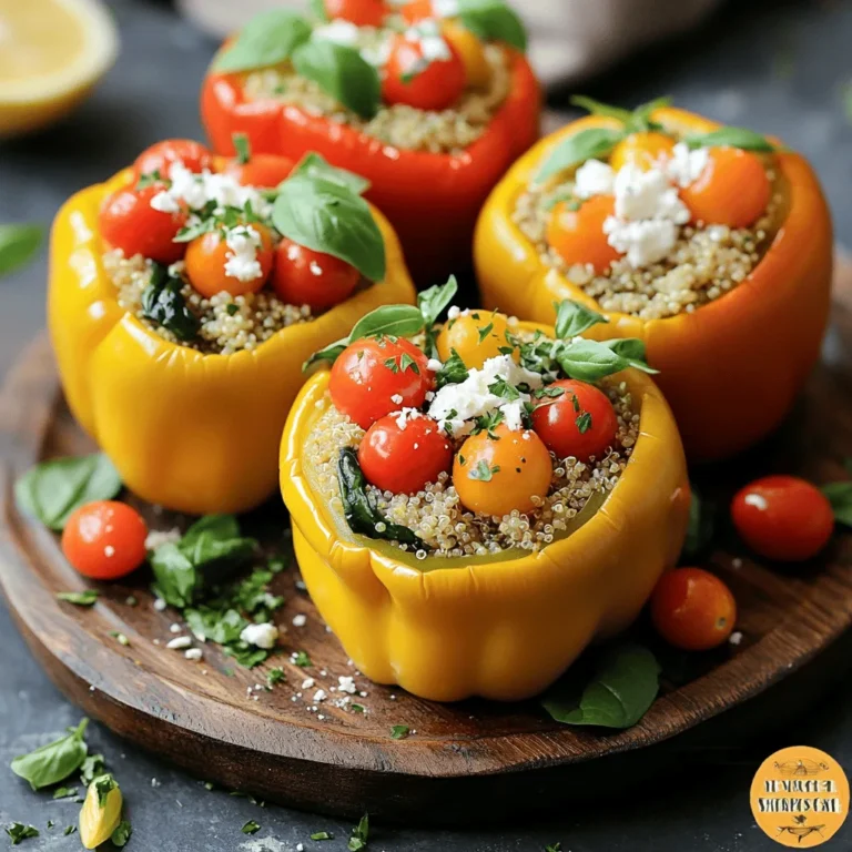 - 4 large bell peppers - 1 cup quinoa - 2 cups vegetable broth or water - 1 cup cherry tomatoes - 1 cup fresh spinach - 1/4 cup fresh parsley - 1/4 cup fresh basil - 1/4 cup feta cheese (optional) - 1 lemon (juice and zest) - 2 cloves garlic - 1 teaspoon extra virgin olive oil - Salt and pepper To make Lemon Herb Quinoa Stuffed Peppers, gather the following ingredients. Start with four large bell peppers. You can pick any color you like. Next, you need one cup of quinoa. Rinse it well before using. This keeps your dish light and fluffy. You will also need two cups of vegetable broth or water for cooking the quinoa. For a burst of flavor, grab one cup of halved cherry tomatoes. Fresh spinach adds great texture, so use one cup of coarsely chopped leaves. Herbs are key for this dish. Use a quarter cup each of finely chopped parsley and basil. For a creamy touch, add a quarter cup of crumbled feta cheese, but this is optional. Don’t forget one lemon! You will need both its juice and zest. Two cloves of minced garlic enhance the taste. Finally, grab a teaspoon of extra virgin olive oil, along with salt and pepper to season. These fresh ingredients create a delightful mix of flavors in each stuffed pepper. Each bite will offer a tasty experience, combining the zest of lemon, the warmth of herbs, and the heartiness of quinoa. Enjoy the process of preparing this meal—it’s as much fun as it is rewarding! - Preheat your oven to 375°F (190°C). - Take the bell peppers and slice the tops off. Remove the seeds inside. Place the peppers upright in a baking dish. This keeps them stable as they cook. - In a medium saucepan, mix the rinsed quinoa with vegetable broth. - Bring this mixture to a boil. Once it boils, lower the heat. Cover it and let it simmer for about 15 minutes. The quinoa should be fluffy and all the broth absorbed. - In a large bowl, combine the cooked quinoa with cherry tomatoes, spinach, parsley, basil, lemon juice, lemon zest, and minced garlic. - Stir until all ingredients mix well. Season to taste with salt and pepper. - If you like feta cheese, fold it gently into the quinoa mix. Make sure it’s spread evenly without breaking it too much. - Take each bell pepper and fill it with the quinoa mixture. Pack it in tightly. This helps the peppers keep their shape while baking. - Cover the baking dish with aluminum foil. This traps moisture while baking. - Bake in the preheated oven for 25 minutes. After that, remove the foil and bake for another 10 minutes. The peppers should be soft and slightly caramelized. To make the best quinoa, start by rinsing it well. Rinsing removes the bitter coating called saponin. After rinsing, cook the quinoa in vegetable broth instead of water. This adds a rich flavor that makes the dish stand out. You can boost the taste of your dish by adding fresh herbs. I suggest using parsley and basil for a fresh touch. You might also try oregano or thyme for a different flavor. Remember to season the quinoa mixture with salt and pepper. Taste as you go to get it just right! For a complete meal, pair your stuffed peppers with a green salad. A light vinaigrette will complement the flavors nicely. You can also serve them with a side of roasted veggies or a creamy yogurt dip. These sides enhance the meal and make it more filling. {{image_4}} You can use many types of peppers in this recipe. Large bell peppers are great, but mini peppers make fun appetizers. They are easy to eat and look pretty on a plate. You can also mix colors. Green, red, yellow, and orange peppers add beauty to your meal. The colors pop and make your dish more inviting. If you want a dairy-free version, skip the feta cheese. The quinoa and veggies still taste great. You can add extra vegetables or legumes. Try black beans or corn for added texture. This keeps the meal filling and healthy. You can also add a splash of lime juice for extra zest. Quinoa is not your only choice. You can swap it for rice or couscous. Both options work well and can change the flavor. If you want more protein, include beans. Chickpeas or lentils are also tasty additions. They blend well with the herbs and spices. This gives you a hearty meal that everyone will enjoy. To keep your lemon herb quinoa stuffed peppers fresh, first let them cool. Place them in an airtight container. This way, they stay moist and tasty. Store the container in the refrigerator. These peppers last for about 3 to 4 days. If you want to keep them longer, freezing is a great option. Wrap each pepper in plastic wrap, then place them in a freezer bag. Remove as much air as possible. They can stay in the freezer for up to 3 months. When it’s time to enjoy your stuffed peppers again, reheating is simple. You can use the oven or the microwave. For the oven, preheat it to 350°F (175°C). Place the peppers on a baking dish. Cover them with foil to keep them moist. Heat for about 15 to 20 minutes. If you use the microwave, place one pepper on a plate and cover it with a damp paper towel. Heat for 2 to 3 minutes. This keeps the flavor and texture just right. Enjoy your meal as if it was freshly made! Stuffed peppers can last in the fridge for about 3 to 5 days. Store them in an airtight container. Make sure they cool completely before placing them in the fridge. This helps avoid moisture build-up, which can make them soggy. Yes, you can make stuffed peppers ahead of time. Prepare them and store them unbaked in the fridge for up to 24 hours. When you're ready to bake, just pop them in the oven. You may need to add a few extra minutes to the baking time since they will start cold. Great sides for stuffed peppers include: - A simple green salad - Steamed broccoli or green beans - A side of roasted sweet potatoes These sides add color and nutrition to your meal and help balance flavors. Peppers are done when they are soft and slightly caramelized. You can test them by piercing with a fork. If it goes in easily, they are ready. The filling should also be hot throughout. You can easily customize the filling! Consider adding: - Black beans for protein - Corn for sweetness - Different veggies like zucchini or mushrooms - Other grains like rice or farro This lets you tailor the dish to your taste or dietary needs. Stuffed bell peppers provide a tasty and healthy meal option. We explored the ingredients, preparation steps, and storage tips for this dish. You learned how to cook quinoa and mix it with fresh veggies and herbs. I shared helpful tips for adjusting flavors and suggested variations to keep it exciting. Remember, you can make this dish fit your preferences while ensuring it stays delicious. Enjoy your cooking adventure with these stuffed peppers!
