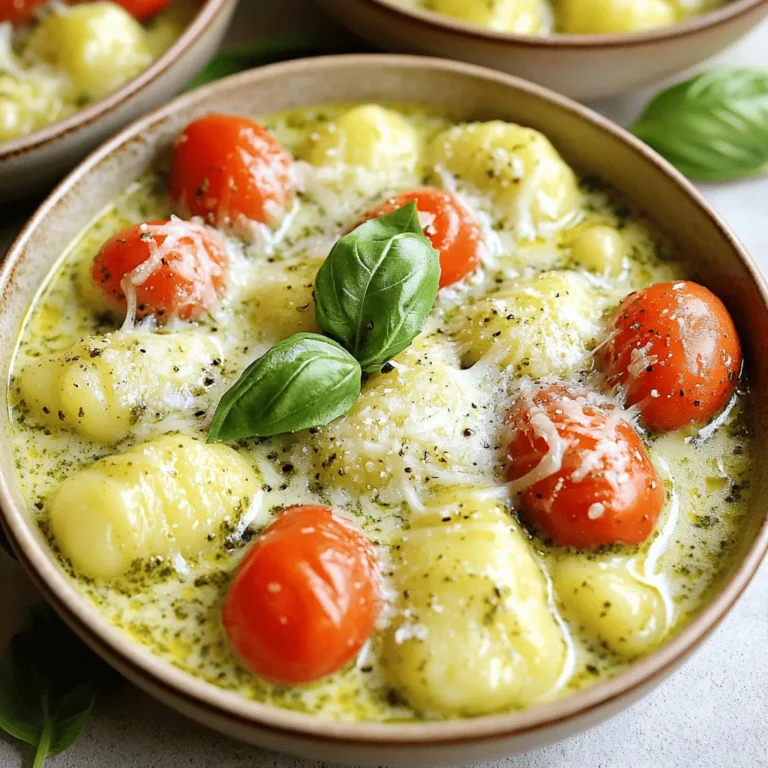 - 1 pound potato gnocchi - 1 cup heavy cream - 1/2 cup basil pesto (store-bought or homemade) - 1 cup cherry tomatoes, halved - 1/2 cup grated Parmesan cheese - 2 cloves garlic, minced The heart of this dish lies in its main ingredients. First, you need potato gnocchi. They give a soft and chewy texture that works well in this creamy sauce. Heavy cream is next. It adds richness and makes the sauce thick. Basil pesto brings a fresh, herby taste. You can use store-bought or make your own if you like. Cherry tomatoes add a sweet burst of flavor. Grated Parmesan cheese adds depth and creaminess. Lastly, minced garlic gives the dish a savory kick. - Fresh basil leaves for garnish - Salt and freshly cracked black pepper to taste - Olive oil for cooking Optional ingredients can elevate your creamy pesto gnocchi. Fresh basil leaves make a lovely garnish. They add a pop of color and enhance the flavor. Don't forget to season with salt and black pepper to taste. A drizzle of olive oil is great for cooking the garlic. It helps to bring out the flavor of the dish. Using these ingredients, you can create a delicious and satisfying meal. Each item plays a key role in building the overall taste and texture. When combined, they make a dish that is both quick and tasty. - Warm olive oil in skillet. - Sauté minced garlic until fragrant. Start by putting olive oil in a large skillet. Heat it over medium heat. When the oil is hot, add your minced garlic. Stir it for about a minute. You want it to smell good, but not brown. - Add cherry tomatoes and cook until softened. - Incorporate gnocchi directly into skillet. - Gradually add heavy cream and stir. Now, add the halved cherry tomatoes. Cook them for about 3-4 minutes. They should soften and release their juices. Next, add the potato gnocchi right into the skillet. Stir gently to mix everything well. Then, slowly pour in the heavy cream. Keep stirring until it simmers. - Mix in basil pesto and simmer. - Fold in grated Parmesan cheese. - Adjust seasoning as needed. Stir in the basil pesto now. Let it simmer for 2-3 minutes. This helps the gnocchi soak up the sauce. Then, fold in your grated Parmesan cheese. Mix until it melts and makes the sauce creamy. Taste your dish and add salt and pepper if needed. To avoid overcooking gnocchi, cook them just until they float. This usually takes about 2-4 minutes in boiling water. After they rise, drain them quickly. Be careful not to leave them in the water too long, or they will turn mushy. When sautéing garlic, keep your heat at medium. Add the minced garlic and watch it closely. Stir it for about one minute until it smells great but does not brown. Browned garlic can taste bitter and ruin your dish. Serve the creamy gnocchi in shallow bowls for a nice look. Add fresh basil leaves on top for color. A sprinkle of extra Parmesan cheese adds a lovely touch. This makes your dish not just tasty but beautiful for your guests. You can also try drizzling a bit of olive oil on top. This gives a shiny finish and enhances the flavor. Use a wide, flat plate to spread the dish out, making it look more inviting. {{image_4}} You can switch up the pesto in this dish. Try sun-dried tomato pesto for a rich taste. You can also use arugula pesto for a peppery kick. If you want a nut-free option, use a spinach pesto. For the heavy cream, you can use Greek yogurt. It will add a nice creaminess. Coconut cream is another great choice for a dairy-free version. Just be aware it will change the flavor a bit. Adding protein can make this dish heartier. Cooked chicken or shrimp works well. Simply add them when you sauté the garlic. This way, they get nice and warm. Incorporating veggies boosts nutrition, too. Spinach, broccoli, or bell peppers can be great additions. Just toss them in with the tomatoes and let them cook until tender. This keeps the dish colorful and healthy. After making creamy pesto gnocchi, let it cool down. Place leftovers in an airtight container. Store it in the fridge for up to three days. When you are ready to eat, spoon the gnocchi into a skillet. Add a splash of cream or water to help it heat up. Warm it over low heat until hot. Stir often to prevent sticking. Yes, you can freeze creamy pesto gnocchi! To do this, let it cool completely first. Transfer it to a freezer-safe container or bag. It will last for about two months in the freezer. When you want to eat it, move it to the fridge overnight to thaw. Reheat in a skillet with a little cream or water for best results. This will keep it creamy and delicious. How long does it take to cook gnocchi? Cooking gnocchi takes only about 2–4 minutes. You know they are done when they float. It’s quick and easy! Can I make this dish ahead of time? Yes, you can prepare the creamy pesto gnocchi ahead. Cook it, then let it cool. Store it in the fridge for up to two days. Just reheat it on low heat. What to do if the sauce is too thick? If your sauce is too thick, add a splash of milk or broth. Stir it in slowly until you reach your desired creaminess. How to adjust the spiciness level in the dish? To change the spice level, add red pepper flakes. Start with a pinch and taste. You can always add more if you like heat! What are the calories in creamy pesto gnocchi? One serving of creamy pesto gnocchi has about 500 calories. This number can change based on your ingredients. Is this recipe suitable for vegetarians? Yes, this recipe is vegetarian-friendly! It contains no meat, just tasty cheese and veggies. Enjoy guilt-free! This blog post covered how to make creamy pesto gnocchi with ease. We explored key ingredients, step-by-step cooking instructions, and helpful tips. You now have ideas for variations and storage tips for leftovers, too. While preparing this dish, enjoy the flavors and make it your own. Try adding proteins or veggies to suit your taste. With these tips, you'll create a satisfying meal every time. Happy cooking!