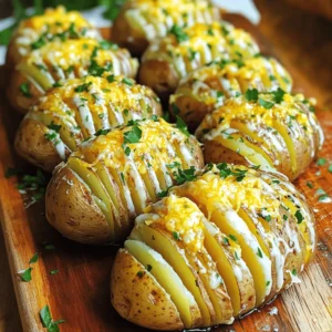 - 4 medium-sized russet potatoes - 4 tablespoons unsalted butter, melted - 4 cloves garlic, finely minced - 1 teaspoon dried Italian herbs - 1 cup freshly grated Parmesan cheese - Salt and freshly ground black pepper - Fresh parsley, finely chopped for garnish You can swap russet potatoes for other types like Yukon Gold or red potatoes. For a dairy-free version, use olive oil in place of butter and a dairy-free cheese for the Parmesan. These swaps keep the flavor great while meeting dietary needs. - Preheat your oven to 425°F (220°C). - Rinse the russet potatoes well under cold water. - Pat them dry using a kitchen towel. To cut the potatoes, place each one on a cutting board. Make thin, even slices about 1/8-inch apart. Be careful not to cut all the way through. A good trick is to put each potato between two wooden spoons. This keeps your knife from slicing through the bottom. In a small bowl, mix the melted butter with minced garlic and dried Italian herbs. Stir well until combined. Use a basting brush or a spoon to apply the garlic herb butter over each potato. Make sure some of the mixture seeps between the slices for a burst of flavor. Season with salt and freshly ground black pepper to taste. Wrap each potato tightly in aluminum foil. Place them directly on the oven rack and bake for 40 minutes. This step cooks the potatoes through. After 40 minutes, carefully unwrap the foil. Take caution as steam will escape. Sprinkle the grated Parmesan cheese over the potatoes, getting some in between the slices. Return the unwrapped potatoes to the oven. Bake for an additional 15-20 minutes until the cheese melts and turns golden brown. Remove the potatoes and let them cool for a few minutes. Garnish with fresh parsley just before serving. Seasoning is key to great taste. I always use salt and pepper. They enhance every bite. Fresh herbs, like parsley, add brightness. Dried Italian herbs mix well with garlic. Use them to boost the flavor. I love a mix of oregano, thyme, and basil. They make each potato burst with taste. You can cook these potatoes in different ways. An air fryer gives them a crispy skin. Just set it to 400°F and cook for 30 minutes. Grilling is another tasty option. Wrap them in foil and place them on the grill. Aim for a nice char and soft inside. Check for doneness with a fork. It should go in easily. Presentation makes a big difference. Serve the potatoes on a nice platter. Drizzle some melted butter over the top. Add a few sprigs of fresh parsley for color. These potatoes pair well with grilled chicken or steak. They also work great with a fresh salad. Enjoying them hot makes them even better! {{image_4}} You can boost the taste of your Garlic Parmesan Hasselback Potatoes in many ways. Start by adding spices or herbs. For a spicy kick, try red pepper flakes or smoked paprika. Fresh herbs like rosemary or chives can also add a nice touch. You might want to experiment with different cheese types. You can swap Parmesan for cheddar, gouda, or even feta. Each cheese brings its own flavor. Combining two or more types can create a rich taste you’ll love. If you follow a vegan diet, you can make this dish too. Substitute the butter with olive oil or vegan butter. For the cheese, try a dairy-free Parmesan or nutritional yeast. These swaps keep the flavor while meeting your needs. If you need gluten-free options, don’t worry. This recipe is naturally gluten-free. Just make sure your ingredients are certified gluten-free. You can enjoy these potatoes without any fuss. You can enhance these potatoes for holidays or special meals. Try adding a drizzle of truffle oil just before serving. It adds an elegant touch that will impress your guests. For parties, get creative with garnishes. Use crispy bacon bits, or a sprinkle of pomegranate seeds for color. You can also serve them with a side of sour cream or a tasty dip. These little touches will make your dish stand out. To keep your Garlic Parmesan Hasselback Potatoes fresh, place them in an airtight container. Make sure they cool first. Store them in the fridge for up to three days. For longer storage, you can freeze them. Wrap each potato in plastic wrap, then place them in a freezer bag. This helps keep them tasty and prevents freezer burn. When you're ready to enjoy leftovers, you can reheat them in the oven. This method keeps the skin crispy. Preheat your oven to 350°F (175°C). Place the potatoes on a baking sheet and cover them lightly with foil. Bake for about 15-20 minutes or until heated through. To avoid sogginess, skip the microwave. Microwaving can make the potatoes soft and mushy. If you must use the microwave, place a paper towel under the potato to absorb extra moisture. This simple trick helps keep your potatoes delicious. How long do Garlic Parmesan Hasselback Potatoes last in the fridge? Garlic Parmesan Hasselback Potatoes can last for 3 to 4 days in the fridge. Make sure to store them in an airtight container. Can I prepare these potatoes ahead of time? Yes, you can prep Hasselback potatoes up to a day in advance. Just keep them wrapped in foil in the fridge. When ready, bake them straight from the fridge. What should I serve with Garlic Parmesan Hasselback Potatoes? These potatoes pair well with grilled chicken, steaks, or roasted vegetables. You can also serve them as a side for a fresh salad. Can I use other types of potatoes? Absolutely! While russet potatoes are great, you can try Yukon Gold or sweet potatoes for a twist. Just adjust baking time based on the size and type of potato you use. - User-generated tips on modifications and improvements: Many home cooks suggest adding bacon bits or a sprinkle of chili flakes for extra flavor. You can also experiment with different cheese types, like cheddar or gouda. - Suggestion for presentations and serving styles: Arrange the potatoes on a colorful platter. Drizzle some melted butter on top and sprinkle extra parsley for a nice touch. It makes the dish look appealing and inviting! In this post, we explored the art of making Garlic Parmesan Hasselback Potatoes. We covered key ingredients, step-by-step instructions, and helpful tips to enhance flavor. You learned how to adapt the recipe for special diets and occasions. These potatoes are not just tasty; they are easy to customize. Use the tips to create your own version. Harness your creativity to impress at your next meal. Enjoy the cooking process and share your delicious results with others!