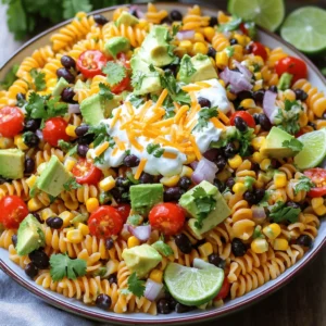- 8 oz rotini pasta - 1 can black beans - 1 can corn - 1 bell pepper - 1 cup cherry tomatoes - 1 small red onion - 1 avocado - 1 cup shredded cheddar cheese - 1/4 cup fresh cilantro - 1/4 cup sour cream - 1/4 cup mayonnaise - 2 tablespoons taco seasoning - Juice of 1 lime - Salt and pepper to taste I love this dish because it’s bright, colorful, and packed with flavor. The rotini pasta brings a fun twist to the salad. It holds the dressing well, making every bite delicious. The black beans and corn add a nice heartiness. They also bring protein and fiber, making this dish filling. The bell pepper and cherry tomatoes add a fresh crunch and a pop of color. The red onion gives a little bite. The avocado makes it creamy and rich. I like to use ripe avocados for the best taste. The cheddar cheese adds a wonderful sharpness to balance the flavors. Finally, we have fresh cilantro, sour cream, mayonnaise, taco seasoning, and lime juice. These ingredients create a tasty dressing that ties everything together. It’s a zesty blend that makes this salad a hit at any gathering. - Additional sour cream - Extra lime wedges - Sliced jalapeños for heat To take it up a notch, I suggest adding extra sour cream on top. Lime wedges give a bright touch when serving. If you like heat, sliced jalapeños are perfect. They add a spicy kick that complements the creamy dressing. These toppings make the salad even more fun and tasty. Start by boiling 8 oz of rotini pasta in salted water. Cook it until it is al dente, which means it should have a slight bite to it. After cooking, drain the pasta and rinse it under cold water. Rinsing stops the cooking process and cools it down quickly. Next, you’ll prepare the veggies. Dice one bell pepper and chop one small red onion. Halve one cup of cherry tomatoes and dice one avocado. In a large bowl, combine these veggies with the cooled pasta. Make sure to fold gently so everything mixes evenly. For the dressing, whisk together 1/4 cup sour cream, 1/4 cup mayonnaise, and 2 tablespoons taco seasoning. Squeeze in the juice of one lime and add salt and pepper to taste. This creamy dressing adds flavor and ties everything together. Now, pour the dressing over the pasta and veggies. Toss everything together gently to ensure each piece gets coated. Then, add 1 cup of shredded cheddar cheese and 1/4 cup of chopped fresh cilantro. Mix it all in for a burst of color and taste. This step is key. Cover the bowl with plastic wrap or a lid. Chill the salad in the fridge for at least 30 minutes. This resting time allows the flavors to meld together beautifully. You can serve this salad chilled or at room temperature. For a lovely presentation, use a large decorative bowl. You can also divide it into individual cups. Garnish with extra cilantro leaves and lime wedges for a bright finish. Enjoy your colorful and tasty Fiesta Taco Pasta Salad! To make the best Fiesta Taco Pasta Salad, cook your rotini pasta al dente. This means it should be firm when you bite into it. Overcooked pasta can become mushy and spoil the texture. After cooking, rinse the pasta under cold water. This stops the cooking process and cools the pasta down. It also helps prevent the pasta from sticking together. Adjusting the seasoning can boost the taste of your salad. If you like it spicy, add more taco seasoning. You can also try mixing in some cumin or chili powder for a twist. Personalizing the dressing is fun, too. If you want a tangier flavor, squeeze in more lime juice. You can use Greek yogurt in place of sour cream for a zesty kick. For a lighter option, use low-fat mayo or yogurt for the dressing. This keeps the creaminess without all the calories. You could also add more veggies for extra nutrition. Try throwing in some spinach, zucchini, or carrots. These ingredients not only enhance the salad's color but also its health benefits. {{image_4}} You can add protein to your Fiesta Taco Pasta Salad to make it heartier. Some great choices are: - Grilled chicken: Dice it into bite-sized pieces. It adds a nice smoky flavor. - Shrimp: Cooked shrimp adds a seafood twist. Toss it in right before serving. - Tofu: For a plant-based option, use firm tofu. Cube it and sauté until golden. Each option brings a unique taste and texture, making the salad even more fun. Try different taco spices to change the flavor. You can use: - Chipotle powder for a smoky heat. - Cumin for a warm, earthy taste. - Paprika for a sweet, mild kick. You can also mix in unique ingredients like: - Olives: They add a briny bite. Choose black or green olives for fun flavors. - Avocados: If you want extra creaminess, add more diced avocado. These twists keep your salad exciting and fresh. Adapting your salad based on the season makes it more vibrant. Here are some ideas: - Fresh herbs: In summer, try basil or mint for a refreshing touch. - Seasonal vegetables: In fall, add roasted butternut squash for sweetness. Using seasonal items not only enhances flavor but also supports local farms. To keep your Fiesta Taco Pasta Salad fresh, use an airtight container. This helps lock in flavors and maintain crispness. It is also key to chill the salad before you store it. Cooling it first prevents moisture build-up. The salad lasts about 3 to 5 days in the fridge. Always check for signs of spoilage. Look for changes in color, smell, or texture. If it smells off or looks slimy, it’s time to toss it. While this salad is best cold, you can enjoy it at room temperature. If you want to warm it up, do so gently. Heat it in the microwave for short bursts. Avoid overcooking; you want to keep the veggies fresh and crunchy. Yes, you can make this salad a day in advance. It tastes even better when the flavors meld. To prep ahead, follow these simple steps: - Cook the pasta and cool it down. - Chop the veggies and store them in the fridge. - Make the dressing and keep it separate. - Mix everything just before serving. This keeps the salad fresh and crisp! If you want a gluten-free option, try these: - Use gluten-free rotini pasta. - Quinoa is another great choice. - Spiralized zucchini can add a fun twist. These options keep the dish tasty and fun! Yes, this salad is perfect for meal prep! Here are some tips: - Divide the salad into meal-sized portions. - Store in airtight containers to keep it fresh. - Add the dressing just before eating to keep it crisp. This makes for a quick lunch or dinner! You can easily enrich this salad. Here are some ideas: - Add grilled chicken or shrimp for protein. - Toss in cooked quinoa or brown rice for more fiber. - Consider black beans or chickpeas for extra nutrition. These additions make it more satisfying! Yes, frozen vegetables can work well! Here’s what to know: - They are often picked at peak ripeness and flash-frozen, keeping nutrients intact. - Thaw and drain them before adding to the salad. - Frozen corn and peas are great choices. Using frozen veggies can save time and add convenience! Fiesta Taco Pasta Salad is simple, tasty, and great for any meal. We covered key ingredients like pasta, beans, and fresh veggies. I shared steps for cooking, mixing, and adding flavors. You can adjust and add what you like, making it perfect for you. This dish is fun to make and even better to share. Keep it in the fridge for later or serve it fresh. No matter how you enjoy it, you’ll love this colorful salad!