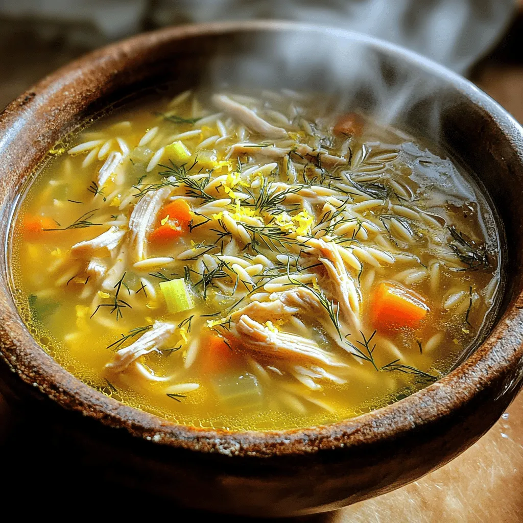 To make Greek lemon chicken soup, you need these simple ingredients: - 1 tablespoon olive oil - 1 medium onion, diced - 2 garlic cloves, minced - 3 medium carrots, sliced - 2 celery stalks, sliced - 1 pound boneless, skinless chicken breasts - 6 cups chicken broth - 1 cup orzo pasta (or rice) - 1 teaspoon dried oregano - Zest and juice of 1 lemon - 2 large eggs - Fresh dill or parsley, for garnish - Salt and pepper to taste Each ingredient plays a vital role in creating a tasty and hearty soup. Using fresh ingredients can enhance the flavor of your soup. Fresh herbs, like dill or parsley, add a bright taste. Fresh garlic and onions also boost the soup's aroma. Dried ingredients, like oregano, work well too. They are easy to store and still provide good flavor. If you use dried herbs, remember to adjust the amount. You might need less since dried herbs are stronger. You can easily swap ingredients if needed. Here are some ideas: - Use vegetable broth instead of chicken broth for a vegetarian option. - Brown rice can replace orzo for a gluten-free choice. - If you don’t have lemon, try lime juice for a different twist. - For a creamier soup, mix in a splash of heavy cream or coconut milk. These substitutions can help you make the soup work for your taste or diet. Enjoy experimenting! First, we start with aromatics. Heat 1 tablespoon of olive oil in a large pot over medium heat. Add 1 medium diced onion and sauté for 3-4 minutes. You want the onion to become soft and clear. Next, stir in 2 minced garlic cloves. Cook this for about 1 minute until you smell the garlic. It should not brown, just become fragrant. Now, it’s time to add more flavors. Slice 3 medium carrots and 2 celery stalks, then add them to the pot. Sauté these for about 5 minutes. This makes them tender and tasty. Next, take 1 pound of boneless, skinless chicken breasts and place them in the pot. Pour in 6 cups of chicken broth. Increase the heat and bring it to a gentle simmer. Cook for 20-25 minutes. The chicken should be fully cooked and no longer pink. When the chicken is done, carefully take it out and place it on a plate. Use two forks to shred the chicken into bite-sized pieces. This step adds texture to the soup. Return the shredded chicken to the pot. Stir in 1 cup of orzo pasta, 1 teaspoon of dried oregano, and the zest and juice of 1 lemon. Let this simmer for another 10-12 minutes. The orzo should be soft but still firm. Next, we will add a creamy touch. In a small bowl, whisk 2 large eggs well. Slowly add a ladleful of hot soup to the eggs while whisking. This keeps the eggs from cooking too fast. Once mixed, pour the egg mixture back into the pot while stirring. This gives the soup a smooth and rich flavor. Finally, taste the soup and add salt and pepper as needed. For serving, ladle the soup into bowls. Garnish with fresh dill or parsley for a bright finish. Enjoy! To get the best flavor in your Greek Lemon Chicken Soup, follow these simple tips: - Use fresh lemon juice and zest. This adds brightness. - Sauté the onion and garlic until soft. This builds a strong flavor base. - Add the orzo or rice at the right time. It should cook until just tender. - Taste and adjust salt and pepper before serving. This ensures balanced seasoning. Many home cooks make a few common errors. Here are some mistakes to watch for: - Overcooking the chicken can make it dry. Cook it until it’s just done. - Not tempering the eggs properly can lead to curdling. Always whisk in hot soup slowly. - Forgetting to season the soup can make it bland. Season gradually as you cook. Serving your soup well can enhance the experience. Try these serving ideas: - Use wide, shallow bowls for a rustic look. - Garnish with fresh dill or parsley for color and flavor. - Serve with crusty bread on the side for dipping. - Pair with a simple salad for a full meal. {{image_4}} You can make this soup gluten-free easily. Simply swap the orzo pasta for gluten-free rice or a gluten-free pasta. Look for certified gluten-free products to avoid cross-contamination. The rest of the recipe stays the same. You still get a tasty dish without gluten. To make a vegetarian version, skip the chicken. Use vegetable broth instead of chicken broth. Add chickpeas or white beans for protein. You can also add more vegetables like zucchini or spinach. This version is just as hearty and full of flavor. If you like heat, add some red pepper flakes or diced jalapeños. Stir them into the pot with the garlic to infuse the oil. You can also add a splash of hot sauce at the end for extra spice. This change gives the soup a fun twist! You can store Greek Lemon Chicken Soup in an airtight container. Let the soup cool down first. It will keep well in the fridge for up to three days. If you need more time, consider freezing it. Just remember, the longer it sits, the more it may lose its fresh taste. When you're ready to enjoy your soup again, heat it gently. Use a pot on low to medium heat for the best results. Stir occasionally to warm it evenly. You can also use a microwave, but heat in short bursts. This prevents the soup from getting too hot or splattering. If you want to freeze your soup, use freezer-safe containers. Leave some space at the top for expansion. Label each container with the date. The soup will taste best if used within three months. To thaw, move it to the fridge overnight. Then reheat it on the stove. This keeps the flavors bright and fresh. To store Greek lemon chicken soup, let it cool first. Use an airtight container. This keeps the soup fresh for up to three days in the fridge. If you want to save it longer, freeze it. It can last up to three months in the freezer. Just make sure to label your container. When ready to eat, thaw it in the fridge overnight. Yes, you can use brown rice instead of orzo. Brown rice adds a nutty flavor and extra fiber. Keep in mind that it takes longer to cook. You should add it to the soup earlier. Cook it for about 30-40 minutes until it’s tender. Adjust the broth amount if needed, as brown rice absorbs more liquid. To make the soup creamier, add a splash of heavy cream or coconut milk. This will give it a rich texture. You can also blend a portion of the soup. Use an immersion blender for a smooth finish. Just remember to temper the eggs before adding them to keep it silky and smooth. This blog post provided a clear guide on making Greek Lemon Chicken Soup. We covered the key ingredients, cooking steps, and useful tips for great flavor. You learned about variations and smart storage methods. Remember, fresh ingredients boost taste, while easy swaps can fit your needs. Use these steps for a delicious meal anyone will love. Enjoy your soup-making adventure and make it your own!