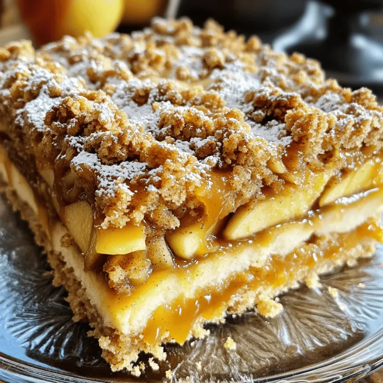 To make the Caramel Apple Crumb Coffee Cake, gather the following ingredients: - 2 cups all-purpose flour - 1 cup granulated sugar - 1/2 cup unsalted butter, softened at room temperature - 1/2 cup packed brown sugar - 2 large eggs - 1/2 cup milk (preferably whole) - 1 teaspoon pure vanilla extract - 1 tablespoon baking powder - 1/2 teaspoon salt - 3 medium apples, peeled, cored, and chopped (approximately 2 cups) - 1 teaspoon ground cinnamon - 3/4 cup caramel sauce (use store-bought or homemade) - 1/2 cup old-fashioned oats - 1/4 cup chopped walnuts or pecans (optional) Each ingredient plays a key role in this cake. The flour gives structure, while the sugars add sweetness. Eggs help bind everything together, and the milk keeps it moist. Vanilla adds flavor, and apples bring a fruity touch. Cinnamon gives warmth, and caramel adds a rich sweetness. Oats and nuts enhance texture and crunch. Make sure to use fresh apples for the best taste. A mix of tart and sweet apples works well. This recipe allows for some fun variations. You can swap in nuts if you like a bit of crunch. Set your oven to 350°F (175°C). Take a 9x13-inch baking dish and grease it with butter. Dust it lightly with flour. This helps keep the cake from sticking. In a medium bowl, toss the chopped apples with ground cinnamon. Make sure they are all coated well. Set this mixture aside. Let the flavors blend while you work on the batter. In a large bowl, cream together the softened butter, granulated sugar, and brown sugar. Use an electric mixer for about 3-4 minutes. When it's light and fluffy, add the eggs one at a time. Mix well after each egg. Now, pour in the milk and vanilla extract. Stir until combined. In another bowl, whisk together the flour, baking powder, and salt. Gradually fold this dry mix into the wet batter. Be gentle! Overmixing can make the cake dense. Spoon half of the batter into your prepared baking dish. Spread it evenly. Drizzle half of the caramel sauce over the batter, then sprinkle half of the apple mixture on top. Gently spoon the rest of the batter over the apples. Spread it out smoothly. Drizzle the remaining caramel sauce on top, followed by the rest of the apple mixture. Make sure everything is evenly placed. In a small bowl, mix the old-fashioned oats and chopped nuts if you want. Add a sprinkle of brown sugar for sweetness. Crumble this topping evenly over the entire cake. This adds texture and flavor. Place the baking dish in the preheated oven. Bake for 35-40 minutes. To check if it’s done, insert a toothpick into the center. If it comes out clean, it’s ready! Let the cake cool in the pan for about 15 minutes before slicing and serving. Enjoy! Do not overmix your batter. This step is key for a light cake. When you mix too much, the cake can become dense. Mix until just combined, and you will have a perfect crumb. For even chopping, use a sharp knife. Start by cutting the apple in half. Then, cut each half into quarters. Remove the core and slice into cubes. Aim for uniform pieces for even cooking. This ensures every bite is tasty and soft. This cake pairs well with many drinks. Serve it warm with coffee or tea for a cozy treat. You can also top it with whipped cream or extra caramel sauce. A scoop of vanilla ice cream adds a sweet touch, too. Enjoy how the flavors blend together! {{image_4}} You can easily modify this recipe to fit your needs. If you want a dairy-free version, swap the milk and butter for almond milk and coconut oil. These are great options that still give a rich taste. For those with nut allergies, you can leave out the walnuts or pecans entirely. If you want some crunch, try sunflower seeds or pumpkin seeds instead. This cake shines with apples, but you can mix it up. In spring, use fresh strawberries or rhubarb. In summer, peaches or blueberries add a lovely twist. Fall is perfect for pears or cranberries. Each fruit brings its own charm and flavor, so feel free to experiment. If you need a gluten-free cake, it’s simple to adjust. Use a gluten-free flour blend in place of all-purpose flour. Many blends work well for baking. Just ensure it contains xanthan gum for the best texture. This way, everyone can enjoy this delicious coffee cake! To keep your caramel apple crumb coffee cake fresh, store it in the fridge. Place it in an airtight container or wrap it tightly in plastic wrap. This will stop it from drying out. The cake stays good for up to four days in the fridge. If you want it to last longer, freezing is a great option. To freeze your coffee cake, first let it cool completely. Then, cut it into slices. Wrap each slice in plastic wrap, then place the slices in a freezer-safe bag. Make sure to squeeze out all the air to prevent freezer burn. The cake can last for about three months in the freezer. When you're ready to enjoy it, just thaw it in the fridge overnight. For the best texture when reheating, use the oven. Preheat your oven to 350°F (175°C). Place the slices on a baking sheet and cover them with foil. Heat for about 10-15 minutes. This will warm the cake evenly and keep it moist. If you're in a hurry, you can use the microwave. Heat each slice for about 20-30 seconds, but avoid overheating to keep the texture nice. Enjoy your delicious cake warm! Yes, you can make this coffee cake ahead of time. Bake it, let it cool, and cover it. Store it in the fridge for up to three days. When you are ready to enjoy it, simply reheat it in the oven at 350°F for about 10-15 minutes. Making homemade caramel sauce is easy. Here’s a simple way: - In a saucepan, cook 1 cup of granulated sugar over medium heat. - Stir it gently until it melts and turns golden brown. - Add 6 tablespoons of butter and mix well. - Slowly pour in 1/2 cup of heavy cream while stirring. - Let it cool before using it in your coffee cake. For baking, I recommend using tart apples like Granny Smith or Honeycrisp. They hold their shape well and add great flavor. You can also mix different types for added taste. Yes, you can skip the nuts if you prefer. The coffee cake will still taste great without them. If you want to use other types, try almonds or pecans. Just make sure to chop them finely for even distribution. This recipe is a tasty way to enjoy apples in a cake. We covered all the key ingredients and shared step-by-step instructions. By using tips and tricks, you can perfect your baking. You also learned how to customize the recipe based on your needs. Whether storing leftovers or making variations, enjoying this cake is easy. Try this recipe for your next dessert and share it with others. You will love baking and savoring this delightful treat!