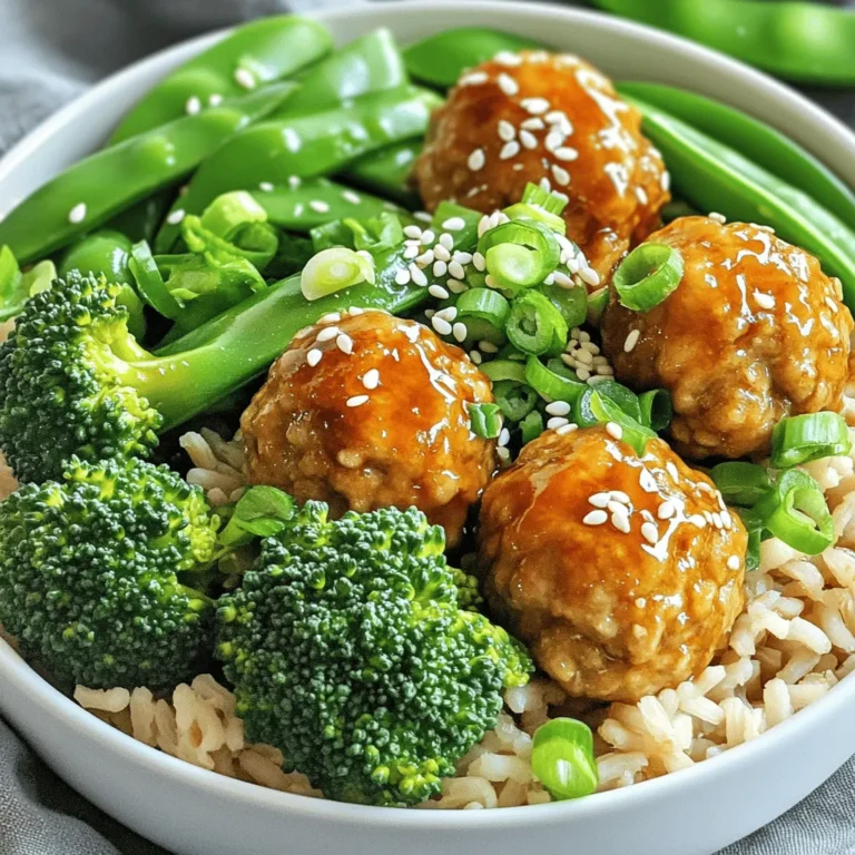 - 1 pound ground chicken (or turkey) - 1/4 cup breadcrumbs - 1/4 cup grated Parmesan cheese - 1 egg - 2 cups cooked brown rice - 1 cup broccoli florets - 1 cup snap peas You need ground chicken or turkey for the meatballs. This choice keeps the dish lean yet flavorful. Breadcrumbs and Parmesan cheese add texture and taste. An egg binds everything together. For the bowl, I love using cooked brown rice. It gives a nice nutty flavor and is healthy. The fresh veggies, broccoli and snap peas, add crunch and color. - 2 tablespoons soy sauce - 1 tablespoon fresh ginger, minced - 1 tablespoon garlic, minced - 1/2 teaspoon freshly ground black pepper - 2 tablespoons sesame oil - 1/4 cup teriyaki sauce (store-bought or homemade) Flavor is key in this dish. Soy sauce and teriyaki sauce bring umami magic. Fresh ginger and garlic add zest. Black pepper gives a hint of heat. I love cooking the meatballs in sesame oil. It adds a nutty taste that pairs well with teriyaki sauce. - Sesame seeds - Additional sliced green onions Garnishes make the dish pop. A sprinkle of sesame seeds adds crunch. Green onions give a fresh bite. These simple touches elevate your teriyaki meatball bowls. They make your meal look great and taste even better. 1. Preheat the oven to 400°F (200°C). 2. Prepare the baking sheet with parchment paper. This helps the meatballs not stick. 1. In a large mixing bowl, combine: - 1 pound ground chicken (or turkey) - 1/4 cup breadcrumbs - 1/4 cup grated Parmesan cheese - 1 egg - 2 tablespoons soy sauce - 1 tablespoon fresh ginger, minced - 1 tablespoon garlic, minced - 1 tablespoon green onion, finely chopped - 1/2 teaspoon freshly ground black pepper 2. Mix well until everything is even. Use your hands or a spatula. 1. Take small amounts of the mixture. 2. Roll them into 1-inch meatballs. 3. Place the meatballs on the baking sheet. Give them space to cook evenly. 4. Bake for 20-25 minutes. They should turn golden brown and be fully cooked. 1. Heat 2 tablespoons of sesame oil in a large skillet over medium heat. 2. Add 1 cup of broccoli florets and 1 cup of snap peas. 3. Sauté for 5-7 minutes. Stir often until they are tender and bright. 1. Once the meatballs are done, add them to the skillet with the veggies. 2. Pour 1/4 cup of teriyaki sauce over everything. Stir gently to coat. 3. Serve over 2 cups of cooked brown rice for a filling meal. Garnish with sesame seeds and sliced green onions for a nice touch! To make your teriyaki meatball bowls even better, try adding more veggies. Carrots and bell peppers work great. They add color and crunch. You can also switch up the protein. Ground beef or tofu can replace chicken or turkey. Each option gives a new flavor. For baking meatballs, the oven temperature matters. Set it to 400°F (200°C) for perfect cooking. Use parchment paper on the baking sheet. This keeps meatballs from sticking. When sautéing vegetables, keep the heat at medium. This helps them cook evenly. Stir often for the best crispness. A beautiful plate makes the meal special. Use deep bowls to serve. First, add a scoop of rice. Then, place the meatballs and veggies on top. This layering looks nice. Garnish with sesame seeds and sliced green onions. A good garnish can make the dish pop. {{image_4}} You can switch up the meatballs if you want. Ground beef works well. It gives a rich flavor. If you prefer something lighter, try ground turkey. For a vegetarian choice, use lentils or chickpeas. These options keep the dish hearty and satisfying. - Beef meatballs: Use the same method as chicken. The beef adds depth to the flavor. - Vegetarian or vegan alternatives: Mix lentils, breadcrumbs, and spices for tasty meatless meatballs. Teriyaki sauce is a classic, but you can be creative. Making your own teriyaki sauce is easy. Combine soy sauce, brown sugar, ginger, and garlic for a fresh taste. If you want a kick, try honey garlic or a spicy sauce. They add a fun twist to the dish. - Homemade teriyaki sauce: Mix soy sauce, brown sugar, ginger, and garlic. - Other flavored sauces: Consider honey garlic or spicy to change the flavor profile. The bowl is just the start. You can serve the meatballs with different starches. Quinoa is a great choice for added protein. Cauliflower rice is a nice low-carb option. You can also add a side salad for some crunch and freshness. This balance makes the meal more exciting. - Serving with different starches: Try quinoa or cauliflower rice for variety. - Adding a side salad for freshness: A simple salad can brighten the meal. To keep your teriyaki meatball bowls fresh, store them in the fridge. Place leftovers in an airtight container. This helps lock in moisture and flavor. You can also freeze them for later. Use freezer-safe bags or containers. Remove as much air as possible to avoid freezer burn. When you want to enjoy your leftovers, heat them safely. For meatballs and veggies, use the microwave or oven. If using a microwave, heat in short bursts. Stir in between to warm evenly. In the oven, cover with foil to keep moisture. This prevents drying out. How long can you keep teriyaki meatball bowls in the fridge? They last about 3 to 4 days. Always check for any signs of spoilage. If you freeze them, they can last up to 3 months. Proper storage is key to enjoying leftovers safely. Yes, you can use frozen meatballs! They save time and are very handy. When you choose frozen meatballs, follow these steps: - Thaw the meatballs in the fridge overnight. - If you're in a hurry, use the microwave to defrost them. - Bake them according to the package instructions or until heated through. Using frozen meatballs can change the cooking time. Keep an eye on the meatballs while they bake to make sure they cook evenly. Many teriyaki sauces contain soy sauce, which often has gluten. However, you can find gluten-free teriyaki sauces at most stores. Look for sauces labeled "gluten-free" to be safe. You can also make your own sauce with: - Coconut aminos - Rice vinegar - Honey - Garlic and ginger This way, you control what goes in and have a tasty sauce too! Teriyaki meatball bowls are versatile and pair well with many sides. Here are some tasty options: - Steamed rice or brown rice for a hearty base. - Quinoa for a protein-packed alternative. - A fresh side salad with crunchy veggies for added texture. - Pickled vegetables for a tangy touch. These sides complement the flavors of the meatball bowls and make your meal more colorful and balanced! This blog post covers a simple and fun recipe for teriyaki meatball bowls. You learned about the key ingredients, including ground meat, veggies, and tasty sauces. I shared step-by-step instructions for making and baking the meatballs, plus how to sauté vegetables. You also discovered tips to enhance your dish and saw variations to try. Finally, I provided storage info to keep your leftovers fresh. Now, you can create this delicious meal with ease and enjoy every bite!