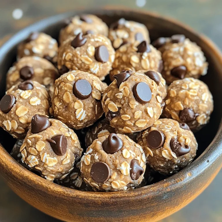 - 1 cup rolled oats - 1/2 cup almond flour - 1/2 cup natural peanut butter (or almond butter for a nutty twist) - 1/4 cup honey or maple syrup (for added sweetness) - 1/4 cup chocolate chips (semi-sweet or dark for rich flavor) - 1/4 cup vanilla protein powder - 1 tsp pure vanilla extract - A pinch of salt You can swap almond flour with oat flour if you prefer. For nut allergies, use sunflower seed butter instead of peanut butter. Maple syrup can replace honey for a vegan option. You can also try coconut sugar for a different sweetness. If you want a chocolatey version, replace some oats with cocoa powder. Each No Bake Cookie Dough Protein Bite contains about: - Calories: 100 - Protein: 4g - Carbohydrates: 10g - Fat: 5g - Fiber: 1g - Sugar: 3g These bites offer a nice boost of energy thanks to the oats and protein powder. They are great snacks that help keep you full and satisfied. Enjoy them before or after workouts for added benefits! To start, gather your ingredients. You need rolled oats, almond flour, peanut butter, honey, chocolate chips, protein powder, vanilla extract, and salt. In a large bowl, mix the rolled oats, almond flour, and protein powder. Use a whisk or spoon to blend well. Make sure there are no lumps. This step sets the base for your bites. Next, take a separate bowl for the wet ingredients. Combine peanut butter, honey, vanilla extract, and a pinch of salt. Whisk until it is creamy and smooth. This creamy mix helps bind everything together. Gradually pour this mixture into the dry mix. Stir with a spatula until it gets thick. If it is too hard to stir, use your hands to knead it. Once your mixture is well combined, fold in the chocolate chips. Make sure they are evenly spread. Now, scoop about a tablespoon of the dough. Roll it into a ball using your hands. Place each ball on a parchment-lined plate. Repeat this until all the dough is shaped. After forming the bites, put them in the fridge for 30 minutes. This helps them firm up. If you can't wait, enjoy a softer treat right away! Start with the dry ingredients. Mix rolled oats, almond flour, and protein powder in a big bowl. Use a whisk or spoon to blend well. This helps avoid lumps. When you mix the wet ingredients, make sure they are creamy. Combine peanut butter, honey, vanilla, and salt in a separate bowl. Whisk until smooth. Pour the wet mix over the dry mix. Stir with a spatula, then switch to your hands for better mixing. Taste is key. Use honey for a sweet flavor or maple syrup for a different taste. If you want it sweeter, add more honey or syrup. You can also reduce the sweetness by using less. Another option is to try different chocolate chips. Dark chips add a rich taste, while semi-sweet offers a milder flavor. Adjusting the sweetness can make these bites perfect for you. These bites taste great on their own. For a fun twist, serve them in a small bowl or jar. You can garnish with extra chocolate chips or a light dusting of almond flour. This adds a nice touch. They work well as a snack after a workout or an easy treat on-the-go. Enjoy them chilled for a firmer bite or at room temp for a softer treat. {{image_4}} You can change the flavors of your protein bites easily. To make them nut-free, swap almond flour for oat flour. This keeps them tasty and safe for those with nut allergies. If you love chocolate, mix in cocoa powder for a rich, chocolatey twist. You can also use mini chocolate chips for a fun look! If you want to try different protein powders, choose one that fits your needs. Whey protein works great, but plant-based options like pea or rice protein are good too. Each powder adds a unique flavor and texture to your bites. Just make sure the protein powder you choose blends well with the other ingredients. Adding extras can make these bites even better. Consider mixing in dried fruits like cranberries or raisins for a sweet touch. You might also add seeds such as chia or flaxseeds for a healthy crunch. These add-ins not only boost flavor but also enhance the nutrition of your protein bites. Feel free to experiment and find your favorite mix! To keep your No Bake Cookie Dough Protein Bites fresh, store them in an airtight container. Place parchment paper between layers if you stack them. This prevents them from sticking together. You can keep them in the fridge for a cool treat or on the counter for easy access. These protein bites last about one week in the fridge. If you want them to last longer, freeze them. They can stay frozen for up to three months. To freeze, place them in a single layer on a baking sheet. Once frozen, transfer them to a freezer-safe bag or container. This way, you can grab a bite whenever you need an energy boost. You do not need to reheat these bites. They are best enjoyed cold or at room temperature. If you prefer a warm treat, you can microwave them for a few seconds. Just be careful not to overheat them, as they can become too soft. Yes, you can make these bites vegan. Use almond butter instead of peanut butter. Swap honey for maple syrup. These changes will keep your bites tasty and plant-based. These protein bites last about one week in the fridge. Store them in an airtight container. If you want them to last longer, freeze them. They will stay fresh for up to three months in the freezer. Yes, you can replace peanut butter with any nut or seed butter. Almond butter, sunflower seed butter, or cashew butter work well. Each option gives a unique flavor and texture. You can use agave syrup or brown rice syrup as a sweetener. Both will add sweetness without changing the taste too much. You can also use mashed banana for a different twist. We explored how to make delicious protein bites from start to finish. We discussed the key ingredients, easy steps for preparation, and tips to boost flavor. You learned about storage options for these bites and answers to common questions. Remember, experimenting with flavors and add-ins can make your snack unique. So, get creative and enjoy these healthy treats whenever you need a quick energy boost!