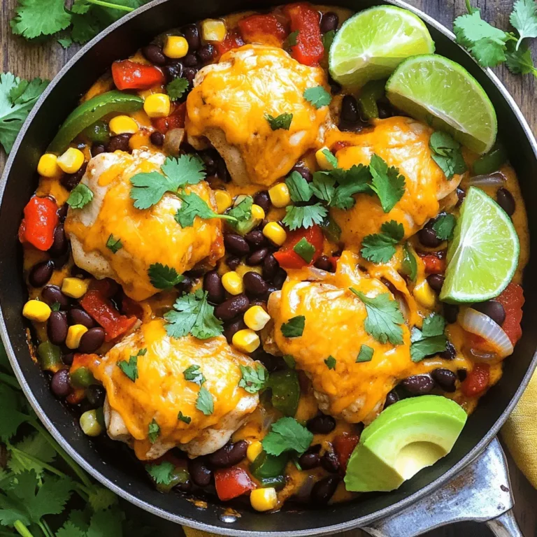 To make a delicious Tex-Mex Chicken Skillet, gather these ingredients: - 1 lb boneless, skinless chicken thighs, diced - 1 tablespoon extra virgin olive oil - 1 medium onion, finely chopped - 2 cloves garlic, minced - 1 bell pepper (red or yellow), diced - 1 cup corn kernels (fresh or frozen) - 1 can black beans (15 oz), rinsed and drained - 1 can diced tomatoes with green chilies (14.5 oz), juices included - 1 tablespoon chili powder - 1 tablespoon ground cumin - 1 teaspoon smoked paprika - Salt and black pepper, to taste - 1 cup shredded sharp cheddar cheese - Fresh cilantro leaves, chopped, for garnish - Ripe avocado slices, for serving - Lime wedges, for serving You can swap some ingredients if needed: - Chicken thighs: Use chicken breast for a leaner option. - Olive oil: Try avocado oil or vegetable oil. - Bell pepper: Any color works; use what you have. - Black beans: Pinto beans or kidney beans are good options. - Diced tomatoes: Use fresh tomatoes if you prefer. When shopping, look for the best ingredients: - Chicken: Choose bright pink and firm chicken. - Onions: Pick firm onions without soft spots. - Bell Peppers: Look for smooth skin and bright color. - Corn: Fresh corn should feel plump; frozen is a great backup. - Beans: Choose low-sodium canned beans for less salt. Using fresh ingredients makes a big difference in flavor! First, gather all your ingredients. This makes cooking easier. Cut the chicken thighs into small pieces. Make sure they are bite-sized. This helps with even cooking. Season the chicken with salt, black pepper, chili powder, cumin, and smoked paprika. Mix well so all pieces are coated. This adds great flavor. In a large skillet, heat the olive oil over medium-high heat. You want it to shimmer. Add the seasoned chicken to the skillet. Cook for about 5-7 minutes. Stir occasionally, so it browns nicely. When the chicken is cooked through, add the onion and garlic. Stir them in and cook for 2-3 minutes. The onion should turn soft and clear. Now, add the bell pepper, corn, black beans, and diced tomatoes. Include all the juices from the tomatoes. Mix everything well. This step is key for great flavor. Lower the heat a bit and let it simmer. Cook for 5-10 minutes, stirring now and then. This lets all the flavors blend together beautifully. Once everything is hot, sprinkle the shredded cheddar cheese on top. Cover the skillet with a lid. Let it cook for 2-3 minutes. You want the cheese to melt and bubble. Remove the skillet from the heat. Add fresh cilantro on top for color and flavor. Serve hot with avocado slices and lime wedges. This adds freshness and a nice zing. To cook chicken just right, use boneless, skinless chicken thighs. They stay juicy. Cut them into bite-sized pieces for even cooking. Heat the olive oil until shimmering before adding the chicken. Season it well with salt, black pepper, chili powder, cumin, and smoked paprika. Cook for 5-7 minutes, stirring often, until browned and cooked through. Always check the chicken's center. It should reach 165°F (75°C) to be safe. If you want a milder dish, cut back on the chili powder. You can start with half a tablespoon. For extra heat, add more chili powder or some diced jalapeños. Remember, it's easier to add spice than to take it away. Taste as you cook to find the right balance for you and your guests. Serving your Tex-Mex Chicken Skillet well can make it even more appealing. Spoon it into bowls, and add ripe avocado slices on top. This adds creaminess and color. Squeeze fresh lime juice over the dish for a zesty finish. You can sprinkle chopped fresh cilantro on top for a pop of green. The bright colors make your meal look as good as it tastes! {{image_4}} You can easily change up your Tex-Mex Chicken Skillet by adding more veggies. Try using zucchini, mushrooms, or even spinach. These vegetables add flavor and color. You can toss them in with your bell pepper. Just make sure they cook down well. This keeps the dish tasty and healthy. If you want to switch up the protein, you have options. You can use ground turkey or beef instead of chicken. For a lighter touch, try shrimp or fish. Make sure to adjust the cooking time based on the protein you choose. Shrimp cooks faster, while beef may need more time. This way, you can enjoy different flavors every time. To make a vegetarian version, skip the chicken and use more beans. You can double the black beans or add pinto beans for variety. Use tofu or tempeh for extra protein. Cook them until golden for the best texture. This way, you keep the dish filling and satisfying. Add extra veggies for crunch and flavor. You’ll have a delicious meal that everyone can enjoy. To keep your Tex-Mex Chicken Skillet fresh, store it in an airtight container. Make sure the dish cools down to room temperature before sealing. This helps to avoid moisture buildup. You can keep it in the fridge for up to three days. If you notice any changes in smell or color, it's best to toss it. When you're ready to enjoy leftovers, reheat the dish on the stove. Place it in a skillet over low heat. Stir occasionally until it's hot all the way through. This usually takes about 5 to 7 minutes. You can also use a microwave. Heat it for 1 to 2 minutes, stirring halfway. Check the temperature to ensure it's hot and safe to eat. If you want to save some for later, freezing is a great option. Portion the skillet into freezer-safe bags or containers. Be sure to remove as much air as possible. You can freeze it for up to three months. When you're ready to eat, thaw it overnight in the fridge. Then reheat it as mentioned above. Enjoy your tasty Tex-Mex meal anytime! You can serve Tex-Mex Chicken Skillet with many tasty sides. Here are a few ideas: - Rice: White or brown rice pairs well. - Tortillas: Warm flour or corn tortillas are great for scooping. - Salad: A simple green salad adds freshness. - Guacamole: Creamy avocado enhances the meal. - Sour Cream: A dollop adds creaminess and cools the heat. Each option adds flavor and makes your meal fun. Yes, you can make this Tex-Mex Chicken Skillet ahead of time. Cook the dish and let it cool. Then, store it in an airtight container in the fridge. It stays fresh for about 3 days. You can also freeze it for up to 2 months. Just reheat it in a skillet or microwave before serving. Cooking chicken thighs takes about 10-15 minutes. In the skillet, brown them for 5-7 minutes first. Then, add the other ingredients and simmer for 5-10 minutes. Always check that the chicken reaches 165°F (75°C) for safety. Proper cooking keeps the chicken juicy and flavorful. You learned about making a flavorful Tex-Mex chicken skillet. We discussed fresh ingredients, cooking steps, and how to adjust spices. I gave you tips on storing leftovers and answered common questions. Cooking can be fun and easy. With the right tips, you can enjoy this dish. Good luck as you try this recipe yourself! Remember, cooking is all about experimenting and having fun.