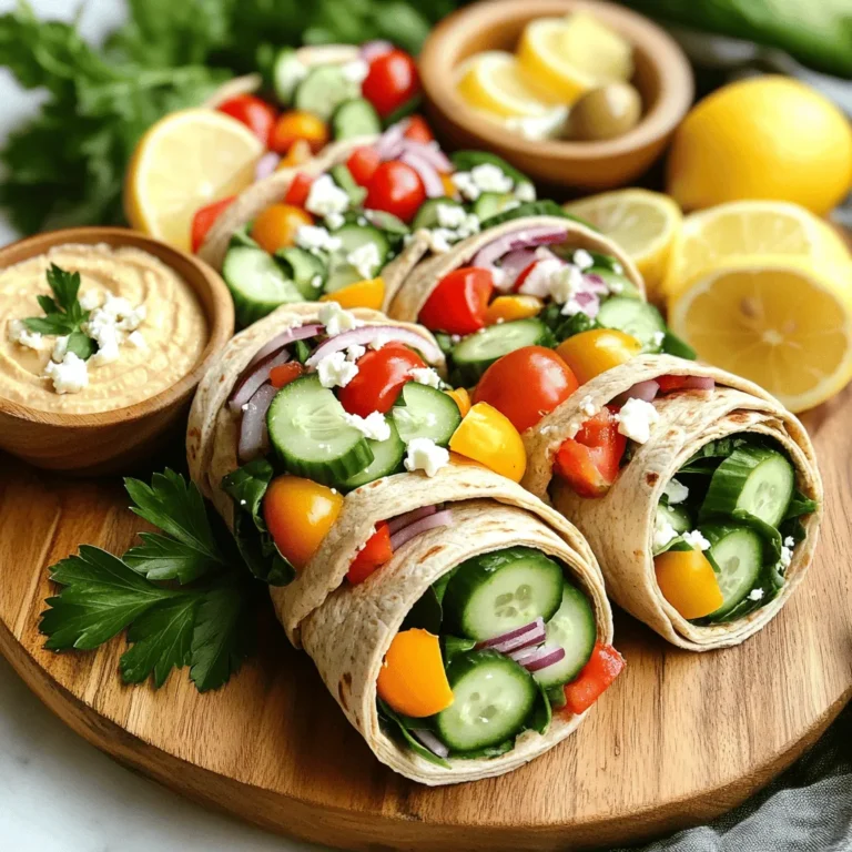 - 4 large whole wheat tortillas - 1 cup hummus (store-bought or homemade) - 1 cup cucumber, thinly sliced - 1 cup cherry tomatoes, halved - 1 cup bell peppers (red, yellow, or green), sliced into thin strips - 1/2 red onion, paper-thin slices - 1 cup baby spinach or a mix of greens - 1/2 cup feta cheese, crumbled - 2 tablespoons extra virgin olive oil - 1 tablespoon fresh lemon juice - Salt and pepper, to taste - 1/2 cup Kalamata olives, pitted and sliced You can customize your Greek Veggie Hummus Wrap with extra ingredients. Consider adding sliced avocado for creaminess or shredded carrots for a sweet crunch. You can swap feta for a dairy-free cheese if you prefer a vegan option. Fresh herbs like dill or parsley can also enhance the flavors. - Hummus: This spread is rich in protein and fiber. It helps keep you full and satisfied. - Whole Wheat Tortillas: They provide more fiber than regular tortillas, making them a healthier choice. - Cucumbers: These are low in calories but high in water content, keeping you hydrated. - Spinach: It is packed with vitamins A, C, and K, plus iron and calcium. - Feta Cheese: This cheese adds flavor and calcium, which is great for bones. - Olive Oil: Extra virgin olive oil is heart-healthy and full of good fats. Combining these ingredients gives you a tasty meal that is also good for you. You get a mix of flavors, colors, and textures in each bite. Start by washing all your veggies well. This step keeps them fresh and clean. Slice the cucumber into thin rounds. Halve the cherry tomatoes. Cut the bell peppers into thin strips. Use a sharp knife for the red onion and slice it paper-thin. Place each type of veggie in separate bowls. This way, you can grab them easily later. In a small bowl, mix two tablespoons of extra virgin olive oil with one tablespoon of fresh lemon juice. Whisk them together until they blend well. Add a pinch of salt and some freshly cracked pepper. Taste your dressing and adjust the seasoning. It should be zesty and bright. - Detailed wrapping technique Lay one whole wheat tortilla flat on a clean surface. Use a spatula or the back of a spoon to spread a thick layer of hummus on the tortilla. Leave about one inch of space at the edges. Layer the sliced veggies on top of the hummus. Start with cucumber, then add cherry tomatoes, bell pepper strips, and red onion. Place a handful of baby spinach on top. Sprinkle crumbled feta cheese over everything. If you like olives, add them now. Drizzle the dressing over the filling. - Slicing and serving suggestions To wrap your tortilla, fold the sides in first. Then, start from the bottom and roll tightly upwards. This keeps all your tasty fillings inside. Once wrapped, slice the wrap in half diagonally. You can use a toothpick to hold it together. Arrange the wraps on a colorful platter. Serve with extra hummus and dressing for dipping. A sprig of fresh parsley or a lemon slice adds a nice touch too. To keep your Greek Veggie Hummus Wrap fresh, use ripe vegetables. Choose cucumbers that are firm and shiny. Select cherry tomatoes that are bright and plump. For bell peppers, pick ones that feel heavy for their size. Fresh greens like baby spinach add taste and crunch. Always wash your veggies before slicing. This step ensures they are clean and safe to eat. You can prep your wrap ingredients in advance. Slice the vegetables a few hours before serving. Store them in airtight containers to keep them crisp. You may also make the dressing ahead of time and store it in the fridge. Just remember to give it a good shake before using. Assemble the wraps right before serving. This way, the tortillas stay soft and fresh. Serve your wraps with a side of extra hummus for dipping. A small bowl of tzatziki sauce adds a nice touch too. Pair these wraps with fresh fruit or a light salad. A simple green salad with lemon vinaigrette complements the wrap well. For a fun twist, serve with pita chips. These ideas make your meal even more enjoyable and satisfying. {{image_4}} You can add proteins to your Greek Veggie Hummus Wrap. Grilled chicken or shrimp works well. You can also use chickpeas for a plant-based option. Adding protein boosts the wrap's flavor and nutrition. Try different cheeses too, like goat cheese or mozzarella. Whole wheat tortillas are great, but you can switch it up. Spinach or tomato tortillas add color and taste. Gluten-free wraps are also an option for those who need them. You can even use lettuce leaves for a low-carb choice. Many ingredients are easy to swap based on your needs. Use dairy-free cheese if you're vegan. You can replace feta with avocado for creaminess. If you're avoiding gluten, choose appropriate wraps. Customize your wrap to fit your diet and taste! Store your leftover Greek Veggie Hummus Wraps in an airtight container. This keeps them fresh. You can also wrap them in plastic wrap for extra protection. Place them in the fridge. Enjoy them within two days for the best taste. If you want to freeze your wraps, wrap each one tightly in plastic wrap. Then, place them in a freezer-safe bag. This helps to avoid freezer burn. To keep them fresh, use them within one month. Thaw them overnight in the fridge before eating. To reheat your wraps, you can use a microwave. Heat them for about 30 seconds. If you want them crispy, use a skillet. Heat on medium for about two minutes on each side. This brings back the texture and taste. Enjoy your wrap warm! Yes, you can make these wraps ahead of time. Wrap them tightly in plastic wrap or foil. Store them in the fridge for up to two days. This way, they stay fresh and tasty. Just remember to add the dressing right before eating. This keeps the veggies crisp. If you don’t have hummus, try using tzatziki or a bean spread instead. Both options add great flavor. You can also use avocado for a creamy texture. Just mash it well and spread it on the tortilla. Yes, you can use gluten-free tortillas. Many stores sell them now. Look for options made from rice or corn. They work well and taste great in this recipe. Absolutely! Feel free to add any veggies you love. Carrots, zucchini, or sprouts are great choices. They add crunch and color. If you like spice, add sliced jalapeños or a sprinkle of red pepper flakes. You can also use spicy hummus for an extra kick. These wraps pair well with a side salad or some fruit. You could also serve them with extra hummus for dipping. Yes, you can try different kinds of cheese. Goat cheese or a dairy-free cheese will work well too. Just crumble it on top as you prepare the wrap. This blog post focused on making Greek Veggie Hummus Wraps. We discussed ingredients, steps, and tips for freshness. You learned how to add proteins and customize wraps to your taste. Remember, freshness matters, so store your wraps right to keep them yummy. With these tips, you can create delicious meals that fit your needs. Enjoy your cooking journey!
