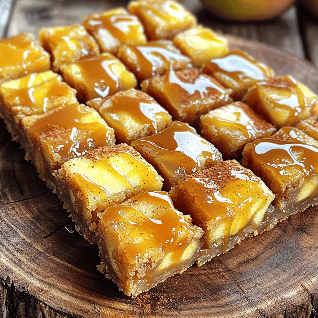 - 1 cup unsalted butter - 1 1/2 cups packed light brown sugar - 1/4 cup granulated sugar - 2 large eggs - 1 teaspoon pure vanilla extract - 2 cups all-purpose flour - 1 teaspoon baking powder - 1/2 teaspoon baking soda - 1/2 teaspoon salt - 1 teaspoon ground cinnamon - 1/2 cup apple cider - 1/2 cup finely chopped tart apples - 1/2 cup caramel sauce The key to great Apple Cider Caramel Blondies is the right mix of ingredients. You need unsalted butter for richness and sweetness from both brown and granulated sugars. The eggs add moisture and help bind the batter. I use pure vanilla extract for depth of flavor. All-purpose flour gives structure. Baking powder and baking soda help the blondies rise, while salt balances the sweetness. Ground cinnamon adds warmth and a hint of spice. Apple cider is crucial for that fall flavor. It makes the blondies moist and adds a unique taste. Tart apples, like Granny Smith, give a nice contrast to the sweet caramel. Lastly, caramel sauce adds a gooey layer of sweetness, making each bite heavenly. - Store-bought vs. homemade caramel sauce - Types of apples for best flavor You can use store-bought caramel sauce for ease. But homemade caramel gives a richer flavor. If you go homemade, take care to not burn the sugar. When choosing apples, tart varieties work best. They add a nice zing to the sweet blondies. Consider using a mix of Granny Smith and Honeycrisp for added flavor complexity. First, preheat your oven to 350°F (175°C). This step is very important. The right heat helps the blondies bake evenly. Next, prepare your baking pan. Grease a 9x13 inch pan with butter or non-stick spray. Line it with parchment paper, letting the edges hang over. This makes it easy to lift out the blondies later. In a large bowl, combine the melted butter, light brown sugar, and granulated sugar. Whisk these together for about 2-3 minutes. You want it to be smooth and shiny. Then, add the eggs one at a time. Make sure to whisk well after each egg. This helps the mixture blend nicely. Finally, stir in the vanilla extract for a touch of flavor. In another bowl, whisk together the all-purpose flour, baking powder, baking soda, salt, and ground cinnamon. This step is key. Whisking ensures that all the dry ingredients mix well. It helps your blondies rise and taste great. When you add this dry mix to the wet ingredients, stir gently. Be careful not to overmix. Overmixing can make your blondies tough. Now it’s time to assemble! Pour half of the batter into the prepared pan. Spread it evenly across the bottom. Drizzle half of the caramel sauce over this layer. Let it seep into the batter. Next, dollop the remaining batter on top. Gently spread it without disturbing the caramel. Finally, drizzle the rest of the caramel on top. Use a knife to swirl it gently. This creates a beautiful marbled effect. Bake your blondies in the preheated oven for 25-30 minutes. Keep an eye on them. The edges should turn golden brown. To check for doneness, insert a toothpick into the center. If it comes out clean with a few moist crumbs, they are ready. This means they are fudgy and perfect! Once baked, let the blondies cool in the pan for about 10 minutes. Then, lift them out using the parchment paper edges. Transfer them to a wire rack to cool completely. When they are cool, cut them into neat squares. For a nice touch, drizzle some extra caramel on top. A sprinkle of ground cinnamon adds elegance and flavor. Enjoy your delicious blondies! To get fudgy blondies, I focus on two key things: mixing time and flour amount. Mix the wet and dry ingredients only until they blend. If you mix too much, your blondies can turn out dry and cakey. You want a thick batter, so don't overdo the flour. Using the correct amount helps keep them moist and chewy. Adding spices can make your blondies pop. Try a pinch of nutmeg or ginger for warmth. I love to add chopped nuts or chocolate chips for texture. For the caramel, you can use store-bought for ease or make your own for a richer taste. Homemade caramel brings a special touch that store-bought can't match. One common mistake is overmixing the batter. This can lead to tough blondies, and nobody wants that. Also, be careful when measuring ingredients. Use dry measuring cups for flour and sugar, and liquid measuring cups for cider. Accurate measuring makes a big difference in the final product. {{image_4}} You can switch up the flavors of these blondies in fun ways. One option is to make Pumpkin Spice Apple Cider Blondies. Just add pumpkin puree and more spices like nutmeg and ginger. This twist gives a warm, cozy taste perfect for fall. You can also try Chocolate Chip Apple Cider Blondies. Add 1 cup of chocolate chips to the batter. The sweet chocolate will mix well with the apple cider flavor. It creates a delightful contrast that many love. If you need gluten-free blondies, use a gluten-free flour blend instead of all-purpose flour. This swap works well without changing the taste much. Just ensure the blend has a binding agent like xanthan gum. For dairy-free options, replace the butter with coconut oil or a dairy-free spread. You can also use almond milk or oat milk in place of regular milk if your recipe calls for it. These changes will still give you moist blondies. Want to add some crunch? Toss in 1/2 cup of nuts like walnuts or pecans. They add a nice texture and a rich taste. You can also incorporate dried fruits. Dried cranberries or raisins work great in this recipe. They add sweetness and a chewy bite, making your blondies even more enjoyable. To keep your apple cider caramel blondies fresh, store them in an airtight container. This prevents them from drying out. You can use glass or plastic containers. Line the container with parchment paper for extra protection. Keep them at room temperature for up to three days. To freeze blondies, cut them into squares first. Wrap each square in plastic wrap. Then place them in a freezer-safe bag or container. They can stay frozen for up to three months. When you want to enjoy them, take out a square and let it thaw at room temperature. For a warm treat, heat them in the microwave for 10-15 seconds. Check for signs of spoilage before eating. If the blondies have a sour smell or mold, it's time to toss them. To maximize shelf life, keep them away from heat and moisture. Store them in a cool, dry place. Enjoy your blondies while they're fresh for the best taste! Yes, you can use different apples. I love using Granny Smith apples for their tartness. They add a nice balance to the sweet blondies. Other good choices include Honeycrisp or Fuji apples. Both offer sweetness and a crisp texture. Just make sure to chop them finely for even distribution in the batter. To boost caramel flavor, use a rich caramel sauce. You can make your own or buy a good quality one. Adding a bit more apple cider can enhance the caramel taste too. If you really want to go for it, drizzle extra caramel on top before serving. This adds a beautiful look and more flavor. If your blondies are dry, check your baking time. Overbaking can lead to dryness. Make sure to bake until the edges are golden and a toothpick comes out with moist crumbs. Also, ensure you measure your flour correctly. Too much flour can also cause dryness. If you find them dry, serve with ice cream or drizzle with more caramel sauce to add moisture. Absolutely! Nuts like walnuts or pecans add a nice crunch. You can also stir in chocolate chips for a sweet surprise. Just fold them into the batter after mixing the wet and dry ingredients. Make sure not to overmix to keep the blondies soft and fudgy. These blondies require simple, fresh ingredients, like butter, apples, and caramel. You learned about mixing techniques, baking tips, and how to store them. With the right methods, you can create the perfect dessert every time. Remember, you can switch ingredients for fun flavors, like pumpkin spice. Don’t forget common mistakes to avoid to ensure success. Enjoy your sweet treats whenever you want with these practical tips! Your baking experience just got easier and tastier.